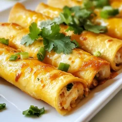 - 2 cups cooked shredded chicken - 1 cup cream cheese, softened - 1 cup shredded cheddar cheese - 1/2 cup green onions, diced - 1 tablespoon garlic powder - 1 teaspoon cumin - 1 teaspoon chili powder - Salt and pepper to taste - 10-12 small flour tortillas - Cooking spray - Fresh cilantro, for garnish When I think of Baked Cream Cheese Chicken Taquitos, I think of comfort. The first thing you need is cooked shredded chicken. This makes it fast and easy. You can use leftover chicken or buy a rotisserie chicken. The choice is yours! Next is cream cheese. Softened cream cheese gives a nice, creamy texture. It blends well with the chicken and cheese. Then, add cheddar cheese for a rich flavor. Shredded cheddar adds a nice bite to the mix. Diced green onions bring freshness and a little crunch. They add color and taste to the taquitos. Now let’s talk spices. Garlic powder is a must. It adds a punch of flavor. Cumin and chili powder give a warm and earthy touch. Don't forget salt and pepper. They bring all the flavors together. For the wrap, you will need small flour tortillas. They are soft and easy to roll. A quick spray of cooking spray helps the taquitos get crispy in the oven. Finally, fresh cilantro is for garnish. It adds a beautiful touch to your dish. Each ingredient plays a role in making these taquitos a simple delight. {{ingredient_image_1}} - Preheat the oven to 400°F (200°C). - Line a baking sheet with parchment paper. - In a bowl, combine 2 cups of shredded chicken, 1 cup of softened cream cheese, 1 cup of shredded cheddar cheese, and 1/2 cup of diced green onions. - Add 1 tablespoon of garlic powder, 1 teaspoon of cumin, 1 teaspoon of chili powder, and salt and pepper to taste. - Mix until the filling is well combined. - Warm 10-12 small flour tortillas in the microwave for about 30 seconds to make them easy to roll. - Place about 2 tablespoons of the chicken mixture onto the lower third of each tortilla. - Roll the tortillas tightly around the mixture, tucking in the sides as you go. - Place the rolled taquitos seam-side down on the prepared baking sheet. - Lightly spray the tops of the taquitos with cooking spray. - Bake in the preheated oven for 20-25 minutes, or until golden brown and crispy. To prevent filling from spilling out, place it on the lower third of the tortilla. Roll it tightly but gently, tucking in the sides as you go. This tactic keeps your filling secure. To keep tortillas pliable, warm them in the microwave for about 30 seconds. This small step makes a big difference when rolling. To get that perfect crunch, adjust your baking times. Each oven is different, so keep an eye on your taquitos. Start checking them around the 20-minute mark. For even crispiness, use cooking spray on the tops before baking. A light coat helps achieve a golden brown finish. For dips, I love pairing taquitos with guacamole or sour cream. These creamy options balance the crunch. You can also serve them with salsa for a fresh kick. As for sides, think about adding a simple salad or some black beans. These pair well with the flavors of the taquitos and round out your meal. Pro Tips Warm the Tortillas: Warming the tortillas before rolling makes them more pliable and less likely to crack. Don't Overfill: Be generous but avoid overfilling the taquitos to prevent them from bursting while baking. Use Parchment Paper: Lining the baking sheet with parchment paper ensures easy cleanup and prevents sticking. Experiment with Spices: Feel free to customize the spice blend based on your taste preferences for a unique flavor profile. {{image_2}} You can change the filling based on your taste. Want some heat? Add spicy jalapeños! Just chop them finely and mix them in with the chicken and cream cheese. You’ll get a kick with every bite! For a vegetarian option, swap the chicken for black beans or lentils. Mix these with the cream cheese and some diced bell peppers. It’s creamy, tasty, and still filling! When it comes to tortillas, you have options. Flour tortillas are soft and easy to roll. They hold the filling well. If you prefer a crunchier texture, corn tortillas work great too. Just warm them first to prevent cracking. For those who need gluten-free options, look for gluten-free tortillas. They are widely available and work just as well. You won’t miss out on flavor! A good dipping sauce makes your taquitos even better. Salsa is a classic choice. You can make it fresh by mixing chopped tomatoes, onions, cilantro, lime juice, and salt. Guacamole is another favorite. Just mash ripe avocados, add lime juice, and mix in some diced onions and salt. Both pair perfectly with your taquitos! To keep your baked cream cheese chicken taquitos fresh, store them in the fridge. Place them in an airtight container. They stay good for about three days. To avoid sogginess, let them cool down before sealing. You can also use parchment paper between layers for extra protection. If you want to save some for later, freezing is the best option. Wrap each taquito tightly in plastic wrap. Then, place them in a freezer bag. They can last up to three months in the freezer. When you're ready to eat, remove them from the freezer. Preheat your oven to 400°F (200°C). Bake them for about 25-30 minutes, until they are hot and crispy. To avoid sogginess, do not store them while still warm. Always cool them first. When reheating, place them on a baking sheet in a single layer. This helps restore their crispiness. If you plan to eat them later, consider saving the garnish for when you serve them. This keeps your taquitos looking fresh and tasty. Yes, you can use rotisserie chicken. It saves time and adds flavor. Rotisserie chicken is already cooked, so you skip the cooking step. Just shred the chicken before using it. This makes your taquitos quick and easy to prepare. Frozen taquitos take longer to cook. Bake them at 400°F (200°C) for about 25-30 minutes. You may need to add a few extra minutes. Check for a golden brown color to know they are done. Baking time can change based on your oven. You can swap some ingredients for healthier options. Use low-fat cream cheese or Greek yogurt instead. Choose whole wheat tortillas for added fiber. For less fat, reduce the amount of cheese. You can also add more veggies, like spinach or bell peppers, to boost nutrition. You now have a complete guide for making tasty taquitos. We covered the key ingredients, step-by-step instructions, and helpful tips for success. You can explore fun variations and smart storage methods, too. Taquitos offer a great way to enjoy snacks or meals. With these simple recipes and ideas, you can impress friends and family. Enjoy your cooking and savor every bite!