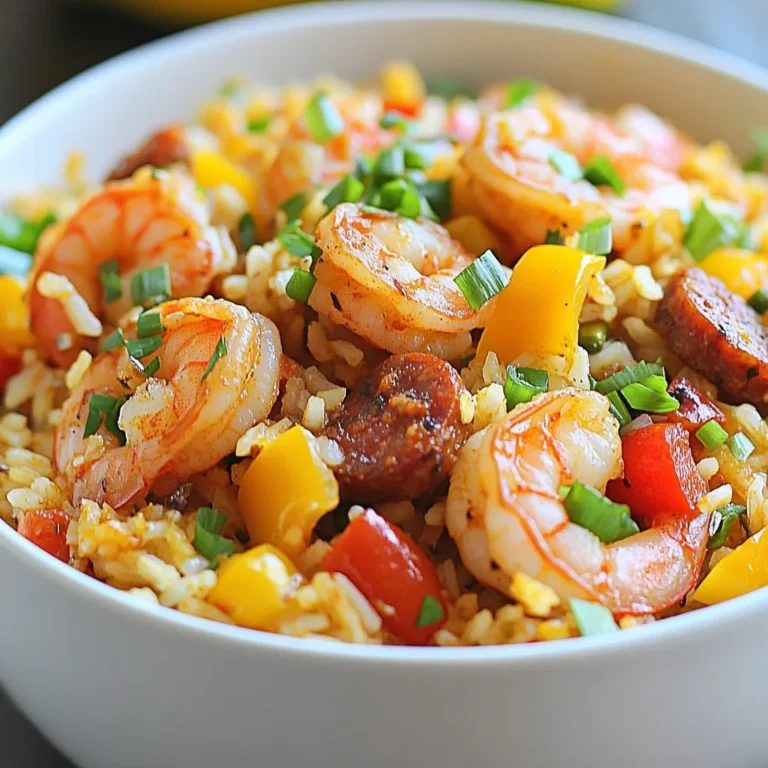 To make Cajun Dirty Rice with Shrimp and Sausage, gather these ingredients: - 1 cup long-grain rice - 2 cups chicken broth - 1/2 pound andouille sausage, sliced - 1/2 pound shrimp, peeled and deveined - 1 bell pepper, diced (red or green) - 1 small onion, diced - 2 cloves garlic, minced - 2 stalks celery, diced - 2 tablespoons Cajun seasoning - 1 tablespoon olive oil - Salt and black pepper to taste - 2 green onions, sliced (for garnish) - 1 tablespoon fresh parsley, chopped (for garnish) If you can't find andouille sausage, you can use kielbasa or chorizo. For shrimp, you can swap it with chicken if you prefer. You can also use vegetable broth instead of chicken broth for a vegetarian option. Don’t worry if you don’t have a bell pepper; any color will do, or you can skip it altogether. When picking your shrimp, look for ones that smell fresh and have a firm texture. The shells should be clean and shiny. For the sausage, choose one that feels firm and has a bright color. Fresh vegetables should be crisp. Check for any soft spots or discoloration. When buying rice, long-grain is key for the best texture. Always check the expiration date to make sure it’s fresh. {{ingredient_image_1}} Start by rinsing the long-grain rice under cold water. Rinse until the water runs clear. This step removes extra starch and helps keep the rice fluffy. Next, bring 2 cups of chicken broth to a boil in a medium saucepan. Add in the rinsed rice. Lower the heat to low, cover, and let it simmer for 18-20 minutes. The rice should be tender and absorb the broth completely. While the rice cooks, heat 1 tablespoon of olive oil in a large skillet over medium heat. Add 1/2 pound of sliced andouille sausage. Sauté for about 5 minutes until it gets a nice brown color. Next, toss in 1 diced onion, 1 diced bell pepper, and 2 diced celery stalks. Cook these for another 5 minutes until they soften. Stir in 2 minced garlic cloves and 2 tablespoons of Cajun seasoning. Cook for 1 minute to let the flavors mix well. Now, add 1/2 pound of peeled and deveined shrimp to the skillet. Cook them for about 3-4 minutes until they turn pink and opaque. Once your rice is ready, fluff it with a fork. Then, add the rice to the skillet with the sausage and shrimp. Stir everything to mix well and heat it through. Season with salt and black pepper to taste. Serve hot, garnished with sliced green onions and chopped parsley. Enjoy your delicious Cajun dirty rice! To make your dirty rice truly Cajun, use bold spices. Cajun seasoning is key. It usually has paprika, garlic powder, and cayenne. You can find it at most stores. Feel free to add more or less based on your taste. If you like heat, sprinkle in some extra cayenne. Fresh herbs can also boost flavor. Try adding thyme or bay leaves while cooking. For perfect rice, rinse it well. This removes extra starch and keeps it fluffy. Use long-grain rice for the best texture. Cook it in chicken broth for added flavor. Once the rice is done, fluff it with a fork. This step helps separate the grains. Letting it sit for a few minutes after cooking also improves texture. Garnishes make your dish pop. Green onions add a nice crunch and color. Chopped parsley brings a fresh taste. You can sprinkle these on top right before serving. For extra flair, serve with lemon wedges. A squeeze of lemon brightens the dish. This adds a nice touch to your Cajun dirty rice. Pro Tips Rinse Your Rice: Rinsing the rice before cooking helps to remove excess starch, resulting in fluffier and less sticky rice. Perfectly Cooked Shrimp: Be careful not to overcook the shrimp; they should only take about 3-4 minutes until they turn pink and opaque. Adjust the Spice Level: If you prefer a milder dish, reduce the Cajun seasoning or serve with a side of hot sauce for those who like it spicy. Garnish for Freshness: Fresh herbs like parsley and green onions not only add color but also enhance the flavors of the dish. {{image_2}} You can make dirty rice without meat. Use mushrooms instead of sausage. They add great flavor. For shrimp, try using tofu or tempeh. Both soak up spices well. Add more veggies like zucchini or carrots for extra nutrition. Use vegetable broth instead of chicken broth. This keeps the dish tasty and plant-based. If you want a different protein, chicken works great. Use diced chicken breast or thighs. Cook them until brown, then add veggies. Crawfish is another fun choice. Toss in cooked crawfish when you add the shrimp. It brings a unique Cajun taste. Both options give the dish a new twist. To spice things up, add hot sauce while cooking. This gives a nice kick. You can also mix in fresh herbs. Chopped thyme or bay leaves add depth. Consider topping your dish with fresh cilantro for a fresh taste. These simple changes enhance the flavors and make each bite exciting. After enjoying your Cajun dirty rice, let it cool. Place leftovers in an airtight container. This keeps the dish fresh. Store it in the fridge. It will last for about 3 to 4 days. If you have more than one serving, divide it into smaller portions. This makes it easier to reheat later. To reheat, use the microwave or stove. For the microwave, place the rice in a bowl. Add a splash of chicken broth or water to keep it moist. Cover the bowl with a lid or plastic wrap. Heat for 1-2 minutes, stirring halfway through. On the stove, add the rice to a skillet. Heat over medium-low heat, stirring often. Add a little broth or water if it seems dry. You can freeze Cajun dirty rice too. Place cooled rice in a freezer-safe container. Make sure to seal it tightly. It will last for up to 3 months in the freezer. When ready to eat, thaw it overnight in the fridge. Reheat it using the methods above. This way, you can enjoy that tasty dish anytime! Cooking Cajun Dirty Rice takes about 40 minutes. This includes 15 minutes to prep and 25 minutes to cook. You start by rinsing the rice. Then, cook the rice in chicken broth for about 18-20 minutes. While the rice cooks, prepare the sausage, shrimp, and veggies. Yes, you can make Cajun Dirty Rice ahead of time. It stores well in the fridge for up to 3 days. Just let it cool before storing it in an airtight container. This makes it easy for meal prep. You can simply reheat it when you are ready to eat. The best way to reheat Cajun Dirty Rice is on the stove. Place it in a skillet over low heat. Add a splash of chicken broth or water to keep it moist. Stir it often until heated through. You can also use the microwave if you prefer. Just cover it to keep the moisture in. This blog post covered how to make tasty Cajun Dirty Rice. We explored the important ingredients and helpful substitutions. I shared step-by-step instructions to prepare and combine the rice with sausage and shrimp. We discussed tips for perfect cooking and even ways to adapt the dish. Lastly, we looked at storage and reheating methods. Enjoy your cooking adventure! Cajun Dirty Rice is fun and brings so much flavor to your table.