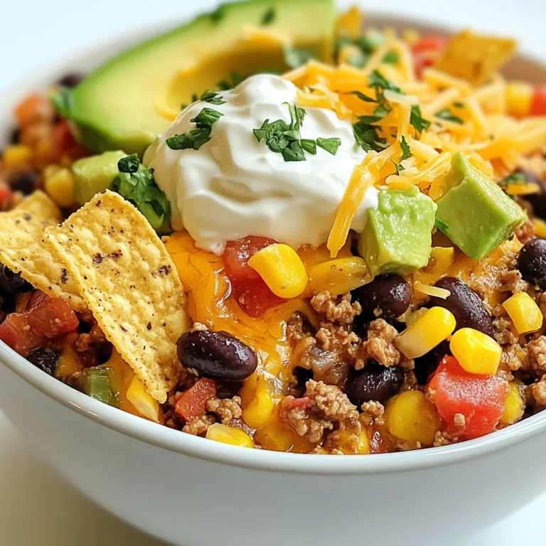 - 1 pound ground beef (or turkey) - 1 can (15 oz) black beans, drained and rinsed - 1 can (15 oz) kidney beans, drained and rinsed - 1 can (15 oz) corn, drained - 1 can (10 oz) diced tomatoes with green chilies - 1 packet taco seasoning - 1 cup salsa These main ingredients form the base of your Crockpot Taco Casserole. The ground beef or turkey adds protein. Black beans and kidney beans boost fiber and taste. Corn gives a nice crunch, while the diced tomatoes with green chilies add a spicy kick. Taco seasoning and salsa tie it all together with flavor. - 1 cup shredded cheese (cheddar or Mexican blend) - 1 cup tortilla chips, crushed - Optional toppings: sour cream, avocado, chopped cilantro, jalapeños Adding shredded cheese on top creates a cheesy layer that melts into your casserole. Crushed tortilla chips give a tasty crunch. You can top your dish with sour cream and avocado for creaminess. Fresh cilantro adds brightness, and jalapeños provide extra heat if you like spice. These optional ingredients let you customize your casserole. Feel free to mix and match based on what your family enjoys! {{ingredient_image_1}} Start by browning your ground beef or turkey in a skillet over medium heat. Stir the meat often. Cook until it turns brown and is no longer pink. This takes about 7 to 10 minutes. Next, drain any excess fat from the meat. You want the meat to be lean and tasty. This step helps avoid greasy casserole. Once your meat is ready, transfer it to the crockpot. Then, layer in the canned ingredients. Add the drained black beans, kidney beans, and corn. Pour in the diced tomatoes with green chilies. Now, sprinkle in the taco seasoning. This gives your casserole lots of flavors. Stir everything together until it is well mixed. Don't forget to pour in the salsa! This adds a nice kick. Give it a gentle stir to blend the salsa with the other ingredients. Cover your crockpot. You can cook it on low for 4 to 6 hours or on high for 2 to 3 hours. Both ways work well, but low heat makes it better. About 30 minutes before serving, stir in the crushed tortilla chips and half of the shredded cheese. This adds crunch and flavor. Finally, sprinkle the remaining cheese on top. Cover the crockpot again and let it melt for about 15 to 20 minutes. This step makes the casserole gooey and delicious. Enjoy your meal! To make your taco casserole just right, you can adjust the spiciness. If you like it hot, add sliced jalapeños. You can mix them in or place them on top right before serving. This gives a nice kick for those who enjoy heat. For even cooking, layer your ingredients well. Start with the meat, then add beans, corn, and tomatoes. Make sure to stir everything together. This helps the flavors meld and ensures each bite tastes great. To make your meal pop, consider some tasty garnishes. Sour cream adds creaminess, while avocado gives a fresh taste. Chopped cilantro brightens up the dish, making it look nice. You can also sprinkle some crushed tortilla chips on top for crunch. When plating, use bowls to serve. Make it fun by adding a dollop of sour cream and a slice of avocado on top. This not only looks good but also makes each bite more enjoyable. If you want more spice, add jalapeños to individual bowls. Pro Tips Use Lean Meat: Opt for lean ground beef or turkey to reduce fat content and calories, making the dish healthier without sacrificing flavor. Customize the Spice: Adjust the amount of taco seasoning or add fresh jalapeños if you prefer a spicier casserole. Taste as you go! Add Fresh Vegetables: Incorporate chopped bell peppers, onions, or zucchini for added nutrition and texture in the casserole. Serve with Fresh Toppings: Enhance your casserole with fresh toppings like diced tomatoes, avocado slices, and cilantro to brighten the flavors. {{image_2}} You can change the protein in this dish easily. Try using chicken instead of ground beef. Shredded rotisserie chicken works great. If you're vegetarian, opt for lentils or mushrooms. These give a nice texture. You can also swap the beans. If you don't like black beans, use pinto beans or chickpeas. They add their own flavor and protein. For veggies, add bell peppers or zucchini. These add color and nutrition. To give your casserole a kick, add spices like cumin or smoked paprika. They boost the flavor! You can also toss in fresh herbs like cilantro or parsley. They add brightness to the dish. Cheese is essential too. While cheddar is a classic choice, try pepper jack for some heat. Feta can give a tangy taste. You can mix different cheeses for a richer flavor. Choose what you love most! To store your taco casserole in the fridge, let it cool first. Then, place it in an airtight container. This helps keep it fresh. You can store it for about 3-4 days. When you want to eat it again, just reheat it in the microwave or on the stove. Freezing is a great option for longer storage. First, let the casserole cool. Then, cut it into portions. Wrap each portion in plastic wrap and place them in a freezer bag. This helps avoid freezer burn. You can freeze it for up to 2-3 months. When you are ready to eat it, thaw it overnight in the fridge. For best texture, reheat in the oven at 350°F until hot. You can add extra cheese on top before baking for a nice touch. Enjoy your meal! You can easily swap out the meat. Use one pound of chopped mushrooms or lentils instead of ground beef or turkey. Both options add great texture. You can also add more beans, like pinto beans or chickpeas. These will make your casserole hearty and filling. Yes, you can prep this casserole in advance! Brown the meat and mix all other ingredients in the crockpot. Cover it and place it in the fridge overnight. When ready, just cook it on low for 4 to 6 hours. This saves time on busy days. This casserole pairs well with many sides. Some great options are: - Rice or quinoa for a filling base - Fresh salad for a light crunch - Cornbread for a sweet touch - Guacamole and chips for extra dip These sides add variety and make your meal even better. You learned how to make a tasty Crockpot Taco Casserole. We covered the main and optional ingredients, plus step-by-step cooking instructions. Tips and variations help you make it your own. Storing leftovers wisely keeps your dish fresh. Remember, you can adjust flavors and ingredients to suit your taste. This recipe is easy to customize, fun to share, and perfect for any gathering. Enjoy your delicious meal and impress your friends!