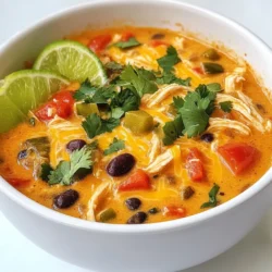 - 1 lb boneless, skinless chicken breasts - 1 medium onion, diced - 3 cloves garlic, minced - 1 red bell pepper, diced - 1 green bell pepper, diced - 1 can (10 oz) diced tomatoes with green chiles - 4 cups chicken broth - 1 can (15 oz) black beans, rinsed and drained - 1 cup corn (frozen or canned) - 1 cup heavy cream - 2 cups shredded cheddar cheese - 2 teaspoons ground cumin - 1 teaspoon chili powder - Salt and pepper to taste - Fresh cilantro for garnish - Lime wedges for serving Using fresh ingredients makes a big difference. For chicken, choose organic or free-range. This adds flavor and quality. Fresh vegetables, like onion and peppers, bring crunch and bright taste. For cheese, I love sharp cheddar. It melts well and packs flavor. You can also try a mix of Monterey Jack and cheddar. It adds creaminess and a twist to the soup. If you want a vegetarian option, replace chicken with mushrooms or zucchini. For a dairy-free version, use coconut milk instead of cream. Nutritional yeast can give it a cheesy taste without dairy. You can also skip cheese altogether and still enjoy a tasty soup. These swaps make the dish more flexible for different diets. {{ingredient_image_1}} To start, gather your ingredients. You will need chicken, onion, garlic, bell peppers, tomatoes, chicken broth, beans, corn, cream, cheese, and spices. 1. In a large pot, add the chicken breasts, diced onion, minced garlic, red bell pepper, green bell pepper, diced tomatoes with green chiles, and chicken broth. 2. Season the mix with cumin, chili powder, salt, and pepper. 3. Bring the pot to a boil over medium-high heat, then reduce to low. 4. Cover the pot and simmer for about 20 minutes. The chicken should be cooked through and tender. 5. Remove the chicken from the pot and shred it using two forks. Return the shredded chicken back to the pot. 6. Add the black beans, corn, and heavy cream to the pot. Stir well to combine. 7. Bring the soup back to a gentle simmer. Gradually stir in the shredded cheddar cheese until it melts and becomes creamy. 8. Taste the soup and adjust the seasoning if needed. 9. Let the soup simmer for another 5–10 minutes. This helps the flavors meld together. 10. Serve hot, garnished with fresh cilantro and lime wedges for a zesty touch. Timing plays a key role in making this soup great. Make sure to keep an eye on the chicken to avoid overcooking. The simmering time is important; it allows the spices to blend well. - Use a meat thermometer to check that the chicken reaches 165°F for safety. - Letting the soup rest for a few minutes after cooking helps flavors deepen. You can make this soup using different methods. Here are three great options: - Stovetop: This is the method described above. It’s quick and simple. - Slow Cooker: Add all the ingredients except cream and cheese to the slow cooker. Cook on low for 6-8 hours. Stir in the cream and cheese at the end for a creamy finish. - Instant Pot: Add all ingredients except cream and cheese. Seal the lid and cook on high pressure for 10 minutes. Quick release, then stir in the cream and cheese. Choose the method that fits your schedule and enjoy this creamy chicken enchilada soup! To get a creamy texture, start with heavy cream. This milk product gives your soup richness. Add it slowly while stirring. This helps prevent any curdling. If you want a lighter option, try half-and-half. You can also use sour cream at the end for extra creaminess. Make sure to heat it gently after adding. Adjust spices to fit your taste. If you love heat, add more chili powder. For a deeper flavor, increase cumin. Taste as you go. This way, you can find the perfect balance. If the soup is too thick, add a bit more chicken broth. If it's too thin, let it simmer longer. Fresh cilantro adds brightness at the end. Toss some on top before serving. This soup pairs well with tortilla chips. They add crunch and fun. You can also serve it with warm tortillas. Lime wedges on the side add a zesty kick. For a richer taste, sprinkle some extra cheese on top. Enjoy your meal with friends or family for a cozy gathering. Pro Tips Use Rotisserie Chicken: For a quicker prep time, consider using store-bought rotisserie chicken instead of cooking raw chicken breasts. Customize the Spice Level: Adjust the amount of chili powder and add jalapeños if you prefer a spicier kick in your soup. Fresh Herbs for Flavor: Adding a handful of fresh herbs like cilantro or parsley at the end enhances the soup's freshness and flavor. Make it Ahead: This soup can be made in advance and stored in the fridge for 3-4 days or frozen for up to 3 months. Just reheat before serving. {{image_2}} You can easily adapt this soup for slow cookers or pressure cookers. For a slow cooker, add all the ingredients except for the cream and cheese. Cook on low for 6 to 8 hours. After that, shred the chicken and stir in the cream and cheese. For pressure cookers, follow the same steps but cook on high for about 15 minutes. Quick and easy! Feel free to get creative with spices. You can add smoked paprika for a deeper flavor. Try using different types of beans, like pinto or kidney beans. You can even add diced jalapeños for a kick. Each change brings a new taste to your soup! If you need a gluten-free option, make sure your broth is gluten-free. You can easily switch to low-carb by using cauliflower instead of corn. For a vegan version, swap the chicken for chickpeas or tofu. Use coconut milk instead of cream and leave out the cheese. This soup can fit many diets! To store leftover soup, let it cool down first. Transfer it to an airtight container. You can keep it in the fridge for up to three days. When you're ready to eat, reheat the soup on the stove over medium heat. Stir it often to keep it from sticking. You can also microwave it. Just heat it in short intervals and stir between each. For long-term storage, freezing is great. Use freezer-safe containers or heavy-duty bags. Make sure to leave some space for the soup to expand. It can last in the freezer for about three months. When you want to enjoy it, thaw it overnight in the fridge. Reheat it gently on the stove. To ensure freshness, always check for signs of spoilage. If the soup smells off or has strange colors, it’s best to toss it. Proper storage is key. When kept in the fridge, always consume it within three days. For frozen soup, try to eat it within three months for the best taste. Yes, you can use rotisserie chicken. It saves time and adds great flavor. Just shred the chicken and add it to the soup when you add the beans and corn. This will cut your cooking time in half. To add heat, use more chili powder or diced jalapeños. You can also add hot sauce to taste. For an extra kick, consider using pepper jack cheese instead of cheddar. Spice up your soup to suit your taste! Yes, this soup is perfect for meal prep. You can store it in airtight containers. It keeps well in the fridge for up to four days. To reheat, simply warm it on the stove or in the microwave. Enjoy it throughout the week! This article covered the key elements for making a delicious soup. We explored essential ingredients, cooking steps, and tips for perfecting the dish. You learned about variations for different diets and how to store leftovers. My final thought is to experiment with flavors and methods. Cooking should be fun and creative. Trust your taste buds to guide you in making a soup that you love. Enjoy your cooking adventure!