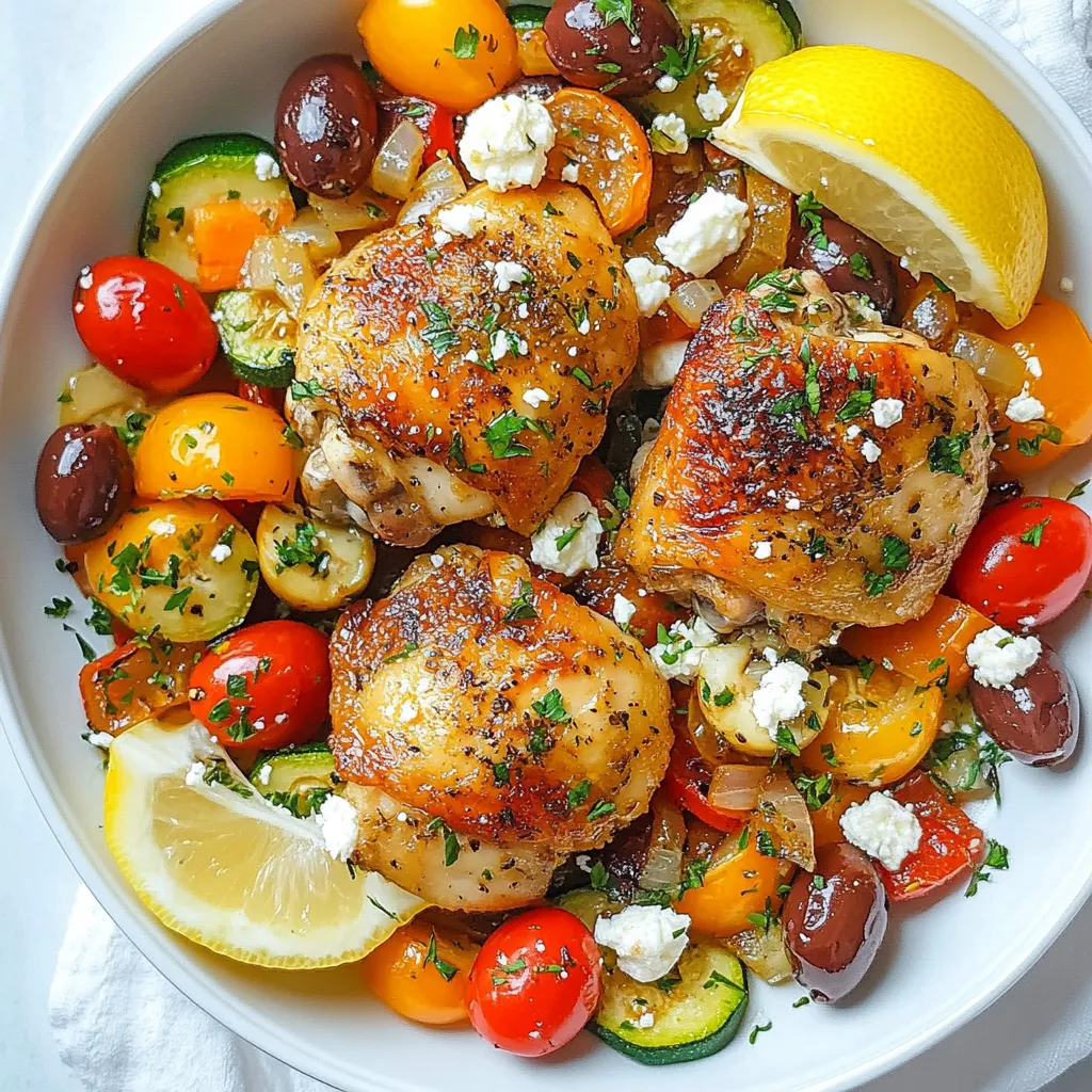 - 4 boneless, skinless chicken thighs - 2 tablespoons olive oil - 1 onion, sliced - 3 cloves garlic, minced - 1 bell pepper (red or yellow), chopped - 1 zucchini, diced - 1 cup cherry tomatoes, halved - 1 teaspoon dried oregano - 1 teaspoon smoked paprika - ½ teaspoon salt - ¼ teaspoon black pepper - ½ cup Kalamata olives, pitted and halved - ¼ cup feta cheese, crumbled - Fresh parsley, chopped (for garnish) - Lemon wedges (to serve) This dish starts with chicken thighs. They stay juicy and tender. I love using boneless and skinless thighs for ease and flavor. Next, we have vibrant vegetables. Sliced onions bring sweetness, while bell peppers add crunch. Zucchini and cherry tomatoes provide color and freshness. The mix of flavors creates a beautiful dish. For seasonings, I use dried oregano and smoked paprika. These add depth and warmth. You’ll also need salt and black pepper to enhance the taste. Kalamata olives bring a briny bite, while crumbled feta cheese adds creaminess. Fresh parsley gives a pop of green, and lemon wedges add brightness at the end. Gather all these ingredients, and you’ll be ready to make a delicious Mediterranean chicken skillet. {{ingredient_image_1}} First, we need to season the chicken thighs. Take your four chicken thighs and sprinkle them with salt, black pepper, oregano, and smoked paprika. Make sure the spices cover each piece well. This step adds a lot of flavor. Next, heat two tablespoons of olive oil in a large skillet over medium heat. Once the oil is hot, place the seasoned chicken thighs in the skillet. Cook them for about 5-7 minutes on each side. You want them to be golden brown and cooked all the way through. The internal temperature should reach 165°F. After cooking, remove the chicken and set it aside. In the same skillet, we will sauté the onions and garlic. Add the sliced onion and minced garlic to the skillet. Cook them for 2-3 minutes until the onion turns translucent. This will create a wonderful aroma. Now, it’s time to add the chopped bell pepper and diced zucchini. Cook these veggies for another 5 minutes, stirring occasionally. You want them to be tender but not mushy. Now we will add the cherry tomatoes and Kalamata olives. Stir them into the skillet and let them cook for about 3 minutes. The tomatoes should start to soften, adding a juicy flavor to the mix. Finally, return the cooked chicken to the skillet. Allow it to heat through with the vegetables for about 2 more minutes. This step helps the chicken soak up those delicious flavors! Once everything is well combined, sprinkle crumbled feta cheese over the top. Remove the skillet from the heat. Garnish with fresh chopped parsley and serve with lemon wedges for a bright, fresh finish. To get perfect chicken texture, choose thighs. They stay juicy and tender. Season your chicken well with salt and smoked paprika. This adds rich flavor. Cook the chicken on medium heat for even cooking. Aim for 5-7 minutes on each side. Use a meat thermometer. The chicken should reach 165°F to be safe. For sautéing vegetables, start with onion and garlic. Heat the olive oil first. Add the onion and garlic to the skillet. Sauté for 2-3 minutes until the onion turns soft. Then add bell pepper and zucchini. Cook these for about 5 minutes. Stir occasionally for even cooking. This helps keep the veggies crunchy. Adjust the seasoning as you cook. Taste the dish before serving. If it needs more flavor, add salt or pepper. You can add a bit more oregano or smoked paprika too. To boost the Mediterranean flavors, consider adding fresh herbs. Basil or mint can add a nice touch. You might also try a splash of lemon juice. This brightens the dish and adds freshness. If you like a bit of heat, add red pepper flakes. This can give it a nice kick. Pro Tips Perfectly Cooked Chicken: Use a meat thermometer to ensure your chicken thighs reach an internal temperature of 165°F for optimal juiciness and safety. Vegetable Variations: Feel free to substitute or add any seasonal vegetables you have on hand, such as spinach or asparagus, to enhance the dish's flavor and nutrition. Olive Oil Flavor: For an extra layer of flavor, consider using infused olive oils, such as garlic or herb-infused, when cooking the chicken. Garnishing Tip: Always garnish with fresh herbs just before serving to preserve their bright color and fresh flavor, enhancing the overall presentation of the dish. {{image_2}} You can easily swap the chicken thighs for chicken breasts. Chicken breasts cook faster. They stay juicy if you don’t overcook them. Just keep an eye on the time. If you want a different protein, try fish. Salmon or cod works well. They cook quickly and absorb the flavors of the dish. You can also use tofu for a plant-based option. Firm tofu holds up well when cooked. Just remember to press it to remove extra water before cooking. Feel free to change the vegetables based on what is in season. Fresh asparagus, green beans, or eggplant can add great flavor. You can also mix in leafy greens like spinach or kale. They cook down nicely and add color. Herbs are another great addition. Fresh basil, dill, or mint can brighten up the dish. Add them at the end for the best flavor. Experimenting with different vegetables makes this dish fun and fresh each time you make it! To keep your Mediterranean chicken skillet fresh, follow these steps: - Cool down: Let the dish cool to room temperature before storing. - Use airtight containers: Choose containers that seal well to keep moisture in. - Refrigerate: Place the containers in the fridge. This dish lasts up to three days. When it's time to enjoy leftovers, use these methods: - Microwave: Place the dish on a microwave-safe plate. Heat in short bursts, stirring in between. This helps warm evenly. - Stove: Heat in a skillet over low heat. Add a splash of water or broth to keep it moist. Stir often to prevent burning. To maintain the flavor, avoid reheating on high heat. Enjoy your meal! To check if the chicken is done, use a meat thermometer. The internal temperature should be 165°F. This ensures the chicken is safe to eat. If you don’t have a thermometer, cut into the thickest part. The meat should be white and juices should run clear. Yes, you can change the spices to fit your taste. Try adding cumin for warmth or coriander for a fresh twist. If you like heat, sprinkle in some red pepper flakes. Experiment with your favorite herbs, too. Fresh herbs like basil or thyme can add a nice touch. This dish is great for meal prep! Cooked chicken and veggies store well. Place them in airtight containers. Keep them in the fridge for up to four days. You can also freeze portions for up to three months. When ready to eat, just reheat in the microwave or on the stove. Enjoy your easy meal anytime! We explored how to make a tasty chicken thigh dish with fresh vegetables and seasonings. I shared step-by-step instructions on preparing the chicken and sautéing the veggies. You got tips for perfect texture and seasoning, plus ideas for variations. Remember, customizing the dish to your taste adds fun. Try different proteins and veggies, and store leftovers properly for best flavor. This meal is not just quick but also tasty and flexible, making it great for any day. Enjoy your cooking adventure!