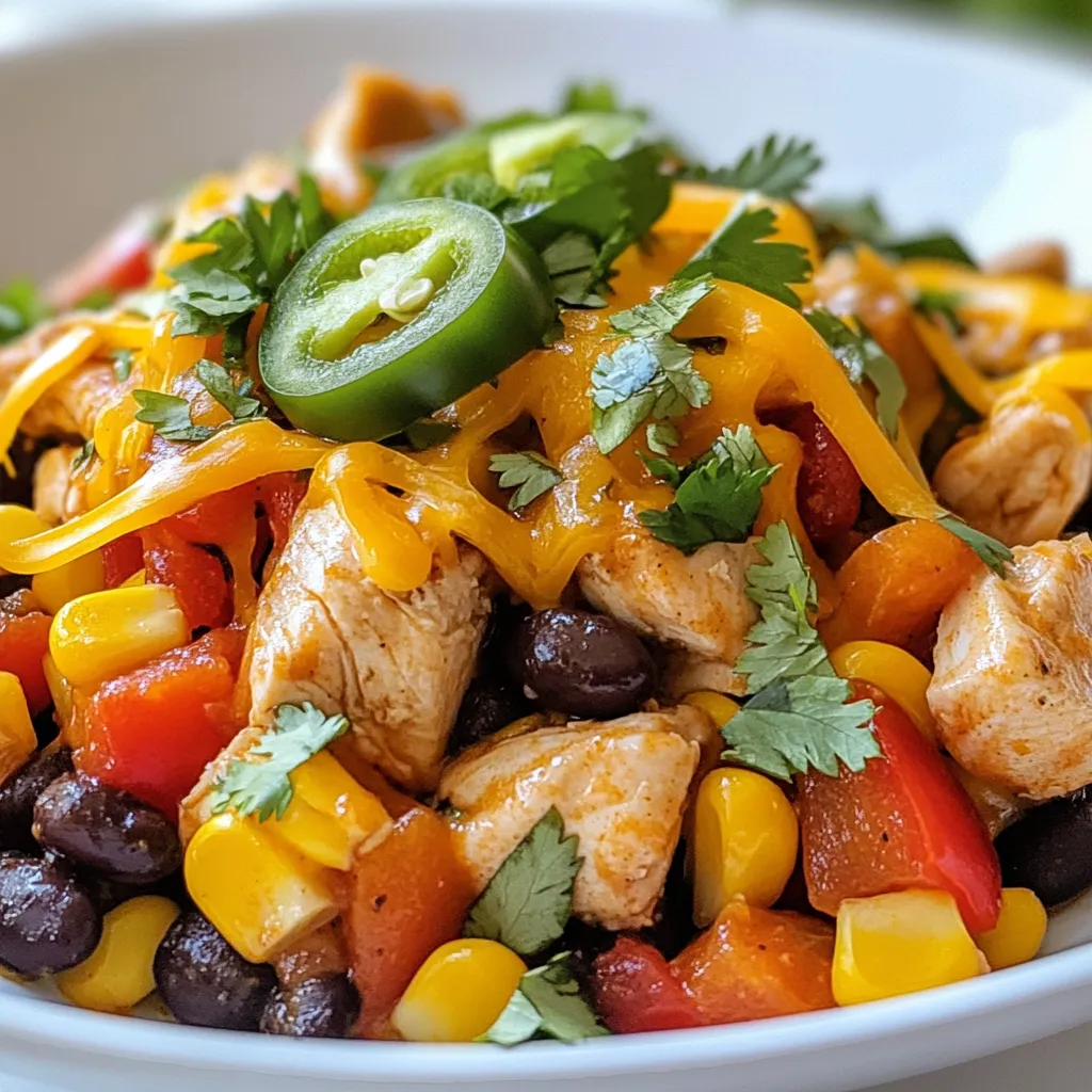 - 1 lb boneless, skinless chicken breasts, cut into bite-sized pieces - 2 tablespoons olive oil - 1 red bell pepper, diced - 1 yellow bell pepper, diced - 1 medium onion, chopped - 2 cloves garlic, minced - 1 teaspoon smoked paprika - 1 teaspoon cumin - 1/2 teaspoon chili powder - 1 can (15 oz) black beans, drained and rinsed - 1 cup corn (fresh, frozen, or canned) - Salt and pepper to taste - 1 cup shredded cheddar cheese - 1/4 cup fresh cilantro, chopped (for garnish) These ingredients come together to create a tasty dish. The chicken gives protein, while the peppers add color and crunch. The black beans and corn add fiber and sweetness. - Sliced jalapeños (for added heat) Jalapeños can spice things up. If you like heat, don’t skip these! - Chicken: You can use turkey or tofu instead of chicken. - Olive oil: Canola oil or avocado oil works well too. - Cheese: Try Monterey Jack or pepper jack for a twist. - Beans: Any type of bean works, like pinto or kidney beans. Feel free to mix it up! Cooking should be fun, and substitutions can lead to new favorites. {{ingredient_image_1}} Start by gathering all your ingredients. You will need chicken, peppers, onion, garlic, spices, beans, corn, cheese, and cilantro. 1. Heat 2 tablespoons of olive oil in a large skillet over medium-high heat. 2. Add 1 chopped onion and 2 minced garlic cloves. Cook for 2-3 minutes until the onion is soft. 3. Add 1 pound of diced chicken. Season with salt, pepper, 1 teaspoon smoked paprika, 1 teaspoon cumin, and 1/2 teaspoon chili powder. Cook for 5-7 minutes. Make sure the chicken is cooked through and has a nice color. 4. Stir in 1 diced red bell pepper, 1 diced yellow bell pepper, 1 can of black beans, and 1 cup of corn. Sauté for another 4-5 minutes. The peppers should be soft but not mushy. 5. Lower the heat and add 1 cup of shredded cheddar cheese evenly on top. Cover the skillet for 2-3 minutes to let the cheese melt. 6. When ready, take it off the heat and sprinkle with chopped cilantro and optional jalapeños for some added heat. To get the best flavor, make sure to season your chicken well. Use fresh spices for a stronger taste. Stir the mix often to avoid burning. If you want a bit more heat, add more jalapeños. - Prep time: 10 minutes - Cooking onions and garlic: 2-3 minutes - Cooking chicken: 5-7 minutes - Cooking peppers, beans, and corn: 4-5 minutes - Melting cheese: 2-3 minutes Each step is quick, so keep an eye on the stove. This dish can be ready in just 30 minutes! To boost the taste of your Cheesy Baja Chicken Pepper Skillet, try these tips: - Use fresh herbs. Fresh cilantro adds a bright touch. Add it right before serving. - Layer spices. Mix smoked paprika, cumin, and chili powder into the chicken as it cooks. This builds rich flavors. - Add acidity. A squeeze of lime juice just before serving lifts the dish. It brightens the overall taste. Here are some pitfalls to watch out for while cooking: - Overcrowding the skillet. Cook in batches if your skillet is too full. This helps the chicken brown nicely. - Not seasoning enough. Taste as you go. Add salt and pepper to enhance flavors. - Skipping the cheese melting step. Cover the skillet and let the cheese melt fully for a creamy finish. Using the right tools makes a big difference. Here’s what I recommend: - Large skillet. A good, heavy skillet ensures even cooking. - Sharp knife. For quick and safe chopping of veggies. - Spatula. Use a sturdy spatula to stir and serve easily. - Lid for the skillet. It helps melt the cheese perfectly and keeps the dish warm. Pro Tips Use Fresh Ingredients: Fresh vegetables and herbs can elevate the flavor of your dish significantly. Always opt for fresh over canned or frozen when possible. Customize the Spice Level: Adjust the amount of chili powder and jalapeños according to your heat preference. You can also add a dash of hot sauce for an extra kick. Cheese Variations: Experiment with different types of cheese, such as pepper jack or Monterey jack, for varied flavors and spice levels. Meal Prep Friendly: This dish stores well in the refrigerator for up to 3 days. Consider making a double batch for easy meal prep throughout the week. {{image_2}} If you crave heat, add sliced jalapeños to the skillet. You can also mix in diced serrano peppers for a kick. If you want more depth, try adding a dash of hot sauce to the chicken as it cooks. A sprinkle of crushed red pepper flakes gives a nice touch, too. These spicy options make each bite exciting and flavorful. To make this dish vegetarian, swap the chicken for extra black beans or chickpeas. You can also use tofu for a protein boost. For a vegan version, replace the cheddar cheese with plant-based cheese or skip it altogether. Nutritional yeast can add a cheesy flavor without dairy. This way, everyone can enjoy a tasty meal. This Cheesy Baja Chicken Pepper Skillet is great on its own, but you can pair it with sides. Serve it over rice or quinoa for a filling meal. You could also enjoy it with warm tortillas or tortilla chips for a crunchy texture. A simple green salad or guacamole makes a fresh contrast. These sides elevate the dish and make it more satisfying. To store leftovers, let the dish cool first. Place it in an airtight container. Refrigerate it right away. The dish can stay fresh for up to three days. Make sure to seal it well to avoid any moisture loss. When you are ready to eat, reheat the skillet in a pan. Use medium heat for even warming. Stir it often to prevent sticking. You can also use a microwave. Heat it in short bursts, about one minute at a time. Stir between each burst until it is hot. You can freeze Cheesy Baja Chicken Pepper Skillet for later use. First, allow it to cool completely. Then, transfer it to a freezer-safe container. Store it for up to three months. When you want to eat it, thaw it in the fridge overnight. Reheat it using one of the methods above. Enjoy your meal again! It takes about 30 minutes to cook this dish. You spend 10 minutes prepping the ingredients. The cooking time is around 20 minutes. This quick meal is perfect for busy weeknights. Yes, you can use different types of cheese. Cheddar is great, but Monterey Jack works too. For a sharper flavor, try pepper jack cheese. Feel free to mix cheeses for a unique taste. You can make this dish ahead of time. Cook the skillet meal and let it cool. Store it in an airtight container in the fridge. It stays fresh for up to three days. Reheat it on the stove for best results. To sum it up, we explored the tasty world of Cheesy Baja Chicken Pepper Skillet. We detailed essential and optional ingredients, plus substitutions if needed. You learned step-by-step cooking methods and how to avoid common mistakes. We discussed flavor enhancements and variations for all diets. Plus, we covered storage tips for leftovers. Now you have all the tools to make this dish shine. Enjoy creating and sharing delicious meals with friends and family!