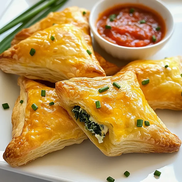 To make puff pastry bites, gather these key ingredients: - 1 sheet of puff pastry, thawed - 1 cup cooked, shredded chicken - ½ cup cream cheese, softened - ½ cup shredded cheddar cheese - 1 tablespoon fresh chives, chopped - 1 cup spinach, wilted and chopped - 1 egg, beaten (for egg wash) - Salt and pepper to taste These ingredients form the base for two tasty fillings. The chicken mix is rich and creamy, while the spinach mix is fresh and vibrant. You can customize your puff pastry bites with these extras: - Garlic powder for added depth - Red pepper flakes for a kick - Fresh herbs like parsley or basil for brightness - Different cheeses like feta or mozzarella for variety Feel free to mix and match to suit your taste! To prepare your puff pastry bites, you will need: - Baking sheet lined with parchment paper - Rolling pin for flattening the pastry - Mixing bowls for each filling - Fork for sealing the pastry edges - Pastry brush for the egg wash Having these tools ready makes the process smooth and fun! {{ingredient_image_1}} Start by preheating your oven to 400°F (200°C). This step is key for a crispy outer layer. While the oven heats, grab a baking sheet. Line it with parchment paper for easy cleanup. This helps prevent the bites from sticking and makes your life easier. In a medium bowl, mix one cup of cooked, shredded chicken with half a cup of softened cream cheese. Add in half a cup of shredded cheddar cheese for richness. Chop one tablespoon of fresh chives and toss them in too. Season with salt and pepper to taste. Stir until everything blends well. This filling is creamy and packed with flavor. For the spinach filling, take a new bowl. Combine one cup of wilted and chopped spinach with half a cup of cream cheese. Add a pinch of salt and pepper. Mix well until the spinach is evenly coated. This filling brings a nice green touch and a fresh taste. On a lightly floured surface, roll out your thawed puff pastry sheet. Cut it into 3-inch squares. Place a tablespoon of the chicken mixture in the center of half the squares. For the other half, use a tablespoon of the spinach mixture. Now, fold the squares over to form triangles. Press the edges with a fork to seal them well. This step makes sure the filling stays inside while baking. Place the filled pastries on your prepared baking sheet. Brush the tops with the beaten egg. This gives your pastries a beautiful golden color. Bake them in the oven for 15 to 18 minutes. Keep an eye on them; they should puff up and turn golden brown. Once done, let them cool for a few minutes before serving. These bites will be warm, flaky, and delicious! To get that nice golden color, start with a hot oven. Set your oven to 400°F (200°C). This heat helps puff pastry rise and crisp up. Brush the tops with a beaten egg. The egg wash gives a golden shine. One common mistake is not sealing the edges well. If they are not sealed, filling leaks out during baking. Another mistake is overcrowding the baking sheet. Leave space between each bite so they puff up nicely. Lastly, avoid working with warm pastry. Keep it cold for better results. Serve your puff pastry bites warm. Arrange them on a wooden board for a rustic look. Add a small bowl of marinara or garlic sauce in the center. This makes for a fun dipping option. Garnish with fresh herbs, like chives or parsley, to add color and flair. Pro Tips Use Cold Puff Pastry: Ensure your puff pastry is cold when you work with it. This helps it puff up nicely in the oven, creating that flaky texture we love. Experiment with Fillings: Don't hesitate to try different fillings! You can use leftover meats, various cheeses, or even sweet fillings like fruit preserves for dessert versions. Seal Properly: Make sure to seal the edges of the pastry well; otherwise, the filling may leak out during baking. Use a fork or your fingers to crimp the edges securely. Cool Before Serving: Let the puff pastry bites cool for a few minutes after baking. This allows the filling to set slightly, making them easier to handle and enhancing the flavors. {{image_2}} You can make tasty vegetarian bites with just a few changes. Swap the chicken for a mix of roasted veggies. Try bell peppers, zucchini, and mushrooms. Use the same cream cheese to bind it all. This gives you a rich flavor and a nice texture. Add herbs like basil or oregano for extra taste. If you love meat, you can amp up the flavor easily. Replace the chicken with cooked sausage or ground beef. Mix in the cream cheese, cheddar, and some spices. You can add cooked bacon for a smoky touch. These bites will pack a punch and satisfy any meat lover. Cheese can really change the game in puff pastry bites. Use a mix of cheeses for depth. Try mozzarella for stretch and gouda for a smoky flavor. Blend cream cheese with goat cheese for a tangy twist. Don’t forget to sprinkle in herbs like thyme or rosemary for added flair. These cheese combos can elevate your dish from simple to gourmet. To keep your puff pastry bites fresh, place them in an airtight container. Make sure they cool down before sealing them. You can store them in the fridge for up to three days. If they are soggy, place them on a paper towel to help absorb moisture. For the best taste, reheat your puff pastry bites in the oven. Preheat the oven to 350°F (175°C). Place the bites on a baking sheet. Heat them for about 10 minutes. This will help them regain their crispiness. You can also use a microwave, but the bites may become soft. If you choose the microwave, heat them for just 20-30 seconds. To freeze your puff pastry bites, let them cool completely. Arrange them in a single layer on a baking sheet and freeze for about an hour. Once frozen, transfer them to a freezer bag or container. You can store them in the freezer for up to three months. When you're ready to eat, bake them straight from the freezer at 400°F (200°C) for 20-25 minutes. Enjoy a quick and tasty treat! Yes, you can use store-bought puff pastry. It saves time and effort. Just make sure to thaw it properly before using. Store-bought options are often just as good as homemade. They can help you create tasty bites quickly. You will know the puff pastry bites are done when they are golden brown and puffed. Bake them for 15-18 minutes at 400°F (200°C). Keep an eye on them during baking. If they look brown and feel firm, they are ready. Many dipping sauces work well with puff pastry bites. Here are a few ideas: - Marinara sauce - Garlic aioli - Ranch dressing - Honey mustard - Spicy ketchup These sauces add fun flavors and make your bites even better. Yes, you can prepare the filling ahead of time. You can also assemble the bites and store them in the fridge for a few hours. Just remember to bake them right before serving. This way, they stay fresh and warm. Puff pastry bites are fun and easy to make. We covered the main and optional ingredients, tools needed, and step-by-step instructions. I shared tips to avoid mistakes and variations for everyone. You can store leftovers and even freeze them for later. Remember, these bites are flexible. Feel free to mix flavors to fit your taste. Enjoy the process and let your creativity shine in the kitchen. Happy baking!