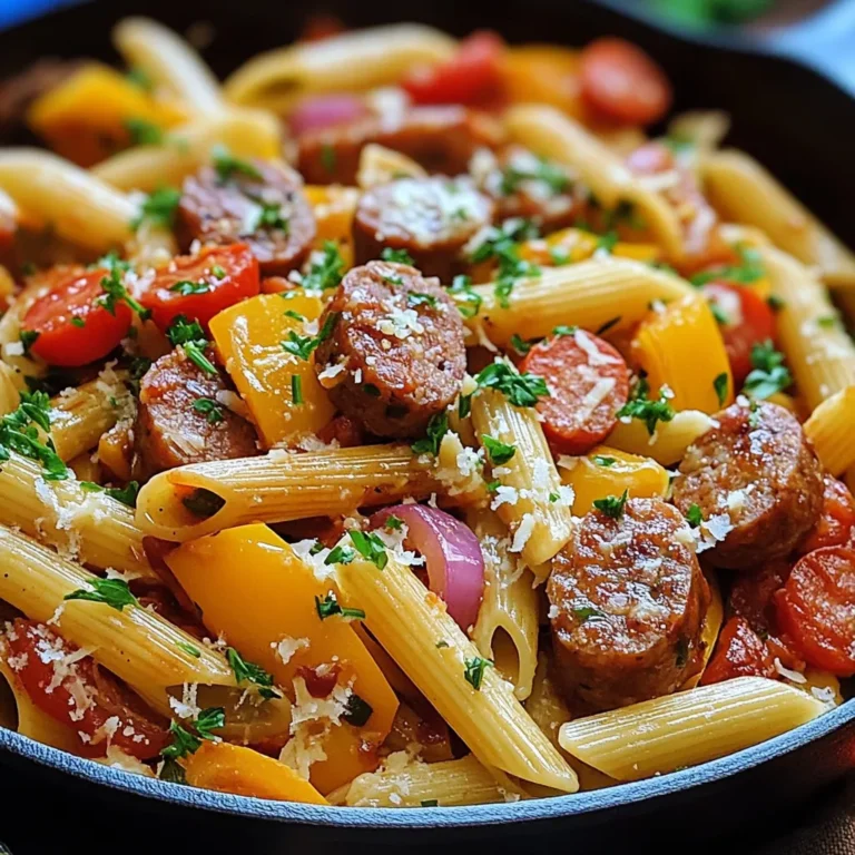 - 8 oz penne pasta - 1 lb smoked sausage, sliced - 1 cup bell peppers (mix of red, yellow, green), sliced - 1 small red onion, thinly sliced - 2 cups cherry tomatoes, halved - 1 cup BBQ sauce (preferably honey BBQ) - 1 tablespoon olive oil - 1 teaspoon garlic powder - 1 tablespoon Italian seasoning - Salt and pepper to taste - Fresh parsley, chopped - Grated Parmesan cheese (optional) Gathering the right ingredients is key to this dish. Start with 8 ounces of penne pasta. It cooks up firm and holds onto the sauce well. Next, grab 1 pound of smoked sausage. This adds rich flavor and a nice bite. I like to use a mix of bell peppers. Get 1 cup, sliced thin. Red, yellow, and green peppers brighten the dish. Then, slice a small red onion. It adds sweetness and depth. You’ll also need 2 cups of cherry tomatoes, cut in half. They pop with flavor when cooked. For the sauce, 1 cup of honey BBQ sauce is a must. It gives a sweet and tangy kick. You’ll need 1 tablespoon of olive oil to cook the sausage. Also, add 1 teaspoon of garlic powder and 1 tablespoon of Italian seasoning for extra flavor. Don’t forget salt and pepper to taste. Finally, for garnishes, have fresh parsley on hand. It adds a fresh touch. If you like cheese, grab some grated Parmesan to sprinkle on top. These ingredients make this meal quick and tasty! {{ingredient_image_1}} - Boil 8 oz of penne pasta according to the package instructions. - Drain the pasta and set it aside. - Heat 1 tablespoon of olive oil in a large skillet over medium heat. - Add 1 lb of sliced smoked sausage and sauté until browned, about 3-4 minutes. - Next, add 1 cup of sliced bell peppers and 1 small thinly sliced red onion. - Mix in 2 cups of halved cherry tomatoes, 1 teaspoon of garlic powder, 1 tablespoon of Italian seasoning, along with salt and pepper to taste. - Stir and cook for another 2-3 minutes, until the tomatoes soften. - Pour in 1 cup of BBQ sauce, preferably honey BBQ, and let it simmer for 2-3 minutes. - Finally, toss in the drained penne pasta, mixing everything until well coated. Cook for an extra 1-2 minutes to let the flavors blend. - How to cook pasta al dente: To cook pasta al dente, boil water in a large pot. Add salt once it boils. Then add your penne pasta. Check the package for cooking times. Taste the pasta a minute before the time is up. It should be firm but not hard. - Perfect sausage browning: Heat olive oil in a large skillet over medium heat. Add the sliced sausage. Let it cook without stirring for a minute. This helps it brown nicely. Stir it occasionally for even cooking. You want it crispy, which adds great flavor. - Additional spices: You can add a pinch of smoked paprika or cayenne pepper for depth. A dash of cumin can also bring warmth. Experiment with spices to find your perfect combo. - Options for a spicy kick: If you like heat, try adding sliced jalapeños or crushed red pepper flakes. You can mix these in with the bell peppers for extra zing. Adjust to your taste for the right balance. - Creative garnishing ideas: Fresh parsley adds a pop of color. Grated Parmesan cheese brings richness. You can also use lemon zest for a refreshing touch. Mixing these garnishes makes the dish look inviting. - Serving suggestions with sides: Serve with a simple green salad dressed with vinaigrette. Garlic bread complements the pasta well. You can also add roasted vegetables for a complete meal. This keeps the meal balanced and vibrant. Pro Tips Cook Pasta Al Dente: Be sure to cook the penne pasta until it is al dente to ensure it holds its shape and texture when mixed with the sauce. Customize Your Sausage: Feel free to use different types of smoked sausage, such as turkey or chicken, for a healthier option or a unique flavor twist. Add Extra Veggies: Incorporate additional vegetables like zucchini or spinach for added nutrition and flavor. Just sauté them along with the other veggies. Serve with Fresh Herbs: Garnish with fresh parsley or basil to enhance the dish’s flavor and add a pop of color to your presentation. {{image_2}} You can switch up the sausage in this dish. Chicken or turkey sausage works great. These options are leaner but still tasty. You can also try vegetarian or vegan choices. Look for plant-based sausages made from soy or pea protein. They add flavor and texture. Penne pasta is a classic for this recipe, but feel free to explore. Fusilli, rotini, or even farfalle can add fun shapes to your meal. If you prefer gluten-free, there are many options. Look for gluten-free penne or other shapes made from rice or chickpeas. They cook well and taste great! While honey BBQ sauce is delicious, you can try different BBQ sauces. A smoky or spicy BBQ sauce can change the flavor. You can even make your own! Mix ketchup, apple cider vinegar, and a little brown sugar for a homemade BBQ sauce. Adjust it to your taste for a unique twist. To store leftover Honey BBQ Sausage Pasta, let it cool first. Place it in an airtight container. This helps keep it fresh. You can keep it in the fridge for up to three days. When you're ready to eat, reheat it on the stove or in the microwave. For reheating, add a splash of water or extra BBQ sauce. This helps prevent it from drying out. Heat it until warm, stirring often. Check to make sure it's hot all the way through before serving. Yes, you can freeze this dish! It freezes well, making it great for meal prep. To freeze, let the pasta cool completely. Then, place it in a freezer-safe container. Make sure to leave some space for expansion. You can keep it in the freezer for up to three months. When you're ready to eat, defrost it in the fridge overnight. You can also use the microwave for quick defrosting. Once thawed, reheat it on the stove, adding a bit of water or BBQ sauce to keep it moist. Enjoy your tasty meal later! Yes, you can make this dish ahead of time. Here’s how: - Cook the pasta and sausage mixture. - Let it cool and store it in an airtight container. - Keep it in the fridge for up to three days. When you are ready to eat, just reheat it on the stove or in the microwave. Add a splash of BBQ sauce to keep it moist. This dish pairs well with several side options: - Garlic bread for a crunchy contrast. - A fresh green salad for some crunch and color. - Steamed veggies like broccoli or green beans for added nutrients. These sides balance the flavors and make your meal complete. Cooking Honey BBQ Sausage Pasta Skillet takes about 30 minutes total. Here’s the breakdown: - Prep time is around 10 minutes. - Cooking time is about 20 minutes. This quick meal is perfect for busy weeknights! This dish combines penne pasta, smoked sausage, and fresh vegetables. You sauté them and mix with honey BBQ sauce, making a tasty meal. Cooking tips help you with perfect textures and flavors. Don’t forget the variations to fit your diet. You can store leftovers easily or freeze them for later. Overall, this recipe is simple and fun. Give it a try, and enjoy!