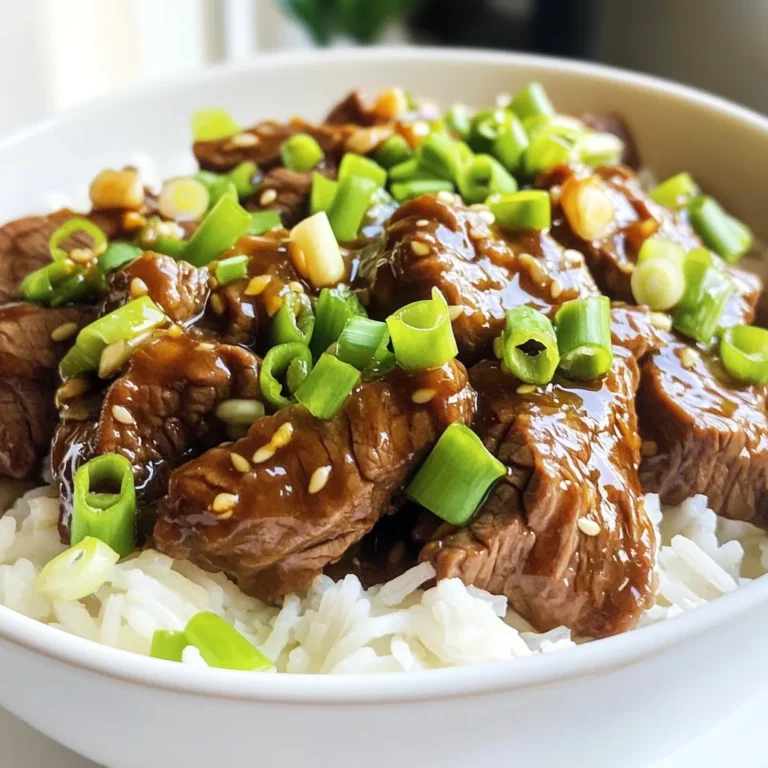 - 500g beef sirloin, thinly sliced - 3 tablespoons cornstarch - 3 tablespoons vegetable oil - 1 cup green onions, sliced (white and green parts separated) - 4 cloves garlic, minced - 1 tablespoon fresh ginger, minced - 1/2 cup soy sauce - 1/4 cup brown sugar - 1 tablespoon rice vinegar - 1 teaspoon sesame oil - 1/2 teaspoon black pepper - Steamed jasmine rice - Optional garnishes When making Mongolian beef, use fresh beef sirloin. The right cut matters. Thin slices help the meat cook quickly and evenly. Cornstarch is key for a crispy texture. It coats the beef and creates a nice crust when cooked. Vegetable oil is great for frying. It has a high smoke point, perfect for searing. Green onions add color and flavor. Use both the white and green parts for a nice touch. Garlic and ginger bring a warm, fragrant taste to the dish. For sauces, soy sauce gives depth and saltiness. Brown sugar balances the flavors with sweetness. Rice vinegar adds a slight tang, while sesame oil enhances the aroma. Black pepper gives a hint of spice. Serve your Mongolian beef over steamed jasmine rice. This combination is classic. You can also add extra green onions on top as a garnish. It makes the dish look and taste even better! - Start by slicing 500g of beef sirloin thinly. Aim for about 1/4 inch thick. Thin slices cook faster and stay tender. - To coat the beef with cornstarch, place it in a medium bowl. Add 3 tablespoons of cornstarch. Toss the beef well until every piece is covered. This helps create a crispy texture. - Heat 2 tablespoons of vegetable oil in a large skillet or wok over medium-high heat. Wait until the oil shimmers. - Add the coated beef slices in batches. Cook them for 2-3 minutes until they turn brown and crispy. Remove the beef and set it aside on a plate. - In the same skillet, use the remaining tablespoon of oil. Add the white parts of the sliced green onions, 4 cloves of minced garlic, and 1 tablespoon of minced ginger. Stir-fry for about 1 minute until fragrant. - In a separate bowl, whisk together 1/2 cup of soy sauce, 1/4 cup of brown sugar, 1 tablespoon of rice vinegar, 1 teaspoon of sesame oil, and 1/2 teaspoon of black pepper. This will be your sauce. - Pour the sauce into the skillet. Bring it to a gentle simmer. Stir occasionally for about 2 minutes until the sugar dissolves. - Return the cooked beef to the skillet. Toss it well to coat in the sauce. Add the green parts of the onions and sauté for one more minute. Serve this tasty Mongolian beef over steamed jasmine rice. Enjoy your homemade takeout! Fresh ingredients make all the difference in this dish. Use high-quality beef sirloin for the best taste. The beef should be thinly sliced to ensure it cooks quickly and stays tender. When cooking, use a hot skillet or wok. This helps to sear the beef and lock in flavors. One common mistake is overcrowding the skillet. If you add too much beef at once, it will steam instead of sear. Cook in smaller batches for the best texture. Another mistake is skipping the resting period for beef. Letting the beef rest after cooking keeps it juicy and flavorful. Pair your Mongolian beef with steamed jasmine rice. The rice soaks up the delicious sauce. You can also add sautéed vegetables like bell peppers or broccoli for extra color and nutrition. For garnishing, sprinkle extra green onions on top. This adds freshness and makes the dish pop! {{image_2}} You can change the cut of beef for your Mongolian beef. Try flank steak or ribeye for a different taste. If you want a vegetarian version, use tofu or seitan. Both options soak up the sauce well. Adding vegetables can make your dish more colorful and healthy. Bell peppers and carrots add crunch and sweetness. You can also adjust the spice level. If you like heat, add crushed red pepper or chili flakes. For a healthier meal, consider low-sodium soy sauce. It cuts the salt without losing flavor. You can also swap brown sugar for honey or coconut sugar. These alternatives give you a sweeter taste with fewer calories. To keep your Mongolian beef fresh, place leftovers in an airtight container. This helps prevent any strong odors from mixing. You can store it in the fridge for up to 3 days. If you plan to eat it later, make sure to let it cool before sealing it up. To freeze Mongolian beef, let it cool completely. Then, put it in a freezer-safe bag or container. Remove as much air as possible to avoid freezer burn. It can last up to 3 months in the freezer. When you’re ready to enjoy it, thaw it overnight in the fridge. For reheating, you can use either the microwave or the stovetop. If you use the microwave, heat it in short bursts, stirring in between. This helps to warm it evenly. If you choose the stovetop, add a splash of water or broth in a pan. Heat over low heat, stirring gently until it warms through. This keeps the beef tender and juicy. Mongolian Beef is a dish that comes from Chinese cuisine. It is not from Mongolia, but it became popular in American Chinese restaurants. The dish features tender beef, sweet soy sauce, and green onions. It often has a savory and slightly sweet flavor. You can find it on many takeout menus. The beef is usually crispy on the outside and tender inside. Yes, you can make Mongolian Beef in advance. Meal prep can save time during busy weeks. Cook the beef and sauce, and store them separately. This keeps the beef crispy. For best storage, use airtight containers. Keep the beef in the fridge for up to three days. Reheat only what you need to keep it fresh. You can add heat to Mongolian Beef easily. Start by adding red pepper flakes to the sauce. You can also adjust the amount of black pepper. If you like it spicier, try adding chili sauce or Sriracha. Mix these in with the sauce before adding it to the beef. This way, you get a flavorful kick! Mongolian beef blends tasty ingredients and easy steps. From fresh beef sirloin to flavorful sauces, this dish shines. Remember to use fresh ingredients for the best taste. Avoid common mistakes to make cooking smooth. Enjoy serving it with jasmine rice or garnishes of your choice. Feel free to customize with ingredient swaps and spice adjustments. With proper storage, leftovers can taste just as great. Dive into this dish and share it with friends. It’s a meal you'll love making and eating continually.