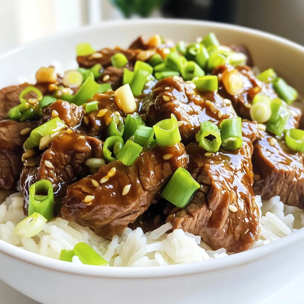 - 500g beef sirloin, thinly sliced - 3 tablespoons cornstarch - 3 tablespoons vegetable oil - 1 cup green onions, sliced (white and green parts separated) - 4 cloves garlic, minced - 1 tablespoon fresh ginger, minced - 1/2 cup soy sauce - 1/4 cup brown sugar - 1 tablespoon rice vinegar - 1 teaspoon sesame oil - 1/2 teaspoon black pepper - Steamed jasmine rice - Optional garnishes When making Mongolian beef, use fresh beef sirloin. The right cut matters. Thin slices help the meat cook quickly and evenly. Cornstarch is key for a crispy texture. It coats the beef and creates a nice crust when cooked. Vegetable oil is great for frying. It has a high smoke point, perfect for searing. Green onions add color and flavor. Use both the white and green parts for a nice touch. Garlic and ginger bring a warm, fragrant taste to the dish. For sauces, soy sauce gives depth and saltiness. Brown sugar balances the flavors with sweetness. Rice vinegar adds a slight tang, while sesame oil enhances the aroma. Black pepper gives a hint of spice. Serve your Mongolian beef over steamed jasmine rice. This combination is classic. You can also add extra green onions on top as a garnish. It makes the dish look and taste even better! - Start by slicing 500g of beef sirloin thinly. Aim for about 1/4 inch thick. Thin slices cook faster and stay tender. - To coat the beef with cornstarch, place it in a medium bowl. Add 3 tablespoons of cornstarch. Toss the beef well until every piece is covered. This helps create a crispy texture. - Heat 2 tablespoons of vegetable oil in a large skillet or wok over medium-high heat. Wait until the oil shimmers. - Add the coated beef slices in batches. Cook them for 2-3 minutes until they turn brown and crispy. Remove the beef and set it aside on a plate. - In the same skillet, use the remaining tablespoon of oil. Add the white parts of the sliced green onions, 4 cloves of minced garlic, and 1 tablespoon of minced ginger. Stir-fry for about 1 minute until fragrant. - In a separate bowl, whisk together 1/2 cup of soy sauce, 1/4 cup of brown sugar, 1 tablespoon of rice vinegar, 1 teaspoon of sesame oil, and 1/2 teaspoon of black pepper. This will be your sauce. - Pour the sauce into the skillet. Bring it to a gentle simmer. Stir occasionally for about 2 minutes until the sugar dissolves. - Return the cooked beef to the skillet. Toss it well to coat in the sauce. Add the green parts of the onions and sauté for one more minute. Serve this tasty Mongolian beef over steamed jasmine rice. Enjoy your homemade takeout! Fresh ingredients make all the difference in this dish. Use high-quality beef sirloin for the best taste. The beef should be thinly sliced to ensure it cooks quickly and stays tender. When cooking, use a hot skillet or wok. This helps to sear the beef and lock in flavors. One common mistake is overcrowding the skillet. If you add too much beef at once, it will steam instead of sear. Cook in smaller batches for the best texture. Another mistake is skipping the resting period for beef. Letting the beef rest after cooking keeps it juicy and flavorful. Pair your Mongolian beef with steamed jasmine rice. The rice soaks up the delicious sauce. You can also add sautéed vegetables like bell peppers or broccoli for extra color and nutrition. For garnishing, sprinkle extra green onions on top. This adds freshness and makes the dish pop! {{image_2}} You can change the cut of beef for your Mongolian beef. Try flank steak or ribeye for a different taste. If you want a vegetarian version, use tofu or seitan. Both options soak up the sauce well. Adding vegetables can make your dish more colorful and healthy. Bell peppers and carrots add crunch and sweetness. You can also adjust the spice level. If you like heat, add crushed red pepper or chili flakes. For a healthier meal, consider low-sodium soy sauce. It cuts the salt without losing flavor. You can also swap brown sugar for honey or coconut sugar. These alternatives give you a sweeter taste with fewer calories. To keep your Mongolian beef fresh, place leftovers in an airtight container. This helps prevent any strong odors from mixing. You can store it in the fridge for up to 3 days. If you plan to eat it later, make sure to let it cool before sealing it up. To freeze Mongolian beef, let it cool completely. Then, put it in a freezer-safe bag or container. Remove as much air as possible to avoid freezer burn. It can last up to 3 months in the freezer. When you’re ready to enjoy it, thaw it overnight in the fridge. For reheating, you can use either the microwave or the stovetop. If you use the microwave, heat it in short bursts, stirring in between. This helps to warm it evenly. If you choose the stovetop, add a splash of water or broth in a pan. Heat over low heat, stirring gently until it warms through. This keeps the beef tender and juicy. Mongolian Beef is a dish that comes from Chinese cuisine. It is not from Mongolia, but it became popular in American Chinese restaurants. The dish features tender beef, sweet soy sauce, and green onions. It often has a savory and slightly sweet flavor. You can find it on many takeout menus. The beef is usually crispy on the outside and tender inside. Yes, you can make Mongolian Beef in advance. Meal prep can save time during busy weeks. Cook the beef and sauce, and store them separately. This keeps the beef crispy. For best storage, use airtight containers. Keep the beef in the fridge for up to three days. Reheat only what you need to keep it fresh. You can add heat to Mongolian Beef easily. Start by adding red pepper flakes to the sauce. You can also adjust the amount of black pepper. If you like it spicier, try adding chili sauce or Sriracha. Mix these in with the sauce before adding it to the beef. This way, you get a flavorful kick! Mongolian beef blends tasty ingredients and easy steps. From fresh beef sirloin to flavorful sauces, this dish shines. Remember to use fresh ingredients for the best taste. Avoid common mistakes to make cooking smooth. Enjoy serving it with jasmine rice or garnishes of your choice. Feel free to customize with ingredient swaps and spice adjustments. With proper storage, leftovers can taste just as great. Dive into this dish and share it with friends. It’s a meal you'll love making and eating continually.