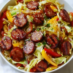 - 1 lb (450g) smoked sausage, sliced - 4 cups green cabbage, chopped - 1 red bell pepper, sliced - 1 yellow onion, thinly sliced - 2 cloves garlic, minced - 1 teaspoon ginger, minced These main ingredients form the heart of your dish. The smoked sausage gives a rich flavor. Green cabbage adds a nice crunch. Red bell pepper brings sweetness, while yellow onion adds depth. Garlic and ginger provide a warm aroma and taste. - 2 tablespoons soy sauce - 1 tablespoon sesame oil - 1 tablespoon olive oil - 1 tablespoon sesame seeds (for garnish) - Salt and pepper to taste These pantry staples help bring the dish together. Soy sauce adds umami, while sesame oil gives a nutty flavor. Olive oil is great for cooking. Sesame seeds make for a lovely garnish, and salt and pepper are key for seasoning. Use these staples to elevate your stir fry and create a delicious meal. {{ingredient_image_1}} - Heating the olive oil: Start by adding one tablespoon of olive oil to a large skillet or wok. Heat it over medium-high heat. The oil should shimmer, showing it is hot enough. - Browning the sausage: Next, add one pound of sliced smoked sausage to the skillet. Cook it for about 5 to 7 minutes. You want the sausage to brown nicely. This step adds great flavor to your dish. - Adding garlic and ginger: After the sausage is browned, add two cloves of minced garlic and one teaspoon of minced ginger. Sauté these for 1 to 2 minutes. This will fill your kitchen with a lovely aroma. - Cooking onion and bell pepper: Then, add one thinly sliced yellow onion and one sliced red bell pepper to the skillet. Stir them frequently for about 3 to 4 minutes. You want the vegetables to be tender but still crisp. - Mixing in the cabbage: Now, it's time to add 4 cups of chopped green cabbage to the skillet. Toss everything together. Cook for about 5 minutes until the cabbage wilts down. - Adding sauces and seasonings: Finally, pour 2 tablespoons of soy sauce and 1 tablespoon of sesame oil over the mixture. Stir well to combine. Season with salt and pepper to your taste. This will bring all the flavors together beautifully. To boost the flavor of your sausage and cabbage stir fry, I recommend a few key seasonings: - Soy sauce - Sesame oil - Fresh ginger - Garlic These ingredients add rich taste and aroma. For cooking methods, I suggest using a large skillet or wok. This allows for even heat and quick cooking. High heat helps to caramelize the sausage and vegetables, creating a tasty brown crust. To avoid sogginess in cabbage, make sure to: - Chop it into bite-sized pieces. - Cook it just until wilted, about 5 minutes. This keeps the cabbage crisp. For even cooking of sausage, slice it thinly. This helps it cook faster and brown nicely. Cook it until it's golden, about 5-7 minutes, before adding the veggies. For serving, I like to use a large bowl. This allows everyone to see the colorful mix of sausage, cabbage, and peppers. You can garnish with: - Sesame seeds - Chopped green onions These add color and a fresh taste. Enjoy your stir fry with steamed rice or noodles. This makes it a filling and beautiful meal. Pro Tips Use Fresh Ingredients: Whenever possible, opt for fresh vegetables and high-quality sausage to enhance the flavor of your dish. Adjust Seasoning to Taste: Don’t hesitate to adjust the soy sauce, salt, and pepper according to your personal preference for a more tailored flavor. Experiment with Vegetables: Feel free to add other vegetables like carrots or snap peas for added crunch and nutrition. Serve Immediately: For the best texture and flavor, serve the stir fry right after cooking while the ingredients are still hot and crisp. {{image_2}} You can swap out the smoked sausage for other types. Try chicken, turkey, or tofu sausage. Each will give a unique taste. Use your favorite kind to make this dish yours. For veggies, you can change the cabbage. Broccoli, bok choy, or kale work well too. You can also add carrots or snap peas for more crunch and color. To make this dish gluten-free, use tamari instead of soy sauce. Tamari tastes great and keeps the dish safe for gluten-free diets. Always check your sausage label to ensure it is gluten-free. If you want a vegetarian version, skip the sausage. Use mushrooms or tempeh instead. They add texture and flavor that pair well with the other ingredients. Want some heat? Add chili flakes or sliced fresh peppers. They add a nice kick and can make the dish more exciting. You can also try different sauces. Teriyaki or hoisin sauce can change the flavor profile. Each sauce brings a new twist to your stir fry. To keep your sausage and cabbage stir fry fresh, follow these tips: - Refrigeration tips: Store leftovers in an airtight container. Make sure to cool the dish first. It can stay fresh in the fridge for about 3 to 4 days. - Freezing recommendations: For longer storage, freeze the stir fry in a freezer-safe container. It can last up to 3 months. When ready to use, thaw it overnight in the fridge before reheating. When you're ready to enjoy your leftovers, here’s how to do it right: - Best methods for reheating: The best way to reheat is in a skillet over medium heat. This helps keep the texture nice. You can also use the microwave, but be sure to cover it to avoid drying it out. - Storage duration for freshness: Always check for freshness before reheating. If it has been in the fridge for more than 4 days, it's best to discard it. For frozen stir fry, use it within 3 months for the best taste. It takes about 25 minutes to make this dish. You will spend 10 minutes prepping and 15 minutes cooking. This quick time makes it perfect for busy nights. Yes, you can! You can use napa cabbage, savoy cabbage, or even purple cabbage. Each type adds a unique taste and color to your stir fry. Just chop it up like you would the green cabbage. This stir fry pairs well with steamed rice or noodles. You can also serve it with a side of crispy egg rolls or a fresh salad. These sides make the meal even more filling and fun. You learned how to make a tasty sausage and cabbage stir fry. I covered the main ingredients like smoked sausage, green cabbage, and seasonings. You saw step-by-step instructions for cooking and combining everything. I shared tips to boost flavor and avoid sogginess. Variations allow you to switch ingredients for dietary needs. Enjoy this dish, and feel free to get creative with your own twists!