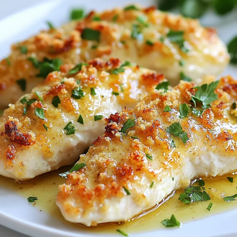 - Boneless, skinless chicken breasts These are the main stars of the dish. They cook evenly and stay juicy. You can cut them into smaller pieces if you want them to cook faster. - Greek yogurt and its role in marinades Greek yogurt adds moisture and creaminess. It helps to tenderize the chicken. The yogurt also holds the flavors from the spices well, making each bite delicious. - Additional spices and their impact on flavor - Dijon mustard gives a nice tangy kick. - Honey adds sweetness, balancing the mustard. - Garlic gives warm, savory notes. - Paprika adds a hint of smokiness. - Onion powder brings depth to the taste. - Dried thyme adds a fresh, earthy flavor. - Salt and black pepper enhance all the other flavors. These ingredients work together to create a rich taste that makes the chicken melt in your mouth. {{ingredient_image_1}} First, preheat your oven to 400°F (200°C). This temperature helps cook the chicken evenly. Next, take a baking dish and grease it lightly with olive oil. This step prevents the chicken from sticking. In a medium bowl, combine these ingredients: - 1 cup plain Greek yogurt - 2 tablespoons Dijon mustard - 3 tablespoons honey - 2 cloves garlic, minced - 1 teaspoon paprika - 1 teaspoon onion powder - 1 teaspoon dried thyme - 1 teaspoon salt - ½ teaspoon black pepper Mix them well. This marinade will keep your chicken juicy and full of flavor. Now, place the chicken breasts in the greased baking dish. Pour the yogurt marinade over the chicken. Make sure each piece gets coated well. If you want a crunchy topping, sprinkle ½ cup of breadcrumbs on top. The breadcrumbs add a nice texture. Cover the baking dish tightly with aluminum foil. This traps steam, making the chicken tender. Bake it in the preheated oven for 25 minutes. After that, remove the foil. Bake for an extra 15-20 minutes. Check that the chicken is cooked through; it should reach an internal temperature of 165°F (74°C). You want the top to be golden brown. Once done, take the chicken out of the oven. Let it rest for 5 minutes before slicing. This resting time allows juices to settle, making each bite even better. Marinating is key for soft chicken. The longer you marinate, the better the taste. I recommend at least one hour. For a tasty twist, use Greek yogurt. It adds moisture and helps the chicken stay juicy. Spices can change the whole dish. Try adding cumin or chili powder for a kick. You can also toss in some lemon juice for freshness. If you like sweet, add a pinch of cinnamon. These small changes can make a big difference. For sides, think about rice or roasted veggies. They pair well with the chicken's flavors. To make your dish look great, sprinkle some fresh parsley on top. A little color goes a long way in making your meal look special. Pro Tips Marinate for Flavor: Allow the chicken to marinate for at least 30 minutes or up to overnight in the refrigerator. This enhances the flavor and tenderness. Check Temperature: Use a meat thermometer to ensure the chicken reaches an internal temperature of 165°F (74°C) for safety and perfect doneness. Breadcrumb Variation: Experiment with different types of breadcrumbs, like panko or seasoned, for added texture and flavor to the topping. Resting Time: Let the chicken rest for 5-10 minutes after baking. This allows juices to redistribute, keeping the meat moist and tender when sliced. {{image_2}} You can cook Melt In Your Mouth Chicken in various ways. - Grilling Melt In Your Mouth Chicken: Preheat your grill for medium heat. After marinating, grill the chicken for about 6-8 minutes on each side. Check that the internal temperature reaches 165°F (74°C). Grilling gives a smoky flavor and crispy edges. - Instant Pot version for quick preparation: Place the marinated chicken in the Instant Pot. Add 1/2 cup of chicken broth. Cook on high pressure for 8-10 minutes. Quick release the pressure. Your chicken will be juicy and ready in no time! You can also modify this recipe to fit your dietary needs. - Gluten-free modifications (without breadcrumbs): Simply skip the breadcrumbs or use gluten-free ones. The chicken will still be tender and flavorful. The Greek yogurt keeps it moist. - Paleo-friendly ingredients: Swap the honey for maple syrup or coconut sugar. Use almond flour instead of breadcrumbs for a crunchy topping. This keeps the dish paleo-approved and tasty. Adding extras can make this dish even better! - Suggested fruit or nut toppings: Try sliced almonds or walnuts for crunch. You can also add fresh fruit like mango or diced apples for a sweet twist. - How to incorporate vegetables: Add chopped spinach or bell peppers into the marinade. You can also roast vegetables alongside the chicken. This creates a colorful and healthy meal. After cooking, let your Melt In Your Mouth Chicken cool down. Store leftovers in an airtight container. This keeps the chicken fresh and moist. You can refrigerate it for up to three days. When you store, make sure to cover it well. This prevents it from drying out. You can freeze Melt In Your Mouth Chicken for longer storage. Place the cooled chicken in freezer-safe bags. Squeeze out as much air as you can. This helps stop freezer burn. You can freeze it for up to three months. When you're ready to eat, thaw it overnight in the fridge. To reheat, use the oven for the best results. Preheat your oven to 350°F (175°C). Place the chicken in a baking dish and cover it with foil. This keeps the moisture in. Heat for about 20 minutes or until hot. You can also use a microwave. Just place it on a microwave-safe plate. Heat for one to two minutes, checking often. Enjoy your chicken without losing that great texture! Melt In Your Mouth Chicken gets its tenderness from the marinade. The yogurt in the marinade helps break down the chicken's fibers. This process makes it juicy and soft. Combine Greek yogurt with Dijon mustard, honey, minced garlic, and spices. The longer you marinate, the more tender the chicken becomes. Ideally, let it marinate for at least 30 minutes. If you have more time, a few hours or overnight is even better. Yes, you can use frozen chicken breasts. First, thaw them completely in the fridge or microwave. Once thawed, pat them dry to remove excess moisture. Then, follow the same marinating steps. Just remember that frozen chicken may take longer to cook. Keep an eye on the internal temperature to ensure it reaches 165°F (74°C). The best way to check if the chicken is cooked is by using a meat thermometer. The ideal internal temperature should be 165°F (74°C). Insert the thermometer into the thickest part of the chicken. If it reads 165°F, your chicken is safe to eat. If not, return it to the oven and check again in a few minutes. Make sure to let it rest for 5 minutes after cooking. This helps the juices settle, making it even more delicious. This article covered how to make Melt In Your Mouth Chicken. We explored key ingredients like chicken and Greek yogurt, plus added spices for flavor. I shared step-by-step instructions, tips for texture and taste, and methods for different diets. You learned how to store and reheat leftovers well. In conclusion, this dish is simple and delicious. You can impress anyone with it. Enjoy your cooking and feel confident in trying variations to make it your own!