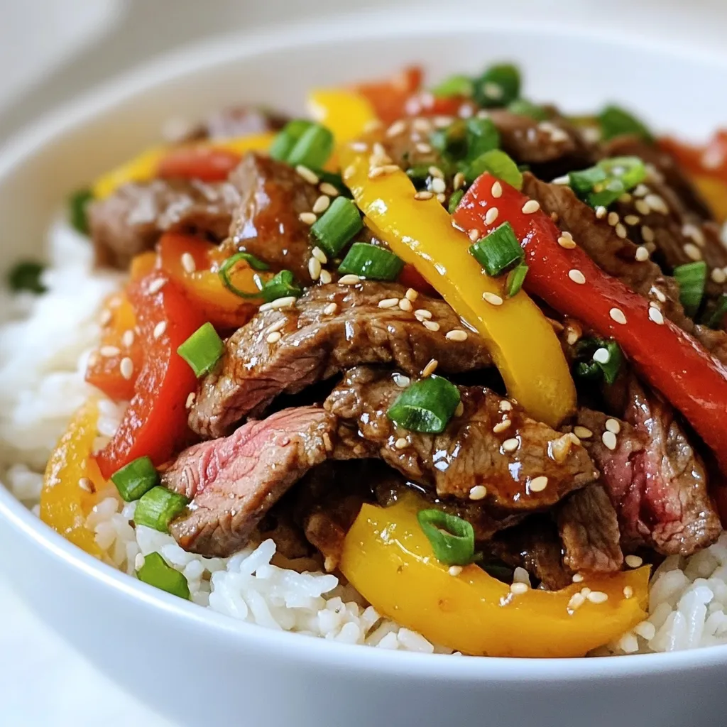 - 1 lb beef sirloin, thinly sliced - 1 cup jasmine rice - 2 cups beef broth - 1 red bell pepper, sliced - 1 yellow bell pepper, sliced - 1 green bell pepper, sliced - 2 tablespoons soy sauce - 1 tablespoon sesame oil - 1 tablespoon olive oil - 3 cloves garlic, minced - 1 inch fresh ginger, grated - Salt and pepper to taste - 2 green onions, chopped (for garnish) - Sesame seeds (for garnish) These ingredients come together to create a tasty beef and pepper rice bowl. The beef provides rich flavor. The colorful peppers add crunch and sweetness. Jasmine rice serves as a perfect base. - Chopped cilantro - Sliced jalapeños - Lime wedges - Crushed red pepper flakes These garnishes can add freshness and spice. They let you customize each bowl to your taste. - Beef sirloin: Use flank steak or chicken for a lighter option. - Jasmine rice: Brown rice or basmati rice works well too. - Beef broth: Chicken or vegetable broth can be used. - Soy sauce: Tamari or coconut aminos are great gluten-free options. Feel free to swap ingredients based on what you have. This dish remains delicious with different flavors! {{ingredient_image_1}} Start by rinsing the jasmine rice. Place it in a strainer and run cold water over it. Keep rinsing until the water runs clear. This step helps remove excess starch. Next, in a medium saucepan, combine the rinsed rice and 2 cups of beef broth. Bring the mixture to a boil over high heat. Once boiling, cover the pot and lower the heat. Let it simmer for about 15 minutes. The rice should absorb all the liquid. After 15 minutes, turn off the heat and fluff the rice with a fork. Set it aside. While the rice cooks, prepare the beef. Use 1 pound of beef sirloin and slice it thinly. This helps it cook faster and evenly. Heat a large skillet or wok over medium-high heat. Once hot, add 1 tablespoon of olive oil. Allow the oil to heat up. Then, add the sliced beef to the pan in a single layer. Lightly season it with salt and pepper. Let it cook for 3-4 minutes without stirring. This gives the beef a nice sear. After that, stir in 3 minced cloves of garlic and 1 inch of grated ginger. Sauté for another minute until you can smell the aroma. Now, add the sliced peppers to the skillet. Use 1 red, 1 yellow, and 1 green bell pepper, all sliced. Stir the peppers into the beef. Cook for 5-7 minutes, just until the peppers soften but remain crunchy. Next, drizzle 2 tablespoons of soy sauce and 1 tablespoon of sesame oil over the beef and peppers. Toss everything together well. Heat through for an additional 2 minutes. Finally, serve this beef and pepper mix over the fluffy jasmine rice. Enjoy the colorful and tasty meal! To get that perfect sear on your beef, start with a hot skillet. Use medium-high heat and add olive oil. Make sure the beef slices lay flat in a single layer. This way, they will cook evenly. Avoid stirring for the first few minutes. Let them sit to develop a nice crust. After about 3-4 minutes, flip them to sear the other side. This method locks in the juices and enhances flavor. Marinades can make your beef even tastier. I suggest a simple mix of soy sauce, sesame oil, and minced garlic. You can add grated ginger for extra zing. Let the beef soak in the marinade for at least 30 minutes. This step boosts flavor and tenderizes the meat. Just remember to pat the beef dry before cooking. A dry surface helps achieve a better sear. When cooking peppers, timing is key. Start with the red, yellow, and green bell peppers after the beef is nearly done. Cook them for about 5-7 minutes. This keeps them soft yet crunchy. If you like them softer, you can cook them a bit longer. Keep an eye on the color; bright peppers taste fresh and look beautiful in your bowl. Pro Tips Slice Against the Grain: This ensures your beef is tender and easy to chew, enhancing the overall texture of your dish. Prep Ingredients Ahead: Have all your ingredients sliced and measured before you start cooking. This makes the cooking process smoother and quicker. Control the Heat: Adjust the heat as necessary while cooking to prevent burning, especially when searing the beef and sautéing the garlic. Customize Your Veggies: Feel free to substitute or add other vegetables like broccoli or snap peas for added nutrition and color. {{image_2}} You can use many cuts of beef for this dish. Sirloin is great, but flank steak works well too. Flank steak has a nice beefy flavor. You can also try ribeye for a richer taste. Cut the beef thinly for the best results. This way, it cooks fast and stays tender. Want a meat-free option? Use tofu or tempeh instead. Firm tofu absorbs flavors well, making it a great choice. Cut it into cubes and sauté it just like you would the beef. Another option is using jackfruit. It has a unique texture and can soak up the flavors of the sauce. Add your favorite veggies to make it colorful and tasty. Do you like it hot? Add chili flakes or fresh chili to the mix. If you prefer a milder dish, skip the heat. You can also use sweet bell peppers for a different flavor. Want a smoky taste? Try adding smoked paprika. Adjust the spices to suit your taste buds and enjoy a customized meal! To keep your Beef and Pepper Rice Bowl fresh, place leftovers in an airtight container. Make sure to cool the dish before sealing it. This helps prevent sogginess. Store it in the fridge. It will last for 3 to 4 days. If you want to enjoy it later, freezing is a good option. When you're ready to eat, you can reheat the leftovers easily. Put the rice and beef mixture in a microwave-safe bowl. Cover the bowl with a damp paper towel. This keeps moisture in and prevents drying out. Heat on medium power for 2-3 minutes. Stir halfway through for even heating. If you prefer, you can also reheat on the stove. Just add a splash of beef broth to keep it moist. Heat over low until warm. If you have extra Beef and Pepper Rice Bowl, freezing it is simple. First, let the dish cool completely. Then, scoop the mixture into freezer-safe bags or containers. Remove as much air as you can. Label the bags with the date. You can freeze it for up to 3 months. When you want to eat it, thaw the bowl in the fridge overnight. Reheat as described earlier, and enjoy! Yes, you can use brown rice. Brown rice adds a nuttier taste. It also has more fiber. Cooking time will be longer. Use about 40 minutes instead of 15. Add extra water as needed. You can serve many sides with this bowl. A fresh salad adds crunch. Steamed broccoli gives a nice color. You might like pickled vegetables for a tangy touch. A warm tortilla can be a tasty addition. To make it spicy, add chili flakes. You can also use fresh jalapeños or sriracha sauce. Mixing in a spicy sauce at the end gives heat. Adjust the spice to your taste. Enjoy your fiery creation! This blog post covered all the key steps to making a beef and pepper rice bowl. We discussed the best ingredients and helpful tips for cooking. You learned about substitutes, cooking times, and fun flavor variations. Finally, we shared smart storage and reheating tips. In summary, this dish is tasty and easy to make. You can customize it to your liking and keep it fresh for later. Enjoy your cooking journey!