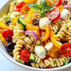 For a tasty Italian pasta salad, gather these main ingredients: - 12 oz rotini or fusilli pasta - 1 cup cherry tomatoes, halved - 1 cup cucumber, diced - 1/2 cup bell peppers (red and yellow), diced - 1/2 cup red onion, finely chopped - 1 cup black olives, pitted and sliced - 1 cup mozzarella balls (bocconcini) - 1/4 cup fresh basil, chopped - 1/4 cup Parmesan cheese, grated These ingredients work together to create a colorful and flavorful dish. The pasta acts as a base, while the veggies add crunch and freshness. Mozzarella and olives give it a nice, savory touch. To make the salad sing, you need these dressing ingredients: - 1/3 cup extra virgin olive oil - 2 tablespoons red wine vinegar (or apple cider vinegar) - 1 teaspoon dried oregano - 1/2 teaspoon garlic powder - Salt and pepper to taste This dressing blends well with the salad. The olive oil adds richness, while the vinegar brings a tangy kick. Oregano and garlic powder give it great flavor. You can customize your pasta salad with these optional add-ins: - Cooked chicken or turkey - Pepperoni slices - Artichoke hearts - Spinach or arugula These add-ins can boost the flavor and nutrition of your salad. They offer a chance to get creative and make the dish your own. {{ingredient_image_1}} To make the perfect Italian pasta salad, start by cooking 12 oz of rotini or fusilli pasta. Boil water in a large pot and add a bit of salt. Cook the pasta according to the package instructions until it is al dente. This usually takes about 8 to 10 minutes. Once done, drain the pasta in a colander. Rinse it under cold water to stop the cooking. This keeps the pasta firm and fresh. Set the cooled pasta aside. In a large mixing bowl, combine your cooled pasta with fresh ingredients. Add 1 cup of halved cherry tomatoes, 1 cup of diced cucumber, and 1/2 cup each of diced red and yellow bell peppers. Next, include 1/2 cup of finely chopped red onion and 1 cup of sliced black olives. Finally, toss in 1 cup of mozzarella balls. This mix of colors and textures makes the salad lively and tasty. For the dressing, take a small bowl and whisk together the flavors. Combine 1/3 cup of extra virgin olive oil with 2 tablespoons of red wine vinegar. If you prefer, you can use apple cider vinegar instead. Then, add 1 teaspoon of dried oregano and 1/2 teaspoon of garlic powder. Season with salt and pepper to taste. Whisk everything until it is well mixed. This dressing adds a zesty kick to the salad. Now, pour the dressing over your pasta salad. Gently toss the ingredients to coat them evenly. Be careful not to crush the vegetables or cheese. After that, add 1/4 cup of chopped fresh basil and 1/4 cup of grated Parmesan cheese. Toss once more to blend everything together. This step spreads all the flavors throughout the salad. Taste your pasta salad and adjust the seasoning if needed. For the best flavor, refrigerate the salad for at least 30 minutes. This allows the flavors to meld beautifully. When ready to serve, scoop it into bowls and enjoy. This salad is a colorful and fresh delight for any meal or gathering. To make a great pasta salad, pick the right pasta. I love using rotini or fusilli. These shapes hold the dressing well. They also mix easily with other ingredients. Cook the pasta until it is al dente. This gives it a nice bite. Rinse it under cold water to cool it down. This step helps keep the pasta from getting mushy. Fresh vegetables make your salad pop. I recommend cherry tomatoes and cucumbers for a nice crunch. Bell peppers add color and sweetness. Red onions bring a bit of zing. Black olives add a salty touch. You can also add other veggies if you like. Just keep them fresh and crisp for the best taste. Herbs bring life to your pasta salad. Fresh basil is my go-to herb for this dish. It adds a lovely aroma and flavor. Dried oregano is also great. Mix it with olive oil, vinegar, garlic powder, salt, and pepper. This dressing ties all the flavors together. Taste it and adjust if needed. You want a flavor that makes you smile. Serve your pasta salad cold for the best flavor. Chill it for at least 30 minutes before serving. This waiting time helps the flavors blend. You can serve it as a side dish or a light meal. Pair it with grilled meats or fish for a tasty combo. Enjoy it at picnics, barbecues, or family gatherings. It’s always a crowd-pleaser! Pro Tips Use Fresh Ingredients: For the best flavor, opt for fresh vegetables and herbs. They add brightness and enhance the overall taste of the salad. Chill Before Serving: Allow the pasta salad to chill in the refrigerator for at least 30 minutes. This helps the flavors meld together beautifully. Customize Your Veggies: Feel free to add or substitute other vegetables like artichokes, spinach, or zucchini to suit your taste preferences. Make Ahead: This pasta salad can be made a day in advance, making it perfect for potlucks or meal prep. Just keep it covered in the fridge. {{image_2}} To give your Italian pasta salad a Mediterranean twist, swap in some fresh flavors. Use sun-dried tomatoes instead of fresh ones. Add artichoke hearts and some capers for extra zing. Feta cheese can replace mozzarella for a salty bite that complements the salad well. Fresh herbs like dill or mint can bring a bright taste. This version is perfect for summer picnics. If you want to make your pasta salad more filling, add protein. Grilled chicken or shrimp works great. You can also use chickpeas or cannellini beans for a hearty touch. These additions not only boost nutrition but also make it a full meal. Mix the proteins in with the veggies and pasta for a colorful dish. To make a vegan version of this salad, simply leave out the cheese. You can use nutritional yeast for a cheesy flavor without dairy. Swap regular pasta for a gluten-free option if needed. Use a vinegar-based dressing to keep it light and fresh. This version is still packed with flavor and perfect for plant-based diets. Store leftover pasta salad in an airtight container. Keep it in the fridge. It stays fresh for about three days. If you notice any bad smells or change in color, toss it out. Always label your container with the date. This helps you track freshness. Freezing pasta salad is not the best option. The veggies can get mushy when thawed. If you must freeze it, leave out fresh ingredients like tomatoes and cucumbers. Instead, freeze just the pasta and dressing. When you're ready to eat, mix in fresh veggies after thawing. Meal prep is easy with pasta salad. Cook a big batch and store it in portions. Use jars for easy serving and storage. Layer the dressing at the bottom, then add pasta and veggies. This keeps everything fresh until you’re ready to eat. Always check flavors before serving; add more seasoning if needed. You can store Italian pasta salad in the fridge for up to five days. Use a tight lid to keep it fresh. The flavors will blend and taste even better after a day. Yes, you can use many types of pasta. Fusilli or rotini works great, but penne or farfalle also taste good. Different shapes add fun textures. If you don’t have mozzarella balls, try cubed cheese like cheddar or feta. You can also use dairy-free cheese if you want a vegan option. To make a gluten-free version, use gluten-free pasta. Many stores sell it now. Just check the label to ensure it fits your needs. Absolutely! Making pasta salad a day ahead helps the flavors meld. Just cover it well and chill it in the fridge. Add extra herbs like parsley or basil for a fresh taste. You can also mix in some lemon juice or zest for a bright kick. A sprinkle of chili flakes can add heat if you like! In this article, we covered how to make a tasty Italian pasta salad. We explored key ingredients, step-by-step instructions, and helpful tips. You learned about great variations and how to store leftovers. Enjoy mixing sauces, adding your favorite veggies, and trying new twists. This dish is fun to make, and perfect for any meal. Keep experimenting with flavors and ingredients. The more you create, the better your salads will be! Enjoy your pasta salad journey!