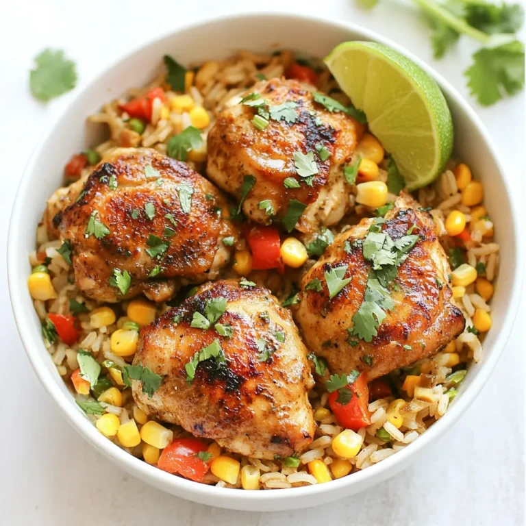 - 1 lb boneless, skinless chicken thighs, diced - 1 cup brown rice, rinsed - 2 cups chicken broth - 1 cup salsa verde - 1 cup corn kernels (fresh or frozen) - 1 red bell pepper, diced - 1 small onion, chopped - 2 cloves garlic, minced These main ingredients create a hearty base for your dish. The chicken thighs add rich flavor and tenderness. Rinsing the brown rice helps remove excess starch, leading to a better texture. Salsa verde brings a zesty kick that ties everything together. - 1 teaspoon cumin - 1 teaspoon chili powder - ½ teaspoon salt - ½ teaspoon pepper - 2 tablespoons olive oil These seasonings add depth to the dish. Cumin gives a warm, earthy tone, while chili powder adds a nice heat. The olive oil not only helps cook the chicken but also enhances the flavors of the other ingredients. - Fresh cilantro, chopped - 1 lime, cut into wedges Garnishing with cilantro adds a fresh, bright note. Lime wedges provide a zesty pop when squeezed over the dish. These garnishes enhance the flavor and make your meal look beautiful. Enjoy your cooking! {{ingredient_image_1}} Start by heating 2 tablespoons of olive oil in a large skillet over medium heat. Dice 1 pound of boneless, skinless chicken thighs into small pieces. This cut is juicy and perfect for our dish. Season the chicken with ½ teaspoon of salt, ½ teaspoon of pepper, 1 teaspoon of cumin, and 1 teaspoon of chili powder. Add the chicken to the hot skillet. Sauté for about 5 to 7 minutes, cooking until the chicken is browned and cooked through. Next, add 1 small chopped onion, 1 diced red bell pepper, and 2 minced garlic cloves to the skillet. Cook these for about 3 to 4 minutes until the veggies soften and smell great. You want to mix all the flavors together. After that, pour in 1 cup of rinsed brown rice. Stir well so the rice gets coated with the chicken and veggies. This step adds a nice texture to the dish. Now, pour in 2 cups of chicken broth and 1 cup of salsa verde. Stir everything well. Bring the mix to a boil. Once it boils, reduce the heat to low and cover the skillet. Let it simmer for about 30 minutes or until the rice is tender and absorbs most of the liquid. After 30 minutes, add 1 cup of corn kernels, stirring gently to combine. Cover and let it cook for another 5 minutes. Finally, remove from heat and let it sit for a couple of minutes. Fluff the rice with a fork, and garnish with fresh chopped cilantro. Serve with lime wedges for a zesty touch. Enjoy your hearty meal! To get tender chicken, use boneless, skinless thighs. They stay juicy and cook fast. When you season the chicken, use salt, pepper, cumin, and chili powder. Cook on medium heat. Sauté the chicken for about 5 to 7 minutes. Make sure it's browned and cooked through. This helps lock in moisture. For the best rice, rinse brown rice before using it. Rinsing removes extra starch. This helps the rice cook evenly. When adding the rice to the skillet, stir it well with the chicken and veggies. Pour in chicken broth and salsa verde. Bring it to a boil, then lower the heat. Cover the skillet, and let it simmer for about 30 minutes. This lets the rice absorb all the flavors. You can enhance the dish by adding more spices. Try adding garlic powder or onion powder for extra taste. A dash of smoked paprika adds a nice smoky flavor. If you like heat, add some cayenne pepper or red pepper flakes. Always taste as you go. Adjust spices to match your taste. Pro Tips Use Fresh Ingredients: Fresh chicken and vegetables enhance the flavor of your dish significantly. Whenever possible, opt for fresh produce for the best taste. Adjust Spice Levels: If you prefer a spicier dish, consider adding diced jalapeños or a pinch of cayenne pepper to the skillet along with the spices. Let It Rest: After cooking, let the skillet sit covered for a few minutes before serving. This allows the flavors to meld and the rice to finish cooking in the residual heat. Experiment with Toppings: Top your dish with avocado slices, crumbled queso fresco, or a dollop of sour cream for added richness and flavor. {{image_2}} You can switch proteins in this dish. Tofu is a great option for a plant-based meal. Use firm tofu, and press it to remove excess water. Cut it into cubes and sauté it just like the chicken. For beef lovers, try diced flank steak. Cook it until it’s brown, and follow the same steps for the chicken. Both options work well with the flavors of the salsa verde. To make this dish vegetarian or vegan, leave out the chicken and use vegetable broth. Replace the meat with beans, like black beans or chickpeas. They add protein and texture. You can also add extra spices for flavor depth. This way, you keep the dish hearty and satisfying without meat. Boost the nutrition in your Salsa Verde Chicken Rice Skillet by adding more veggies. Try adding spinach or kale for some greens. You can also toss in zucchini or carrots for added color and taste. Just chop them up and add them with the other veggies. Cooking them makes them soft and yummy. Extra veggies not only add nutrients but also make the dish more vibrant and appealing. You can store leftovers in an airtight container. Make sure to cool the dish first. It stays fresh for up to three days. Label the container with the date. This helps you keep track of freshness. To freeze, let the dish cool completely. Then, use a freezer-safe container. It is best to portion the meal for easy reheating. The Salsa Verde Chicken Rice Skillet can last up to three months in the freezer. To reheat, you can use the microwave or stovetop. If using a microwave, heat in short bursts. Stir in between to avoid hot spots. If on the stovetop, add a splash of broth to keep it moist. Cook over low heat until warm. Enjoy your meal! Yes, you can use white rice instead of brown rice. White rice cooks faster than brown rice. If you choose white rice, reduce the cooking time. You may need about 20 minutes instead of 30. Ensure the rice is tender and absorbs the liquid. Salsa verde is usually mild to medium spicy. It depends on the green tomatillos and peppers used. If you want a spicier dish, choose a hotter salsa verde. You can also add fresh jalapeños or chili powder for heat. Salsa Verde Chicken Rice Skillet is a complete meal. You can serve it with a side salad or tortilla chips. Fresh lime wedges add a great tangy flavor. For an extra touch, top it with avocado slices or sour cream. This blog post gave you a complete guide to making Salsa Verde Chicken Rice Skillet. We covered key ingredients, cooking steps, and tips for tasty results. Remember, you can swap proteins, adjust spice levels, and add veggies to suit your taste. Using these methods will help you enjoy a great meal. By storing leftovers correctly, you make future meals easy. I hope you try this dish and have fun in the kitchen!