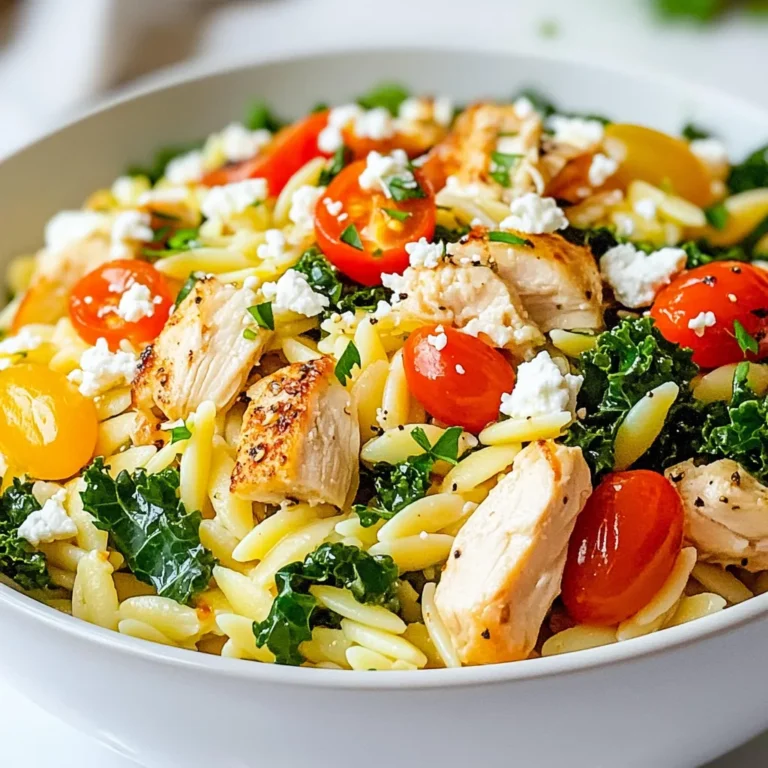 - 1 cup orzo pasta - 1 pound boneless, skinless chicken breasts, diced - 1 cup kale, chopped - 1 cup cherry tomatoes, halved The main ingredients in this dish are simple yet flavorful. Orzo pasta gives a nice texture. Chicken breasts add lean protein. Kale provides nutrients, while cherry tomatoes add a sweet burst of flavor. - 2 cups low-sodium chicken broth - 1/2 cup onion, finely chopped - 3 cloves garlic, minced - 1 teaspoon dried oregano - 1 teaspoon paprika - 1 tablespoon olive oil - Salt and pepper to taste - 1/4 cup feta cheese, crumbled (optional) - Fresh parsley, for garnish The seasonings enhance the dish's taste. Garlic and onion offer a savory base. Oregano and paprika give warmth. Using low-sodium chicken broth makes this meal heart-healthy. Optional toppings like feta cheese and parsley add a touch of flair. Each serving contains a good amount of protein. This dish can have around 30 grams of protein per serving. Using low-sodium chicken broth helps reduce salt intake. This is great for heart health while keeping flavor intact. {{ingredient_image_1}} To start, heat olive oil in a large skillet over medium heat. Add the diced chicken and cook it until it is lightly browned and fully cooked. This takes about 6 to 8 minutes. Season it well with salt, pepper, dried oregano, and paprika. These spices boost the flavor. Once cooked, remove the chicken from the skillet and set it aside. Next, in the same skillet, add the chopped onion. Sauté it for 3 to 4 minutes until it softens. After that, add the minced garlic and cook for one more minute. Be careful not to burn it. Then, pour in the chicken broth and bring it to a boil. Stir in the orzo pasta and cook according to the package instructions, which is usually around 8 to 10 minutes. Wait until the orzo is al dente. When the orzo is nearly done, add the chopped kale and halved cherry tomatoes to the skillet. They will wilt and warm through nicely. Return the cooked chicken to the skillet. Mix everything together until well combined. Adjust the seasoning with more salt and pepper if needed. For a fun touch, sprinkle crumbled feta cheese on top before serving. This adds a creamy flavor that pairs well. For presentation, serve the orzo in deep bowls. Garnish with fresh parsley and an extra sprinkle of feta for a colorful finish. You can also add a drizzle of olive oil for an elegant touch. Enjoy your wholesome meal! To ensure your chicken is perfectly cooked, use a food thermometer. Chicken should reach 165°F. This keeps it juicy and safe to eat. Cook the diced chicken in olive oil for about 6-8 minutes. It should be lightly browned. Make sure to season well with salt, pepper, oregano, and paprika for flavor. To avoid mushy orzo pasta, follow the cooking time on the package. Stir it occasionally while it cooks. Add the orzo to boiling chicken broth to help it cook evenly. Check the pasta a minute or two before the timer goes off. It should be al dente, firm but tender. To increase protein content, consider adding beans or chickpeas. They blend well with the dish and add more fiber. You can also use turkey instead of chicken. For a vegetarian option, try tofu or tempeh. They absorb flavors nicely and make a great substitute. If you want to switch up the ingredients, use spinach instead of kale. You can also try bell peppers or zucchini for extra veggies. If you love cheese, sprinkle more feta on top for a richer taste. For storing leftovers, let the dish cool down first. Then, place it in an airtight container. It can last in the fridge for about 3-4 days. This makes it easy for quick meals later. When reheating, use the microwave for quick results. Place a damp paper towel over the dish to keep it moist. You can also reheat it on the stovetop. Add a splash of broth to keep it from drying out. Enjoy your wholesome meal again! Pro Tips Use Fresh Ingredients: Fresh kale and ripe cherry tomatoes will enhance the flavor and nutritional value of your dish. Adjust Cooking Time: Keep an eye on the orzo as it cooks; overcooking can result in a mushy texture. Experiment with Spices: Feel free to add other spices like crushed red pepper or Italian seasoning for more depth of flavor. Storage Tips: Store leftovers in an airtight container in the refrigerator for up to 3 days. Reheat gently on the stove with a splash of broth. {{image_2}} You can switch out chicken for turkey. Turkey gives a similar taste and stays lean. For a plant-based option, try tofu or beans. Tofu absorbs flavors well and adds protein. Beans like chickpeas or black beans work too. They are tasty and filling. For vegetarian options, use a mix of vegetables and proteins. This keeps the dish healthy and satisfying. If you don’t have kale, try spinach or Swiss chard. Both greens are rich in nutrients. They add color and flavor. You can also mix in other vegetables. Bell peppers, zucchini, or carrots brighten the dish. Each option brings a new taste and texture. Get creative based on what you have at home. To change the flavor, add lemon zest or fresh herbs. Lemon gives a bright and fresh taste. Herbs like basil or thyme add depth. For a spicy kick, sprinkle in chili flakes. This adds heat and excitement. You can adjust these flavors to match your mood or meal. You can store High Protein Chicken Orzo in the fridge for up to three days. Use airtight containers to keep it fresh. Glass or plastic containers work well. Avoid leaving it out for more than two hours to prevent spoilage. If you want to freeze it, store it in freezer-safe bags or containers. It can last up to three months in the freezer. To thaw, place it in the fridge overnight. This method keeps the texture nice and prevents mushiness. Reheat your Chicken Orzo gently to keep it flavorful. The best way is to use the stove. Add a splash of chicken broth or water to help it warm evenly. You can also use the microwave if you're in a hurry. Just cover it and heat in short bursts, stirring in between. Orzo is a type of pasta that looks like rice. It is made from wheat and is small and oval-shaped. You can use orzo in many dishes, like soups or salads. It absorbs flavors well, making it tasty in any meal. To make this dish even better for you, try adding more veggies. You can include bell peppers, zucchini, or broccoli. These add fiber and vitamins. You can also add more protein. Chickpeas, lentils, or nuts work great. They boost protein and give nice texture. Yes, you can prep this recipe in advance. Cook the chicken and orzo, then store them separately. Put them in airtight containers in the fridge for up to three days. When ready to eat, simply heat them together. This keeps the flavors fresh and delicious. This blog post explored a delicious orzo chicken dish. I shared key ingredients, tasty seasonings, and nutritional benefits. You learned how to cook chicken and orzo perfectly, with tips for flavor and meal prep. In conclusion, you can easily customize this dish to fit your tastes. Whether you prefer different proteins or vegetables, the options are endless. Enjoy experimenting and creating meals that keep you healthy and satisfied!