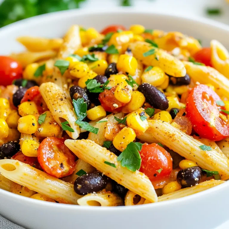 - 12 oz penne pasta (or your choice of pasta) - 1 medium onion, diced - 3 cloves garlic, minced - 1 bell pepper (red or yellow), diced - 1 cup cherry tomatoes, halved - 1 can (15 oz) black beans, drained and rinsed - 1 cup corn (fresh or frozen) - 2 teaspoons Cajun seasoning - 1/2 teaspoon smoked paprika - Salt and pepper to taste - 1 cup coconut milk (or other non-dairy cream) - Fresh parsley, chopped (for garnish) When making Vegan Cajun Pasta, the ingredients shine. Each one adds depth and flavor. First, the penne pasta acts as a base. You can use any pasta you love. The onion and garlic give a strong start. They bring warmth and aroma to the dish. Next, add a bell pepper for color and sweetness. The cherry tomatoes burst with juiciness. They create a lovely sauce when cooked. Black beans add protein and texture. They make the dish hearty. Corn brings a sweet crunch. The Cajun seasoning adds a kick of flavor. Smoked paprika gives a hint of smokiness. Salt and pepper balance everything. Finally, coconut milk creates a creamy sauce. It ties all the ingredients together. Garnish with fresh parsley for a pop of color. This makes your Vegan Cajun Pasta not just tasty but beautiful too. Each ingredient plays a role in making this dish special. {{ingredient_image_1}} Start by boiling a large pot of salted water. This step adds flavor to the pasta. Once it boils, add the penne pasta. Cook it according to the package instructions, usually about 8-10 minutes. You want it al dente, which means it should be firm but not hard. Drain the pasta and set it aside for later. Next, grab a large skillet and heat one tablespoon of olive oil over medium heat. Add the diced onion and sauté it for about 3-4 minutes. You want the onion to soften but not brown. Now, stir in three minced garlic cloves and one diced bell pepper. Cook this mix for another 2-3 minutes. The peppers should soften up nicely. Now, it’s time to add more color and flavor. Toss in one cup of halved cherry tomatoes, one can of drained black beans, and one cup of corn. Stir everything well and let it cook for about 5 minutes. You want the tomatoes to begin softening. This will help create a juicy mix! Next, sprinkle in two teaspoons of Cajun seasoning and a half teaspoon of smoked paprika. Add salt and pepper to taste. Mix it all up so the spices coat the veggies. Pour in one cup of coconut milk. This will make your dish creamy and rich. Stir well and bring it to a simmer. Let it cook for about 5-7 minutes. This simmering helps the flavors blend and the sauce to thicken just right. Now, it’s time to bring everything together! Add the cooked pasta to your skillet. Toss it gently to mix the pasta with the sauce and veggies. Cook for an additional 2 minutes. This final cooking helps all the flavors meld together beautifully. When you’re ready to serve, dish it out into bowls. For a lovely finish, sprinkle some fresh parsley on top. You can also add extra Cajun seasoning for a pop of color. Consider serving a lime wedge on the side for a zesty touch that brightens the dish! - Cook your pasta until al dente. This means it should still have a bit of bite. - Al dente pasta holds its shape better and absorbs the sauce nicely. - Sauté your veggies well to bring out their flavors. Heat your oil, then add the onion. - Cook the onion for 3-4 minutes until it softens. Then, add garlic and bell pepper. - Sauté them for 2-3 minutes to release their taste. This step builds a strong base for your sauce. - Want more heat? Add extra Cajun seasoning or a splash of hot sauce. - You can also mix in some red pepper flakes for a spicy kick. - If you don’t have coconut milk, try almond milk or cashew cream. - These alternatives will keep the dish creamy without losing flavor. - Store leftovers in an airtight container in the fridge. - They should stay fresh for about 3-4 days. - To reheat, use a skillet over low heat. Add a splash of water or broth to keep it moist. - Stir often to prevent sticking and ensure even heating. Pro Tips Perfect Pasta Texture: Ensure your pasta is cooked al dente for the best texture and to prevent it from becoming mushy when combined with the sauce. Customize Your Heat: Adjust the amount of Cajun seasoning based on your spice preference. You can start with less and add more as desired while cooking. Fresh Ingredients Matter: Using fresh vegetables, especially the bell peppers and cherry tomatoes, will enhance the flavor and texture of your dish significantly. Garnish for Flavor: Don’t skip the parsley garnish! It adds a fresh, bright flavor that complements the dish beautifully. {{image_2}} You can switch the black beans for other legumes. Try using chickpeas or lentils. These will add different textures and flavors. If you want to use grains, consider quinoa or brown rice. They will add a nutty taste and more protein. Seasonal veggies can also change your dish. In summer, use zucchini or fresh corn. In fall, add butternut squash or kale. They will add color and vitamins to your meal. For a spicier kick, add cayenne pepper or crushed red pepper flakes. This will make your dish hotter and more exciting. You can also try different Cajun blends or even jerk seasoning. Each mix gives a new twist to the flavor. Adding tofu or tempeh can boost protein. Tofu absorbs flavors well and adds nice texture. Tempeh has a richer taste and is great for heartiness. Both options are simple to add in while cooking. If you need gluten-free options, use gluten-free pasta. Many brands offer tasty choices made from rice or chickpeas. These will cook well and keep the dish tasty. For a nut-free cream, you can replace coconut milk with oat or soy milk. Both options are creamy and will blend nicely. This keeps the dish rich without using nuts. Black beans are rich in protein and fiber. They help keep you full longer. Corn adds sweetness and provides vitamins like B6 and folate. Coconut milk offers healthy fats and adds creaminess to the dish. It also contains iron and magnesium, which are vital for health. This recipe serves four. Each serving has about 400 calories. You get around 15 grams of protein and 8 grams of fiber. The dish has healthy fats from coconut milk, making it a balanced meal. Plant-based meals lower the risk of chronic diseases. They can improve heart health and support weight loss. Vegan cooking is also good for the planet. It uses fewer resources and reduces carbon footprints. Enjoying plant-based meals helps support sustainability and a healthier lifestyle. You can boost the heat in your Vegan Cajun Pasta. Try adding more Cajun seasoning. You can also add cayenne pepper for an extra kick. Hot sauce is another great option. Just a few drops can really spice things up. If you want to mix it up, try a spicy salsa or chipotle sauce. Yes, you can make this dish ahead of time. Cook the pasta and veggies separately. Store them in airtight containers. When you are ready to eat, just combine and heat. This way, the flavors stay fresh. You can also prepare the sauce in advance. Just store it in the fridge until you are ready to use it. This dish pairs well with many sides. A fresh green salad is a great choice. You can also serve it with garlic bread for a nice touch. For something heartier, try roasted veggies. You could add some avocado slices for creaminess too. Yes, this pasta is perfect for meal prep. It stores well in the fridge for about 3-4 days. Make sure to keep the sauce separate if possible. This will help the pasta stay firm. When you want to eat, just heat it up in the microwave or on the stove. You can freeze this dish! First, let it cool completely. Then, store it in freezer-safe containers. Make sure to label them with the date. Thaw it in the fridge overnight before reheating. Reheat it on the stove or in the microwave until hot. This keeps the taste fresh and delicious. This blog post covered how to make a delicious Vegan Cajun Pasta. We explored each ingredient, from penne and fresh veggies to creamy coconut milk. I provided step-by-step cooking instructions and helpful tips for flavor and storage. We also discussed ways to customize this dish with various ingredients. Remember, cooking should be fun and creative! Try different flavors and enjoy this tasty meal. Your kitchen is the perfect place to experiment with flavors and ideas. Enjoy your cooking!