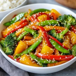 - 1 cup broccoli florets - 1 cup bell peppers (mixed colors), sliced - 1 cup sugar snap peas - 1 medium carrot, julienned - 1 cup mushrooms, sliced - 2 cloves garlic, minced - 1-inch piece ginger, grated - 2 tablespoons soy sauce (low sodium) - 1 tablespoon sesame oil - 1 tablespoon cornstarch mixed with 2 tablespoons water - 1 teaspoon sesame seeds (for garnish) - Cooked rice or quinoa (for serving) In this recipe, we use fresh, colorful vegetables. Broccoli adds crunch. Bell peppers bring sweetness. Sugar snap peas add a lovely snap. Carrots give a vibrant touch. Mushrooms offer depth in flavor. Each of these veggies makes your dish more fun and tasty! For flavor, garlic and ginger are key. They bring warmth and zest that you will love. Low-sodium soy sauce adds saltiness without being too strong. This mix of flavors makes each bite exciting. We finish it with sesame oil. This oil adds a nutty taste. A little cornstarch mixed with water helps thicken the sauce. It makes everything stick together nicely. Finally, we sprinkle sesame seeds on top for a nice crunch. Serve this stir-fry over rice or quinoa for a complete meal. {{ingredient_image_1}} Start by chopping your vegetables. You need to make them bite-sized. For the broccoli, cut it into small florets. Slice the bell peppers into thin strips. Julienning the carrot is easy; just cut it into long, thin pieces. Next, you will mince the garlic and grate the ginger. For this, peel the garlic cloves and chop them finely. Use a grater for the ginger, which adds a nice kick to your dish. Now, it’s time to cook! Heat 1 tablespoon of sesame oil in a large skillet or wok over medium-high heat. When the oil is hot, add the minced garlic and grated ginger. Sauté them for about 1 minute. You want to smell that amazing aroma! Toss in the broccoli and carrot next. Stir-fry these for about 3-4 minutes. They should become slightly tender. After that, add the sliced bell peppers, sugar snap peas, and mushrooms. Stir-fry everything for another 3-5 minutes. Look for bright colors and a crisp-tender texture in your veggies. Pour in 2 tablespoons of low-sodium soy sauce. Stir well to mix everything together. To thicken the sauce, slowly add your cornstarch mixture while stirring. It should take about 1-2 minutes to get that nice, thick sauce. Remove the skillet from heat and sprinkle 1 teaspoon of sesame seeds on top. Now your veggie-packed stir fry is ready! Serve it hot over cooked rice or quinoa for a complete meal. To make a great stir-fry, cook on high heat. High heat cooks the veggies fast. This keeps them crisp and bright. Timing is key. Start with veggies that need longer cooking, like carrots and broccoli. After a few minutes, add the quicker-cooking ones, like bell peppers and snap peas. This way, everything stays crunchy and colorful. Want to add some spice? Try red pepper flakes or chili paste. Both give a nice kick. If you want less salt, use low-sodium soy sauce. You can also mix soy sauce with a bit of vinegar for a tangy twist. This adds depth to your dish without too much salt. Serve your stir-fry on colorful plates. This makes the dish pop and look fun. For garnishing, sprinkle sesame seeds on top. A drizzle of sesame oil adds shine and flavor. These small touches make your meal look as good as it tastes. Pro Tips Prep Ahead: Chop and prepare all vegetables in advance to make the cooking process smoother and quicker. High Heat: Stir-frying works best at high heat to achieve that perfect crisp-tender texture, so don’t hesitate to raise the temperature. Color Variety: Use a mix of colorful vegetables not only for visual appeal but also to maximize nutritional benefits. Adjust to Taste: Tweak the soy sauce and sesame oil amounts to suit your flavor preference; add more for a bolder taste. {{image_2}} You can add protein to your veggie packed stir fry. Tofu is a great choice for a vegetarian option. It soaks up the flavors well. Press it to get rid of excess water. Then, cut it into cubes. Sauté the tofu until golden brown before adding veggies. If you prefer meat, chicken, beef, or shrimp works too. Cut them into small pieces for quick cooking. Add them to the pan after the garlic and ginger. This way, the meat cooks through while keeping your veggies crisp. Feel free to swap vegetables based on what you have. Seasonal veggies are always fresh and tasty. Think of zucchini, asparagus, or even spinach. You can mix and match to keep it fun! Frozen vegetables are an easy option too. They last longer and save time. Just toss them in straight from the bag. They cook quickly and still taste great. If you need a gluten-free stir fry, use tamari instead of soy sauce. Tamari has a similar flavor but is safe for gluten-free diets. For thickening, use arrowroot powder or potato starch instead of cornstarch. Mix it with water first. Then, add it to your stir fry to create a nice sauce. To keep your veggie packed stir fry fresh, store leftovers right away. Use airtight containers to seal in flavor and moisture. Glass or BPA-free plastic containers work best. Make sure to cool the stir fry before sealing it. This helps prevent condensation, which can make your veggies soggy. If you want to save some for later, freezing is a great option. First, let the stir fry cool completely. Then, portion it into freezer-safe bags or containers. Squeeze out as much air as possible to avoid freezer burn. When you're ready to eat it, thaw the stir fry in the fridge overnight. To reheat, use a skillet over medium heat, stirring until hot. In the fridge, your veggie packed stir fry lasts about 3 to 5 days. Always check for spoilage before eating. Look for changes in color or smell. If it looks mushy or smells off, it's best to toss it. Proper storage helps you enjoy this dish longer! To make your stir fry healthier, you can use low-calorie ingredients. Try using more veggies like zucchini or spinach. You can also swap soy sauce for a low-sodium version. This helps cut down on salt. Use less oil by trying a non-stick pan or wok. You can also steam some veggies instead of frying them. You can serve your veggie packed stir fry with rice, quinoa, or noodles. Each option adds a nice base to your dish. For a complete meal, add a protein like tofu, chicken, or shrimp. A fresh salad on the side can also balance your plate. Yes, you can prep ingredients in advance! Chop your vegetables the night before. Keep them in the fridge in an airtight container. You can also marinate proteins ahead of time for extra flavor. Just remember to keep everything fresh until you cook! This blog post covered a delicious veggie stir-fry packed with color and flavor. We explored key ingredients, essential cooking tips, and creative variations to keep it fresh. Remember to cook on high heat to keep veggies crisp and flavorful. Feel free to swap ingredients based on your taste or what you have on hand. Store leftovers properly or freeze them for later. Embrace this simple dish as a healthy, tasty option. Enjoy your cooking adventure, and keep experimenting to make it your own!