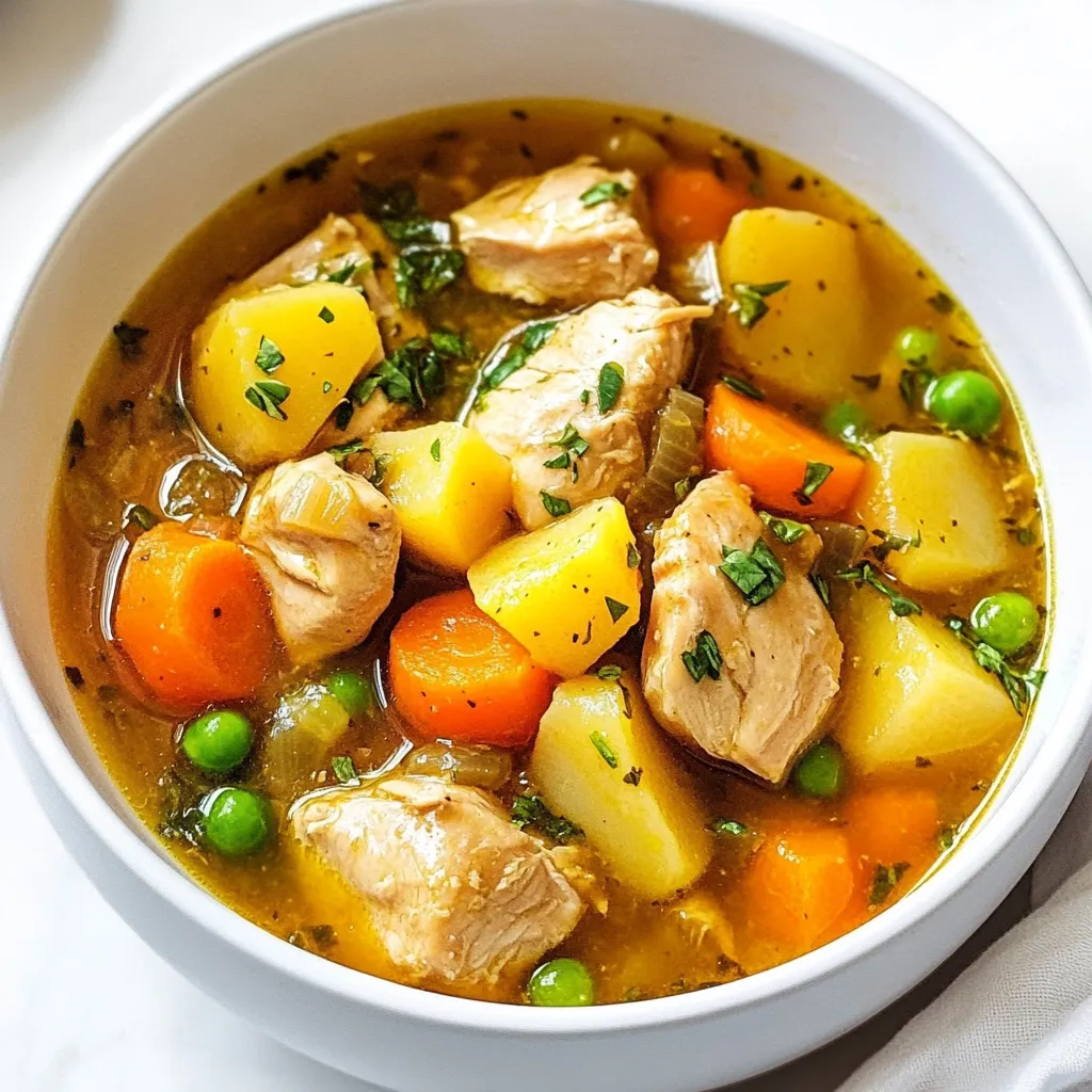 - 1.5 lbs chicken thighs, boneless and skinless, chopped into bite-sized pieces - 4 carrots, sliced - 3 potatoes, diced - 1 onion, chopped - 3 cloves garlic, minced - 4 cups chicken broth - 2 teaspoons dried thyme - 2 teaspoons dried rosemary - 1 teaspoon paprika - Salt and pepper to taste - 1 cup frozen peas - 2 tablespoons olive oil The main ingredients in this chicken stew create a warm and filling meal. I love using chicken thighs because they stay juicy and tender. Carrots and potatoes add sweetness and heartiness. Onions and garlic bring flavor that makes the whole dish shine. Don’t forget the herbs! Thyme and rosemary add depth, while paprika gives a slight kick. - 1 tablespoon cornstarch (optional, for thickening) - Fresh parsley, chopped (for garnish) If you want a thicker stew, you can use cornstarch. Mix it with water and add it in the last part of cooking. Fresh parsley not only adds color but also a fresh taste. It makes the stew look beautiful when you serve it. - Chicken alternatives: You can use chicken breasts if you prefer. - Vegetable variations: Swap in sweet potatoes, green beans, or celery for variety. If you don’t have chicken thighs, chicken breasts work just as well. For veggies, get creative! You can use whatever you have. Sweet potatoes add a nice twist, and green beans give a fresh crunch. These swaps keep the stew exciting while still tasting great. {{ingredient_image_1}} First, gather all your ingredients. You will need chicken, carrots, potatoes, onion, garlic, chicken broth, and spices. 1. Start by chopping the onion and mincing the garlic. 2. Heat olive oil in a skillet over medium heat. 3. Add the chopped onion and garlic. Sauté for about 3-4 minutes. The mix should smell great and look soft. 4. Next, layer these sautéed ingredients in the slow cooker. 5. Now, chop the chicken thighs into bite-sized pieces. Add them to the slow cooker. 6. Slice the carrots and dice the potatoes. Toss them in too. 7. Finally, pour in the chicken broth and sprinkle in the thyme, rosemary, and paprika. Don’t forget to add salt and pepper to taste. Now it is time to set the slow cooker. 1. Cover the slow cooker with its lid. 2. Set it to cook on low for 6-7 hours or high for 4-5 hours. 3. Check the chicken and veggies for tenderness after the cooking time. They should be soft and easy to eat. About 30 minutes before serving, it’s time to add some color and flavor. 1. Toss in the frozen peas. They will brighten up the stew. 2. If you want a thicker stew, mix cornstarch with 2 tablespoons of cold water. Stir this slurry into the stew. 3. Taste the stew and adjust the seasoning if needed. Your slow cooker chicken stew is almost ready to enjoy! Seasoning is key to a great stew. Salt and pepper enhance all flavors. I love using fresh herbs when I can. They add bright and vivid flavor. Dried herbs also work well; just use less. About half the amount is often best. Use the low setting for a longer cook time. It allows flavors to blend well. If short on time, the high setting works too. Always prep your ingredients in advance. Chopping veggies and chicken ahead saves time later. Pair your stew with crusty bread or rice. These sides soak up the tasty broth. For presentation, serve in deep bowls. A sprinkle of fresh parsley on top looks nice. It adds color and a hint of freshness to the dish. Pro Tips Use Bone-in Chicken for Flavor: Bone-in chicken thighs will add more depth and richness to your stew. If you prefer this method, just remove the bones after cooking before serving. Vegetable Variations: Feel free to add other seasonal vegetables such as parsnips, butternut squash, or green beans for added flavor and nutrition. Make it Ahead: This stew tastes even better the next day! Make it ahead of time and store in the refrigerator, allowing the flavors to meld beautifully overnight. Adjusting Thickness: If you prefer a thicker stew, try adding a mashed potato or pureed vegetable to the mixture during the last 30 minutes of cooking. {{image_2}} You can switch up the protein in this stew. Try beef or pork for a heartier taste. Both work well with the same spices. For a lighter option, use tofu or chickpeas. They soak up flavors well and add protein. You can also use beans for a meatless meal. Want some heat? Add red pepper flakes or a splash of hot sauce. This brings spice to your stew. You can also play with herbs. Try adding basil or oregano for a different twist. These herbs change the taste and make it unique. You can explore different cuisines with this recipe. For a Mediterranean twist, add olives and sun-dried tomatoes. These ingredients give it a fresh flavor. If you prefer Asian flavors, add soy sauce and ginger. This creates a whole new experience and aroma in your kitchen. You can store leftover chicken stew in the fridge. Make sure it cools down first. Put the stew in a container with a tight lid. This helps keep it fresh. I recommend using glass or plastic containers. They are easy to stack and store. Leftovers will last about three to four days. To freeze chicken stew, let it cool completely. Pour the stew into freezer-safe bags or containers. Leave some space at the top, as the stew will expand when frozen. Seal the bags tightly to avoid air. You can freeze the stew for up to three months. When you are ready to eat it, thaw it in the fridge overnight. This helps keep the flavor and texture nice. If you need it fast, you can also thaw it in the microwave. Just be careful to heat it slowly. When reheating your stew, use low heat to avoid burning. You can do this on the stove or in the microwave. Stir the stew often to heat it evenly. If it seems thick, you can add a splash of broth or water. This helps maintain its smooth texture. Make sure to taste your stew before serving. Adjust the seasoning if needed. This will keep the flavors bright and tasty. Yes, you can use frozen chicken. Cooking from frozen takes longer. If using frozen chicken, add an extra hour to the cook time. The chicken should reach a safe temperature of 165°F. Thawed chicken cooks faster and is easier to work with. I recommend thawing when possible for better texture. To thicken your stew, use cornstarch. Mix one tablespoon of cornstarch with two tablespoons of cold water. Stir this slurry into the stew about 30 minutes before serving. You can also mash some of the potatoes in the stew. This adds more body and texture to the dish. Chicken stew pairs well with many sides. I enjoy serving it with crusty bread for dipping. Rice also works nicely, soaking up the broth. A simple green salad adds freshness to the meal. You can even serve it with mashed potatoes for a hearty combo. In this blog post, we explored creating a delicious chicken stew. We reviewed key ingredients like chicken thighs, fresh vegetables, and spices. I shared handy tips to enhance flavor and offered cooking tricks for the best results. You also learned various protein options and flavor adjustments to suit your taste. To wrap it up, this stew is versatile and perfect for any occasion. I hope you try making it and enjoy every bite!