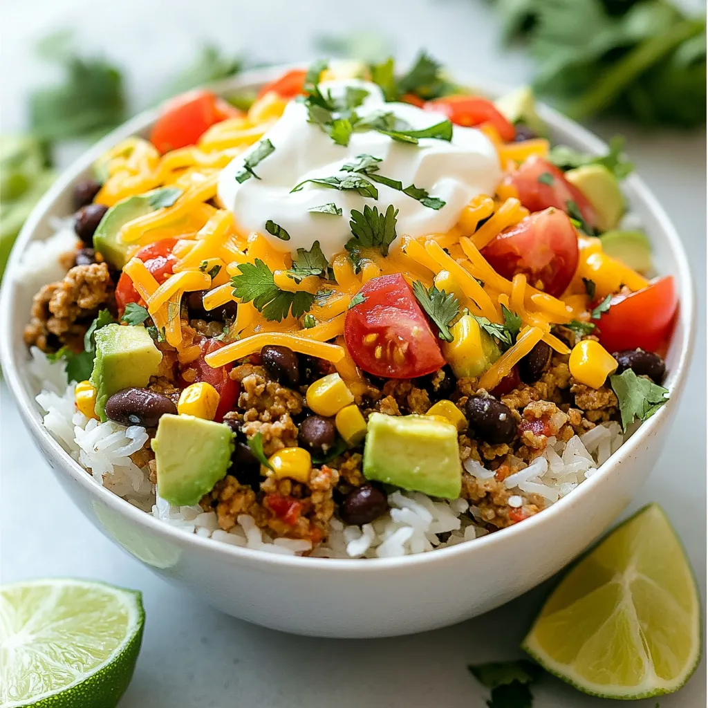 - 1 cup long-grain rice (white or brown) - 1 can (15 oz) black beans, rinsed and drained - 1 cup corn kernels (fresh, frozen, or canned) - 1 lb ground turkey or beef - 1 packet taco seasoning - 1 cup diced tomatoes (fresh or canned) - 1 avocado, diced - 1 cup shredded cheese (cheddar or Mexican blend) - 1/2 cup sour cream - Fresh cilantro, for garnish - Lime wedges, for serving - Salt and pepper to taste I love using simple, fresh ingredients for my Easy Taco Rice Bowls. This mix packs a punch of flavor and color. First, you need rice. I prefer long-grain rice, either white or brown, for a nice texture. Next, I always add black beans. They are rich in protein and fiber. Corn kernels boost sweetness and crunch. I often use fresh, frozen, or canned corn—whatever I have handy. For the meat, I choose ground turkey or beef. Both work great, but turkey is lighter. Taco seasoning adds that classic taste. I use a packet for ease, but you can mix your own spices if you like. Diced tomatoes bring freshness and moisture. Avocado adds creaminess and healthy fats. Shredded cheese gives that melty goodness. I usually go for cheddar or a Mexican blend. Sour cream adds a tangy kick. Fresh cilantro brightens the whole dish. Lastly, lime wedges give a zesty finish. Each ingredient plays a key role, making this dish simple yet flavorful. You can mix and match based on your preferences, too! {{ingredient_image_1}} To start, cook your long-grain rice. You can use either white or brown rice. Follow the package instructions for the best results. Bring water to a boil, add the rice, and cover. Let it simmer until tender. After cooking, fluff the rice with a fork. This helps separate the grains. Set the rice aside for later use. Next, take a large skillet and heat it over medium heat. Add the ground turkey or beef to the skillet. Cook the meat until it is browned and fully cooked. This should take about 6 to 8 minutes. If needed, drain any excess fat. Once the meat is ready, add the taco seasoning. Mix in 1/4 cup of water according to the packet instructions. Simmer the mixture for 5 minutes until it thickens. Now, it’s time to bring everything together. Stir in the black beans and corn into the skillet. Mix well and heat for another 2 to 3 minutes until warmed through. In serving bowls, start with a layer of the cooked rice. Then, add the seasoned meat mixture on top. Finish by adding diced tomatoes, avocado, and a sprinkle of shredded cheese. Top each bowl with a dollop of sour cream. Don’t forget to garnish with fresh cilantro. Serve lime wedges on the side for extra flavor. To get the best flavor from taco seasoning, use it wisely. Mix it with the meat and let it cook well. Adding a splash of water helps the spices blend in. Always taste as you go. This way, you can adjust the seasoning if needed. When browning meat, keep the heat at medium. Don't crowd the pan. This helps the meat brown nicely. Stir it often to cook evenly. If you see too much fat, drain it. This keeps your dish from being too greasy. For taco rice bowls, serve with fresh sides. Lime wedges add a zesty kick. A simple green salad pairs well too. You can also add tortilla chips for crunch and fun. You can customize toppings based on your taste. Love heat? Try jalapeños or hot sauce. Want more veggies? Add sliced bell peppers or corn. Go wild with your choices! Get creative when you serve taco rice bowls. Use clear bowls to show off the colors. Layer the ingredients for a nice view. It makes the dish look even more inviting. Garnish with fresh cilantro for a pop of green. A sprinkle of cheese on top looks great too. Don't forget the lime wedges on the side. They make your dish bright and cheerful! Pro Tips Use Fresh Ingredients: Fresh tomatoes and ripe avocados will elevate the flavor and freshness of your Taco Fiesta Rice Bowls. Customize Your Proteins: Feel free to substitute ground turkey or beef with shredded chicken, tofu, or even a plant-based meat alternative for a different twist. Spice It Up: Add jalapeños or hot sauce for a spicy kick that complements the other flavors in the bowl. Meal Prep Friendly: This recipe is great for meal prepping! Cook a larger batch and store components separately in the fridge for quick lunches or dinners throughout the week. {{image_2}} You can easily swap proteins in this dish. Ground turkey is great, but chicken works too. If you want a meatless option, try tofu or tempeh. Both add good protein and flavor. For beans, black beans are classic, but you can use pinto or kidney beans. Each type brings its own taste. If you want a heartier base, consider using quinoa or farro instead of rice. These grains add texture and nutrition. Spices can change the whole taste of your taco rice bowl. If you like heat, add chili powder or cayenne pepper. You can also mix in smoked paprika for a rich flavor. Hot sauce is a fun way to kick things up. Try salsa for a fresh twist too. For a vegetarian or vegan version, skip the meat and cheese. Use more beans or add veggies like bell peppers and zucchini. Nutritional yeast can replace cheese and give a cheesy flavor without dairy. Taco rice bowls are easy to change into other forms. You can make burritos using the same filling. Just wrap everything in a tortilla for a hand-held meal. If nachos sound good, layer tortilla chips with the meat mixture and toppings. Add melted cheese on top and serve with salsa and sour cream. This is a fun way to share with friends! To keep your taco rice bowls fresh, place them in an airtight container. This helps prevent moisture loss. Add a layer of plastic wrap if you want extra protection. Taco rice bowls can last in the fridge for up to three days. If you notice any off odors or changes in texture, it’s best to toss them out. If you want to save your taco rice bowls for later, you can freeze them. Start by separating the ingredients. Freeze the rice, meat mixture, and toppings in different containers. This way, you can mix and match later. Taco rice bowls can be frozen for up to three months. To reheat from frozen, take the components out the night before. Let them thaw in the fridge. When ready to eat, warm the rice and meat in a skillet over low heat. Stir often to heat evenly. You can microwave the toppings for a quick option. Enjoy your meal without losing flavor! It takes about 30 minutes to make Easy Taco Rice Bowls. You will spend about 10 minutes prepping the ingredients. Cooking the rice and meat mixture takes around 20 minutes. Start by cooking the rice according to the package. While the rice cooks, brown the ground turkey or beef. This timing keeps everything fresh and hot for serving. Yes, you can make taco rice bowls ahead of time. Cook the rice and meat mixture in advance. Store them in separate containers in the fridge. Keep the toppings like cheese, tomatoes, and avocado fresh until you serve. This way, you can enjoy a quick meal on busy days. Just reheat the rice and meat before serving. Taco rice bowls pair well with many side dishes. Here are some great ideas: - Simple side salad with lettuce, tomatoes, and lime dressing - Tortilla chips with salsa or guacamole - Grilled corn on the cob - Mexican-style street corn (Elote) - A refreshing fruit salad with lime juice These sides add fun and flavor to your meal! You can create tasty taco rice bowls easily. We covered key ingredients, from long-grain rice to fresh cilantro. I shared simple instructions for cooking rice and preparing meat. Mix it all together for a fun dish. Don’t forget the tips for flavor and storage. Customize it with your favorite toppings or proteins. These bowls are quick, tasty, and make great leftovers. You can enjoy this meal with friends or family. Try it today and make your dinner special!