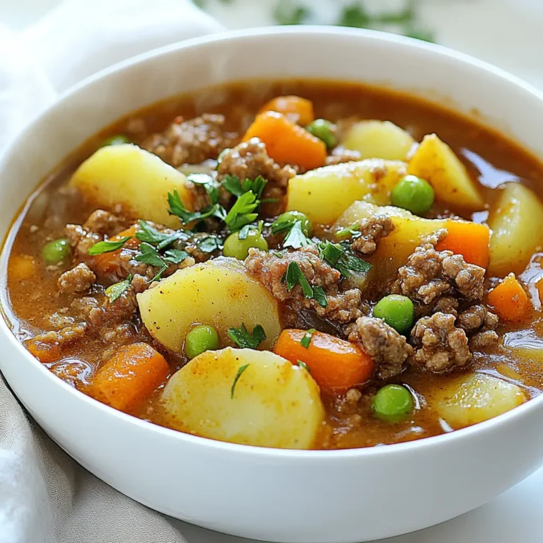To make hearty hamburger stew, gather these ingredients: - 1 lb ground beef - 1 large onion, diced - 2 cloves garlic, minced - 3 medium carrots, sliced - 2 medium potatoes, diced - 1 can (14 oz) diced tomatoes, with juice - 4 cups beef broth - 1 cup frozen peas - 1 tablespoon Worcestershire sauce - 1 teaspoon dried thyme - 1 teaspoon dried oregano - Salt and pepper to taste - 2 tablespoons olive oil - Fresh parsley, chopped (for garnish) You can swap ground beef for other meats. Turkey or chicken work well. For a vegetarian option, use a meat substitute or lentils. If you do not have fresh garlic, garlic powder is a good choice. Canned tomatoes can be replaced with fresh ones if you prefer. You can also use vegetable broth instead of beef broth to make it lighter. Using fresh and high-quality ingredients makes a big difference. The flavor of your stew shines through when you use good beef and fresh vegetables. Fresh herbs add a burst of flavor that dried ones can’t match. Quality ingredients help you create a meal that comforts and satisfies. {{ingredient_image_1}} Start with a large pot. Heat 2 tablespoons of olive oil over medium heat. Add 1 large diced onion and 2 minced garlic cloves. Cook them for about 3-4 minutes. You want the onion to turn soft and clear. Stir the mix often to prevent burning. This step builds a great flavor base for your stew. Next, raise the heat to medium-high. Add 1 pound of ground beef to the pot. Break it apart with a spoon. Cook it for about 5-7 minutes. The beef should turn brown and lose its pink color. If there’s extra fat, drain it out. This helps keep the stew from being greasy. Now, mix in 3 sliced carrots and 2 diced potatoes. Stir everything together for about 5 minutes. This helps the veggies start to soften. Then, pour in 1 can of diced tomatoes with juice and 4 cups of beef broth. Add 1 tablespoon of Worcestershire sauce, 1 teaspoon of dried thyme, and 1 teaspoon of dried oregano. Stir well to combine all the flavors. Bring the stew to a boil, then reduce the heat to low. Cover it and let it simmer for 30-35 minutes. The potatoes and carrots should be tender when done. In the last few minutes, add 1 cup of frozen peas. Season with salt and pepper to taste. Let it sit for 5 minutes before serving. Enjoy your hearty meal! To boost the taste of your stew, try adding fresh herbs. Fresh thyme or basil can make a big difference. You can also add a splash of red wine for depth. If you want more heat, add a pinch of red pepper flakes. These small changes can make your stew shine. If you like soft veggies, stick to the 30-35 minutes of simmering. For crunchier carrots and potatoes, check them after 20 minutes. You can also cook the stew longer if you want deeper flavors. Just remember to keep an eye on the liquid level. You may need to add more broth or water if it gets too thick. Using the right tools makes cooking easier. A large pot or Dutch oven works best for even heat. A wooden spoon helps you mix the ingredients without scratching your pot. I also recommend a sharp knife for chopping the veggies. Lastly, have measuring cups on hand for the broth and seasonings. These tools make the process smooth and fun! Pro Tips Use Fresh Herbs: Adding fresh herbs like thyme or parsley at the end of cooking can enhance the flavors of your stew and give it a vibrant finish. Brown the Meat: Take the extra time to properly brown the ground beef. This step adds depth and richness to the overall flavor of the stew. Adjust Seasoning: Always taste your stew before serving. Adjust the seasoning with salt and pepper to your preference, as broth and tomatoes can vary in saltiness. Make Ahead: This stew tastes even better the next day! Make it in advance and let the flavors meld overnight in the fridge for a delicious meal. {{image_2}} You can make a tasty vegetarian version of hamburger stew. Start by omitting the ground beef. Use one can of lentils instead. Lentils provide protein and a nice texture. Add more veggies, like bell peppers and zucchini. Use vegetable broth in place of beef broth. This alternative keeps the stew hearty and filling. If you want to switch up the meat, turkey or chicken work well. Ground turkey has a mild flavor and is lean. Cook it the same way as you would with ground beef. Ground chicken also fits nicely in this stew. Just be sure to season it well. Each meat option gives a unique taste to the stew. Feel free to play with spices and veggies. You can add paprika for a smoky flavor. Try cumin for a warm, earthy taste. Other veggies like green beans or corn can add color and crunch. Experimenting with flavors lets you make the stew your own. Adjust the spices to match your taste. After you enjoy your hearty hamburger stew, let it cool down. Use a clean container with a tight lid. Pour the stew into the container and seal it. Store it in the fridge. The stew will stay fresh for about three to four days. Make sure to label the container with the date. If you want to keep the stew longer, freezing is a great option. First, let the stew cool completely. Then, pour it into freezer-safe bags or containers. Leave some space at the top for expansion. Seal the bags tightly and label them. The stew can last in the freezer for up to three months. To reheat, take the container from the fridge or freezer. If frozen, let it thaw overnight in the fridge. For stove reheating, pour the stew into a pot. Heat it on medium-low, stirring often until hot. If you prefer the microwave, place it in a bowl. Heat it on high for 2-3 minutes, stirring halfway. Enjoy your warm, comforting meal! Hamburger stew is a warm, filling dish made with ground beef and veggies. It cooks in one pot, making it easy to prepare and clean up. The stew has a rich flavor from beef broth, tomatoes, and herbs. You can find carrots, potatoes, and peas in this hearty meal. Each bite is comforting and perfect for cold days. Yes, you can make hamburger stew in a slow cooker. Start by browning the ground beef in a pan. Then, add it to your slow cooker with the other ingredients. Cook on low for 6-8 hours or high for 3-4 hours. This method lets the flavors blend nicely while you go about your day. Hamburger stew lasts about 3-4 days in the fridge. Store it in an airtight container for best results. Make sure it cools down before you put it in the fridge. This helps keep the stew fresh and tasty. You can serve hamburger stew with crusty bread or warm rolls. A side salad also pairs well for a fresh crunch. If you want something hearty, try serving it with rice or mashed potatoes. These sides complement the stew's rich flavors and make your meal complete. This blog covered the key parts of making hamburger stew. We discussed the needed ingredients and how to pick good ones. You learned step-by-step cooking, from prepping to serving. I shared tips to boost flavor and adjust cooking times. You also found variations to include different meats or make it vegetarian. Lastly, I emphasized storing leftovers properly. Hamburger stew is easy to make and offers many options. Enjoy making your own!
