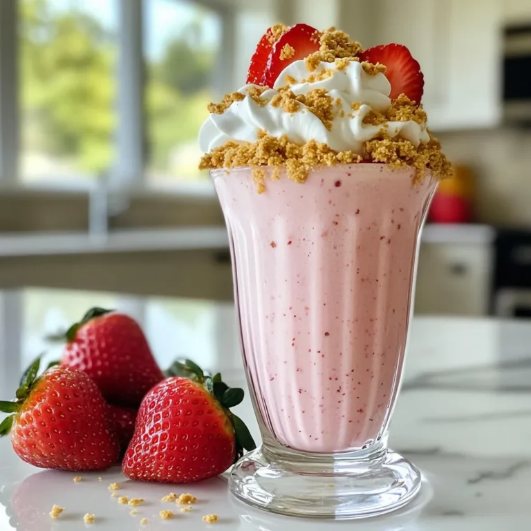 Fresh strawberries are the star of this smoothie. They give flavor and brightness. You need one cup of hulled and halved strawberries. Look for ripe strawberries that are red and sweet. They should smell good too. If they are sweet, your smoothie will taste great. Cream cheese brings a rich and creamy texture. You will need half a cup of softened cream cheese. It helps to blend everything smoothly. Make sure it is soft so it mixes well with the fruits. Use full-fat cream cheese for the best taste, but light versions work too. Greek yogurt adds a nice tang and thickens the smoothie. You can use either plain or vanilla Greek yogurt. Half a cup is perfect. It also boosts protein, making the smoothie filling. If you want a sweeter taste, go for vanilla. {{ingredient_image_1}} First, gather your fresh strawberries. You need one cup of hulled and halved strawberries. This gives your smoothie a sweet and fruity flavor. Next, take half a cup of cream cheese. Make sure it is softened to mix well. You will also need half a cup of Greek yogurt. You can use plain or vanilla yogurt. It adds creaminess and protein. Don't forget half a cup of milk, either dairy or non-dairy. This helps everything blend smoothly. Lastly, have two tablespoons of honey or maple syrup ready. This will sweeten your smoothie based on your taste. Now, it's time to blend! In your blender, add the strawberries, cream cheese, Greek yogurt, milk, and sweetener. Also, include half a teaspoon of vanilla extract for extra flavor. Blend on high speed until the mixture is totally smooth and creamy. You may need to scrape down the sides of the blender to make sure everything mixes well. If you want a thicker smoothie, toss in a handful of ice cubes. Blend again until the ice is well mixed in. Once your smoothie is smooth, it's time for the graham cracker crumbs. Measure out a quarter cup of crumbs and add them to the blender. Pulse the blender a few times to mix them in. You want some texture, so don’t blend too long. After this, taste your smoothie. If you want it sweeter, add a bit more honey or syrup. Now, pour the smoothie into glasses. For a lovely finish, garnish with extra strawberries, a dollop of whipped cream, and a sprinkle of graham cracker crumbs. Enjoy your creamy and delightful strawberry cheesecake smoothie! To get a creamy and smooth texture, start with softened cream cheese. Blend the cream cheese first with the Greek yogurt and milk. This mix helps break down the cheese well. If you want a thicker smoothie, add ice cubes. Blend again until it reaches your desired thickness. Taste your smoothie before serving. If it needs more sweetness, add honey or maple syrup. Start with a small amount, like one teaspoon. Blend again and taste. Repeat until you find the right balance for your taste buds. Remember, the sweetness can change based on the strawberries you use. Pour your smoothie into tall glasses for a fun look. Top each glass with extra strawberries and a dollop of whipped cream. Sprinkle graham cracker crumbs on top for that cheesecake feel. Serve with a straw for easy sipping. Enjoy right away for the best flavor and texture! Pro Tips Use Frozen Strawberries: For a creamier texture and to keep your smoothie cold without using too much ice, try using frozen strawberries instead of fresh. Adjust Sweetness: The sweetness of strawberries can vary; taste your smoothie before serving and adjust the honey or maple syrup to your liking. Graham Cracker Alternative: If you're looking for a gluten-free option, substitute graham cracker crumbs with crushed gluten-free cookies or almond flour. Add Protein: To make this smoothie a more filling meal, consider adding a scoop of protein powder or a tablespoon of nut butter for extra protein. {{image_2}} You can make this smoothie dairy-free with simple swaps. Use non-dairy cream cheese, like almond or soy. Replace Greek yogurt with coconut yogurt for a creamy texture. For milk, choose almond, oat, or soy milk. Each option keeps the flavor while making it dairy-free. While strawberries steal the show, feel free to mix in other fruits. Try ripe bananas for sweetness or blueberries for a burst of flavor. You can also add peaches or mangoes for a tropical twist. These combinations add fun flavors and nutrients. To boost protein, mix in protein powder or nut butter. A scoop of vanilla protein powder blends well and adds creaminess. Almond or peanut butter adds protein and rich flavor. Greek yogurt is also a great choice for extra protein without losing the smooth texture. To store leftover smoothie, pour it into a clean jar. Make sure the jar has a tight lid. Place it in the fridge. The smoothie stays fresh for up to two days. Before drinking, shake the jar well. If the smoothie separates, that is normal. You can freeze the smoothie for later. Pour it into ice cube trays or freezer bags. If using trays, freeze until solid. Once frozen, pop the cubes out and store them in a bag. To enjoy later, blend the cubes with a little milk. This makes a quick treat! To keep your smoothie fresh, store it in a cool place. Avoid leaving it out at room temperature. If you add fruits or extras, they can spoil faster. Use fresh ingredients when making your smoothie. This keeps flavors bright and tasty. When you follow these tips, your smoothie will be delightful every time! Yes, you can use frozen strawberries. They will make your smoothie colder and thicker. Just blend them as you would fresh strawberries. If you use frozen ones, you might want to skip the ice cubes. This makes for a creamy and cool treat. To make this smoothie vegan, swap the cream cheese and Greek yogurt for vegan versions. Use plant-based milk like almond or oat milk. For sweetening, choose maple syrup. This keeps all the yummy flavors while staying dairy-free. You can add a banana for sweetness and creaminess. Spinach or kale boosts nutrition without changing the taste. Chia seeds add fiber and omega-3s. You can also toss in protein powder if you want a post-workout drink. In this blog post, we explored how to make a tasty smoothie using fresh strawberries, cream cheese, and Greek yogurt. You learned step-by-step instructions, tips for consistency, and sweetening options. We also discussed fun variations and how to store your smoothie for maximum freshness. Remember, making this smoothie is easy and fun. Enjoy trying different fruits and find what you love best!