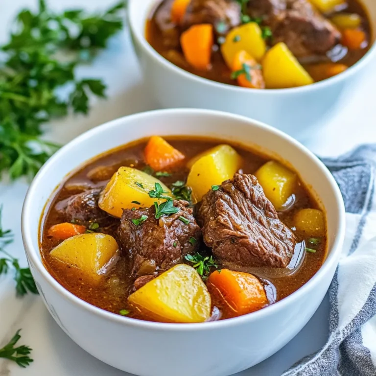 - 2 pounds beef chuck - 4 carrots - 3 potatoes - 1 onion - 3 cloves garlic - 4 cups beef broth - 2 tablespoons tomato paste - 2 teaspoons Worcestershire sauce - 1 teaspoon dried thyme - 1 teaspoon dried parsley - 2 tablespoons olive oil - 1 bay leaf - Salt and pepper Gather these ingredients to make a warm and hearty beef stew. Each ingredient adds flavor and texture. The beef chuck is key for tenderness, while the carrots and potatoes provide heartiness. If you can't find beef chuck, you can use brisket or round. These cuts also work well in stew. For a vegetarian option, swap the beef for mushrooms or lentils. These choices keep the stew rich and filling. Using fresh herbs can brighten the dish. They lift the flavors and add freshness. On the other hand, dried herbs are convenient and still pack a punch. For beef stew, dried thyme and parsley work great. If you use fresh, double the amount for the best taste. {{ingredient_image_1}} Preparing the beef and vegetables Start by cutting 2 pounds of beef chuck into 1-inch cubes. This size helps the beef cook evenly. Next, slice 4 carrots into rounds and peel and cube 3 potatoes. Dice 1 onion and mince 3 cloves of garlic. Now, you have all your ingredients ready to go! Searing the beef Heat 2 tablespoons of olive oil in a large skillet over medium-high heat. Season the beef cubes with salt and pepper. Sear the beef in batches until browned on all sides. This should take about 5 minutes per batch. Remove the beef and set it aside. This step adds great flavor! Layering ingredients in the crockpot In your crockpot, combine the seared beef, sautéed onion, and garlic. Add the sliced carrots and cubed potatoes. Next, pour in 4 cups of beef broth. Add 2 tablespoons of tomato paste, 2 teaspoons of Worcestershire sauce, 1 teaspoon of dried thyme, and 1 teaspoon of dried parsley. Toss in 1 bay leaf. Give everything a good stir to mix. Adjusting heat settings Now, cover the crockpot. Cook on low for 8 hours or high for 4 hours. The longer you cook, the more tender the beef will be. Just make sure the beef is tender and the veggies are cooked through. Checking for tenderness After cooking, check the beef. It should fall apart easily with a fork. If it’s not tender yet, cook for another hour. This ensures the best texture. Thicking the stew For a thicker stew, mix 2 tablespoons of corn starch with 2 tablespoons of cold water. Stir this into the stew and cook on high for another 30 minutes. This will give you that hearty, rich texture we all love. Searing beef is key for great flavor. When you brown the beef, it builds a nice crust. This step adds depth to your stew. Aim to sear the beef in batches for even cooking. Each batch should take about five minutes. Cook until all sides are brown. For cooking times, the slow method is best. Cook on low for eight hours. This allows the beef to break down well. If you're short on time, use high heat for four hours. The beef should be tender and juicy. Spices can elevate your stew's taste. Consider adding extra herbs like rosemary or bay leaves. A dash of paprika can add warmth. Experiment with your favorite spices for unique flavors. Using homemade beef broth is ideal. It adds rich flavor that store-bought can’t match. If you use store-bought, choose a low-sodium option. This way, you control the saltiness. Pair your stew with crusty bread. It soaks up the rich broth perfectly. You can also serve it with a side salad for freshness. For garnishing, fresh parsley is a great choice. It adds color and a hint of freshness. Simply sprinkle some on top before serving. This makes your stew look more inviting. Pro Tips Brown the Beef: For a deeper flavor, ensure that the beef is well-browned before adding it to the crockpot. This enhances the overall taste of the stew. Use Fresh Herbs: Whenever possible, substitute dried herbs with fresh ones. Fresh thyme and parsley can elevate the flavor profile significantly. Layer the Ingredients: Place root vegetables at the bottom of the crockpot and meat on top. This ensures even cooking and prevents the vegetables from overcooking. Let It Rest: After cooking, allow the stew to sit for 30 minutes before serving. This allows the flavors to meld and improves the overall taste. {{image_2}} You can change up your beef stew with different ingredients. Try adding peas or mushrooms for extra flavor. These veggies add color and texture to your dish. You can also use different cuts of meat. Brisket or round steak can work well. Each cut brings a unique taste to your stew. You can create a sweet or savory stew. For a sweet twist, add a bit of brown sugar or sweet potatoes. If you prefer savory, try adding herbs like rosemary or bay leaves. You can also incorporate red wine or beer. These liquids deepen the flavor and make the stew richer. Just be careful not to overdo it; a cup is usually enough. The crockpot is great, but you can also use other methods. An Instant Pot can cut your cooking time in half. Just be mindful of the pressure settings. The stovetop is another option. It cooks faster but requires more attention. Stir often to prevent burning. Each method has its perks, so choose what works best for you. To keep your beef stew fresh, store it properly. First, let the stew cool down. Then, transfer it to an airtight container. Place it in the fridge if you plan to eat it soon. The stew can last up to three days in the fridge. If you want to keep it longer, freeze the stew. Use freezer-safe bags or containers. It can last up to three months in the freezer. Remember to label your containers with the date. When reheating stew, use the stove for the best taste. Pour the stew into a pot. Heat it over medium heat. Stir often until it is hot. This keeps the flavors fresh. You can also use the microwave. Place the stew in a microwave-safe bowl. Heat in short bursts, stirring in between. This helps avoid hot spots and overcooking. Aim for even warmth throughout. In the fridge, your stew will last about three days. If you store it in the freezer, it can last three months. Always check for signs of spoilage before eating. If you see any mold or if it smells off, discard it. Fresh stew should smell rich and savory. Yes, you can make this beef stew ahead of time. It tastes even better the next day. To prepare in advance, follow these tips: - Cook the stew fully and let it cool. - Store it in an airtight container in the fridge for up to three days. - You can also freeze it for up to three months. Just thaw it in the fridge before reheating. For beef stew, I recommend using beef chuck. This cut has good fat content and breaks down well. Other great options include: - Brisket - Round roast - Shank These cuts become tender and flavorful when cooked low and slow. You know the stew is done when the beef is tender. Look for these signs: - The meat should easily shred with a fork. - The vegetables should be soft but not mushy. - The broth should be rich and flavorful. If it meets all these signs, your stew is ready to serve! Making a hearty beef stew involves choosing the right ingredients and methods. We discussed essential items like beef chuck and fresh herbs. You learned substitutions for dietary needs and tips for enhancing flavor. Remember, searing meat adds depth. Choose your cooking method—crockpot, instant pot, or stovetop—to fit your schedule. Proper storage keeps leftovers fresh for future meals. Enjoy experimenting with flavors and variations to create your perfect stew. With these tips, your next dish will be a cozy success.