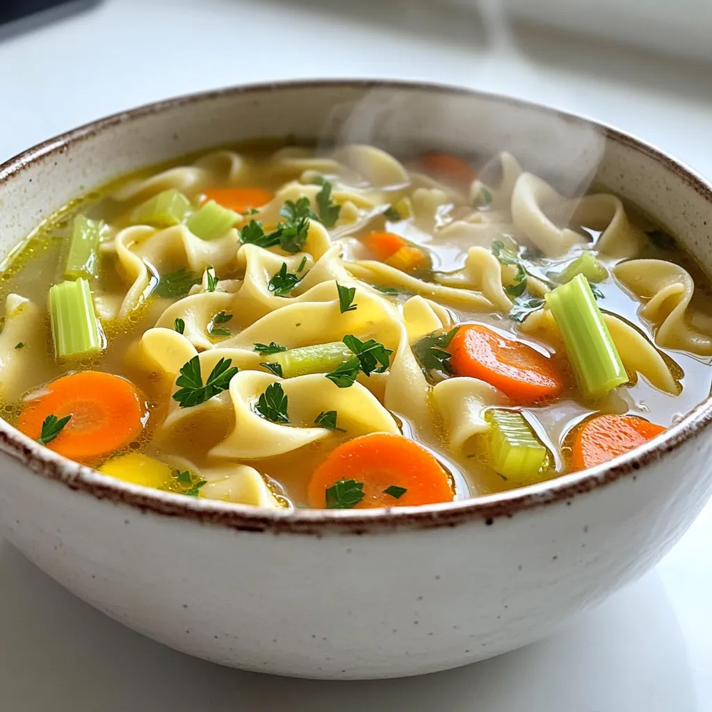 To make a warm bowl of chicken noodle soup, gather these must-have ingredients: - 1 tablespoon olive oil - 1 medium onion, diced - 2 cloves garlic, minced - 3 carrots, sliced - 2 celery stalks, sliced - 1 teaspoon dried thyme - 1 teaspoon dried oregano - Salt and pepper to taste - 8 cups chicken broth - 2 cups shredded cooked chicken - 2 cups egg noodles - 2 bay leaves - Fresh parsley, chopped (for garnish) These ingredients form the base of your soup. Each one adds flavor and warmth to your dish. You can boost flavor with some optional additions: - A splash of lemon juice for brightness - A pinch of red pepper flakes for heat - Fresh herbs like dill or basil for a fresh touch These ingredients can make your soup unique. They add extra layers of taste. If you have specific dietary needs, you can still enjoy this soup. Here are some swaps: - Use vegetable broth instead of chicken broth for a vegetarian option. - Swap egg noodles with whole wheat or gluten-free noodles. - Replace chicken with chickpeas or tofu for a protein boost. These substitutions keep the spirit of chicken noodle soup while meeting your needs. Enjoy making it your own! First, gather all your ingredients. This makes cooking easy and fun. You’ll need: - 1 tablespoon olive oil - 1 medium onion, diced - 2 cloves garlic, minced - 3 carrots, sliced - 2 celery stalks, sliced - 1 teaspoon dried thyme - 1 teaspoon dried oregano - Salt and pepper to taste - 8 cups chicken broth - 2 cups shredded cooked chicken - 2 cups egg noodles - 2 bay leaves - Fresh parsley, chopped Wash and chop the veggies first. Dice the onion, mince the garlic, slice the carrots, and celery. This step makes the soup have a great texture. In a large pot, heat the olive oil over medium heat. Add the diced onion and cook for 4-5 minutes. You want it soft and clear. Then, stir in the minced garlic, carrots, and celery. Cook for another 3-4 minutes. The veggies should be slightly tender. Next, add the dried thyme, oregano, salt, and pepper. Mix well and let the spices bloom for about 1 minute. This helps release their flavors. Now, pour in the chicken broth and toss in the bay leaves. Bring the mixture to a boil. Once it boils, reduce the heat to low and let it simmer for about 15 minutes. This lets the flavors mix well. Stir in the shredded chicken and egg noodles. Cook for another 8-10 minutes until the noodles are tender. Remove the bay leaves from the soup. Taste it and adjust the seasoning if needed. Ladle the soup into bowls and garnish with fresh parsley. Serve hot in rustic bowls. Pair it with crusty bread for a cozy meal. Enjoy your classic chicken noodle soup! To boost your soup's taste, start with fresh ingredients. Use a good-quality chicken broth. You can add a splash of lemon juice for brightness. Consider tossing in a pinch of red pepper flakes for a bit of heat. Fresh herbs, like thyme or parsley, can also add great flavor. Always taste your soup as you cook. Adjust the seasoning to your liking. When cooking egg noodles, it’s key to follow the package instructions. Use a large pot with plenty of water. Add a bit of salt to the water before boiling. This helps flavor the noodles. Cook them just until al dente. This means they should still have a slight bite. If you cook them too long, they can get mushy when added to the soup. Store leftovers in an airtight container. Keep them in the fridge for up to three days. The noodles can absorb broth, so add extra broth when reheating. If you want to freeze your soup, leave out the noodles. They do not freeze well. Instead, add fresh noodles when you reheat the soup. This keeps everything tasting great. {{image_2}} You can add many vegetables to your chicken noodle soup. Carrots, celery, and onions are classic choices. You can also try green beans, peas, or spinach. These veggies boost nutrients and add colors. They make the soup more appealing. You can even use frozen veggies. Just add them in the last few minutes of cooking. This keeps them bright and crunchy. Herbs can change the taste of your soup. You can use fresh herbs or dried ones. Fresh dill or thyme adds a nice touch. Try adding rosemary for a warm flavor. If you like it spicy, a pinch of crushed red pepper works well. Mix and match herbs to find your favorite blend. Each herb brings its unique flavor, making your soup special. Want to make your soup gluten-free? Replace egg noodles with rice or gluten-free noodles. Zucchini noodles or spaghetti squash are great low-carb options. They add texture without the carbs. Always check labels on noodles to ensure they are gluten-free. You can enjoy a cozy bowl of soup that fits your diet. Classic Chicken Noodle Soup stays fresh for about 3 to 4 days in the fridge. Store it in an airtight container. This keeps the soup safe and tasty. Always check for changes in smell or color before eating. You can freeze Classic Chicken Noodle Soup for up to 3 months. Make sure to cool it first. Use freezer-safe containers or bags. Leave some space at the top for expansion. Label the container with the date. This helps you know when to use it. When you are ready to eat, reheat the soup on the stove. Use medium heat and stir often. This helps it warm evenly. If the soup is too thick, add a splash of broth or water. Heat until it is hot throughout. Enjoy your soup just like the first time! Yes, you can use raw chicken in this soup. Start by cooking the chicken pieces in the pot. Use the olive oil to brown the chicken first. Once the chicken is cooked, remove it and shred it. Then, add the broth and veggies as directed. This method adds great flavor. To make this soup vegetarian, swap the chicken broth for vegetable broth. You can also use plant-based chicken or skip the protein. Add more veggies like peas or green beans for extra nutrition. This way, you keep the cozy feel without the meat. Serve your chicken noodle soup with crusty bread or a simple salad. Crackers also work well for dipping. If you want something light, a side of steamed vegetables pairs nicely. These accompaniments enhance the meal and keep it comforting. Classic Chicken Noodle Soup is simple and comforting. We covered key ingredients, cooking steps, and helpful tips. You can tweak the recipe to fit your needs, adding veggies or herbs, and storing leftovers wisely. Remember, this soup adapts well, so feel free to get creative. Enjoy the warmth and nourishment it brings to your table. Dive in, stir up your own version, and make it your favorite!