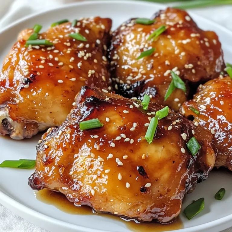 - 4 chicken thighs (boneless, skinless) - 1/4 cup honey - 3 tablespoons soy sauce (low sodium) - 4 garlic cloves, minced - 1 tablespoon fresh ginger, grated - 1 tablespoon sesame oil - 1 tablespoon rice vinegar - 1/2 teaspoon black pepper The main stars of this dish are the chicken thighs. They stay juicy and tender. Honey gives a sweet touch, while soy sauce adds saltiness. Garlic and ginger bring warmth and depth to the flavor. Together, they create a tasty blend that coats the chicken perfectly. - 1/4 teaspoon red pepper flakes (optional, for heat) - 2 green onions, sliced (for garnish) - Sesame seeds (for garnish) For those who like a bit of spice, red pepper flakes can add heat. Green onions add a fresh crunch. Sesame seeds give a nice look and nutty flavor. These ingredients let you customize your dish to suit your taste. {{ingredient_image_1}} To make the marinade, start by mixing the sauce ingredients. In a medium bowl, whisk together: - 1/4 cup honey - 3 tablespoons low sodium soy sauce - 4 minced garlic cloves - 1 tablespoon grated fresh ginger - 1 tablespoon sesame oil - 1 tablespoon rice vinegar - 1/2 teaspoon black pepper - 1/4 teaspoon red pepper flakes (if you like heat) This mix creates a sweet and savory sauce that brings out the best in chicken. Marinating the chicken is key. I recommend letting it sit for at least 30 minutes. For even more flavor, try marinating for up to 4 hours. The longer it sits, the better it tastes! Next, preheat your oven to 400°F (200°C). Lay the marinated chicken thighs in a baking dish. Bake for about 25 to 30 minutes. Check the internal temperature. It should reach 165°F (74°C). This ensures the chicken is safe to eat and stays juicy. While the chicken bakes, take the leftover marinade and pour it into a small saucepan. Bring it to a boil over medium heat. Then, reduce the heat and let it simmer for about 5 to 10 minutes. This thickens the sauce and intensifies the flavor. Once the chicken is done, brush this thickened marinade on top. For a beautiful finish, garnish with sliced green onions and sesame seeds. This adds color and crunch to your dish! How long should you marinate chicken for the best flavor? I suggest marinating the chicken for at least 30 minutes. This time allows the flavors to soak in. For even more taste, try to marinate for up to 4 hours. The longer you marinate, the more robust the flavors become. To ensure an even coating, I recommend using a resealable plastic bag. This method helps the marinade cover every inch of the chicken. If you use a dish, turn the chicken halfway through marinating. This way, all sides get the yummy sauce. What are some alternative cooking methods for honey garlic chicken? You can grill or pan-fry the chicken if you want a different taste. Grilling gives a smoky flavor, while pan-frying can add a nice crisp. To avoid drying out the chicken, keep an eye on the cooking time. Bake it at 400°F (200°C) for about 25-30 minutes. Use a meat thermometer to check for doneness. The chicken should reach 165°F (74°C) inside. What side dishes pair well with honey garlic chicken? I love serving it with steamed rice or sautéed veggies. Both options balance the sweet and savory flavors. You can also try a simple salad for a fresh touch. For presentation, slice the chicken after resting and arrange it on a plate. Drizzle the thickened marinade over the top. Garnish with sliced green onions and sesame seeds for a colorful finish. This makes your meal look as good as it tastes! Pro Tips Marinate Longer for Depth: For enhanced flavor, marinate the chicken thighs for up to 4 hours. This allows the flavors to penetrate deeply. Use Fresh Ingredients: Always opt for fresh garlic and ginger to maximize flavor. They provide a more vibrant taste compared to dried alternatives. Monitor Oven Temperature: Oven temperatures can vary, so use a meat thermometer to ensure the chicken reaches 165°F (74°C) for safe consumption. Garnish Before Serving: Add green onions and sesame seeds just before serving to maintain their freshness and crunch, enhancing the presentation. {{image_2}} You can make some easy swaps to make Honey Garlic Chicken lighter. First, try using agave syrup instead of honey. Agave syrup has a lower glycemic index and a milder taste. It still gives you that sweet flavor. Another swap is using chicken breasts instead of thighs. Breasts have less fat and are leaner, so they can be a healthier choice. Just keep in mind that they may dry out faster, so watch the cooking time. You can easily change the heat and flavor of this dish. Add spices like cayenne pepper or chili powder for an extra kick. If you like it mild, skip the heat. You can also mix in vegetables for a colorful and tasty meal. Try bell peppers, broccoli, or snap peas. Just toss them in with the chicken during the last 10 minutes of baking. They will add flavor and nutrients. Want to give your Honey Garlic Chicken a global flair? Try an Asian-inspired twist. Add sesame seeds and serve it over rice or noodles. You can also make a fusion dish by using tacos or wraps. Just put the chicken in a tortilla and top with fresh veggies. This gives you a fun and tasty way to enjoy the flavors. There are endless options to explore! To keep your honey garlic chicken fresh, refrigerate it right after serving. Place the chicken in an airtight container. This helps maintain its flavor and texture. You can also use a resealable plastic bag. Make sure to remove as much air as possible before sealing. Leftovers will stay good for about three to four days in the fridge. When it’s time to enjoy your leftovers, you have two main options: the microwave or the oven. For the microwave, place the chicken on a plate and cover it with a damp paper towel. This keeps moisture in while reheating. Heat in short bursts, around 30 seconds at a time, until warmed through. If you prefer the oven, preheat it to 350°F (175°C). Place the chicken in a baking dish and cover it with foil. This helps keep the chicken juicy as it warms. Bake for about 15 to 20 minutes or until it’s hot all the way through. You can freeze honey garlic chicken, both raw and cooked. For raw chicken, place it in a freezer bag. Make sure to remove all air and label the bag with the date. It can last up to six months in the freezer. For cooked chicken, allow it to cool completely before freezing. When you’re ready to use it, thaw raw chicken in the fridge overnight. Cooked chicken can be reheated from frozen. Just add a few extra minutes to your heating time. Always ensure chicken reaches an internal temperature of 165°F (74°C) before eating. You can pair Honey Garlic Chicken with many tasty sides. Here are some great options: - Steamed rice - Roasted vegetables - Mashed potatoes - Green salad - Stir-fried noodles These sides add color and flavor to your meal. They also help balance the sweetness of the chicken. Yes, you can make this dish ahead of time. Here are some tips for meal prep: - Marinate the chicken for up to four hours. - Bake the chicken and let it cool. - Store it in an airtight container in the fridge for up to three days. To reheat, simply warm it in the oven or microwave. Adding a splash of water keeps the chicken moist. To keep your chicken tender, follow these tips: - Use boneless, skinless chicken thighs for juiciness. - Marinate the chicken for at least 30 minutes. - Bake at 400°F (200°C) until the internal temperature reaches 165°F (74°C). These steps help keep the chicken moist and flavorful. If you want to change the sweetness, try these ideas: - Add more soy sauce for a savory taste. - Use less honey if you prefer a less sweet sauce. - Mix in a splash of rice vinegar to balance the flavors. Adjusting these ingredients can create the perfect flavor for your taste. Honey garlic chicken is a simple and tasty dish. We covered main ingredients like chicken thighs, honey, garlic, and soy sauce. Marinating adds great flavor. We discussed cooking techniques to keep the chicken moist. You can also customize with optional ingredients and variations for your taste. Remember, proper cooking and storage will improve your meals. Enjoy this versatile dish that fits many occasions!