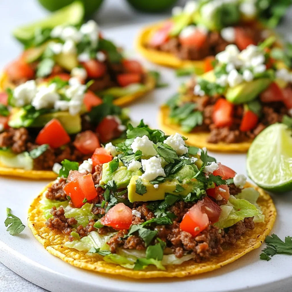 For tasty ground beef tostadas, you need: - 1 lb ground beef - 1 tablespoon olive oil - 1 small onion, finely chopped - 2 garlic cloves, minced - 1 teaspoon ground cumin - 1 teaspoon chili powder - 1 teaspoon smoked paprika - Salt and pepper to taste - 8 tostada shells - 1 cup refried beans (canned or homemade) These ingredients create a savory base. The ground beef gives the tostadas their heartiness. Each spice adds depth to the flavor. You can elevate your tostadas with these toppings: - 1 cup shredded lettuce - 1 cup diced tomatoes - 1 avocado, sliced - 1/2 cup crumbled queso fresco - Fresh cilantro for garnish - Lime wedges for serving These toppings add freshness and color. They also bring different textures. Avocado lends creaminess, while cilantro adds a burst of flavor. Serve your tostadas with these sides for a complete meal: - Mexican rice - Black beans - Corn salad - Chips and salsa These sides complement the tostadas well. They provide more flavors and make your meal more filling. Enjoy your tasty feast! {{ingredient_image_1}} Start by heating one tablespoon of olive oil in a large skillet over medium heat. Add one small, finely chopped onion. Sauté it until it turns soft and clear, about three minutes. Next, add two minced garlic cloves and cook for one more minute. This will make your kitchen smell great. Now, add one pound of ground beef. Use a wooden spoon to break it into smaller pieces. Cook the beef until it is brown, which should take about five to seven minutes. Season it with one teaspoon each of ground cumin, chili powder, and smoked paprika. Add salt and pepper to taste. Mix everything well and let it cook for another two to three minutes. This will help the flavors blend together. While the beef cooks, it’s time to prepare the tostada shells. Follow the package instructions. You usually need to bake or fry them until they are crispy. Crispy shells hold the toppings well and add a nice crunch. If you want to make homemade tostadas, simply fry corn tortillas in hot oil until they turn golden and crunchy. Let them cool on paper towels to remove excess oil. Now comes the fun part: assembling the tostadas. First, take each crispy tostada shell and spread a layer of refried beans on top. You can use one cup of refried beans, whether canned or homemade. Next, add a generous amount of the seasoned ground beef mixture on top of the beans. Now, it’s time to pile on the fresh toppings. Add shredded lettuce, diced tomatoes, and avocado slices. Finish with half a cup of crumbled queso fresco. This adds creaminess and a nice salty flavor. Finally, sprinkle fresh cilantro on top. Serve your tostadas with lime wedges for squeezing over them. This adds a fresh, tangy touch that brightens up every bite. Enjoy your flavorful and easy ground beef tostadas! Choose 80/20 ground beef for a juicy and tasty result. This means 80% meat and 20% fat. The fat gives flavor and keeps the beef moist. Look for bright red color and a fresh smell. Avoid any beef that looks brown or smells off. You can also pick leaner beef, but it may be less juicy. To get crispy tostadas, bake or fry them until golden. If you bake, preheat your oven to 400°F (200°C). Lay the tostada shells flat on a baking sheet. Bake for about 5-7 minutes. If frying, heat oil in a pan. Fry each shell for about 30 seconds on each side. Let them cool on paper towels to stay crisp. Add extra flavor to the beef by trying different spices. You can mix in some oregano or cayenne pepper for a kick. If you like it mild, stick to cumin and paprika. Taste as you cook to find your perfect mix. Fresh lime juice on top can brighten all the flavors. Experiment with toppings like jalapeños or hot sauce for more heat. Pro Tips Use Fresh Ingredients: Fresh produce enhances the flavor of your tostadas. Always opt for ripe avocados and fresh herbs for the best taste. Customize Your Spice Level: Adjust the chili powder to your preferred heat level. You can also add fresh jalapeños for an extra kick! Perfectly Crisp Tostadas: For the crispiest tostadas, bake them in the oven until golden brown. This method avoids excess oil and maintains crunch. Meal Prep Tip: Prepare the seasoned ground beef and refried beans ahead of time. This allows for quick assembly during busy weeknights. {{image_2}} You can swap ground beef for plant-based options. Use lentils, black beans, or crumbled tofu. These options give great texture and flavor. For lentils, cook them with spices like cumin and chili powder. This adds depth and keeps the taste rich. Black beans can be mashed or left whole for a different bite. Tofu needs seasoning, so be sure to marinate it before cooking for more flavor. Toppings can change your tostadas completely. You can add sliced jalapeños for a kick. If you want crunch, try radishes or pickled onions. For a refreshing twist, use cucumber or corn. You can also add sour cream or Greek yogurt for creaminess. Don't forget about cheese; shredded cheddar or pepper jack works well too. You can mix and match toppings based on what you like. This way, every tostada can be unique. If you enjoy heat, there are many ways to spice up your tostadas. Start with adding diced jalapeños or serrano peppers to the beef mix. For more flavor, try using a spicy salsa on top. You can also drizzle hot sauce over your toppings. Experiment with spicy seasonings like cayenne or chipotle powder in the beef. If you want a real kick, consider adding a layer of spicy guacamole. This will make your tostadas sing with heat! You can store leftover ground beef tostadas in the fridge. Place them in an airtight container. They stay fresh for up to three days. When ready to eat, remove the toppings. This keeps them crisp. Reheat the beef in a skillet over medium heat. Heat it for about five minutes. You can also use the microwave. Just cover it and heat for one to two minutes. Freezing tostadas is a great way to save them. Place the cooked beef in a container. You can also freeze the tostada shells. Wrap each shell in plastic wrap. Place them in a freezer-safe bag. They can last for up to three months. To prepare, thaw them overnight in the fridge. Reheat the beef and assemble fresh tostadas. Tostadas last different times based on storage. In the fridge, they last for three days. In the freezer, they can last up to three months. Always check for any signs of spoilage. This includes off smells or changes in texture. Proper storage keeps your tostadas tasty and safe to eat! For tostadas, I recommend using ground beef with a fat content of 80/20. This mix gives great flavor and moisture. Too lean beef can make the dish dry. You want it juicy and tasty. Feel free to use ground turkey or chicken if you prefer a lighter option. Yes, you can change the toppings to fit your taste. Some great options include: - Sliced jalapeños for heat - Black olives for a briny touch - Sour cream for creaminess - Corn for sweetness - Salsa for extra flavor Mix and match to create your perfect tostada! Making tostadas from scratch is simple. Here’s how: 1. Choose your corn tortillas: Use small or medium-sized ones. 2. Heat oil in a pan: Use enough oil to cover the bottom. 3. Fry the tortillas: Cook each tortilla for about 1-2 minutes on each side. Look for a golden color. 4. Drain on paper towels: Let them cool to become crispy. Now, you're ready to build your delicious tostadas! This blog post covered tasty ground beef tostadas. We looked at main ingredients, toppings, and sides. I shared steps for cooking, assembling, and tips for crispiness. You can try vegetarian options or add heat for extra flavor. Also, I included storage info to keep your tostadas fresh. In summary, tostadas are fun, easy, and customizable. Enjoy making them your way!