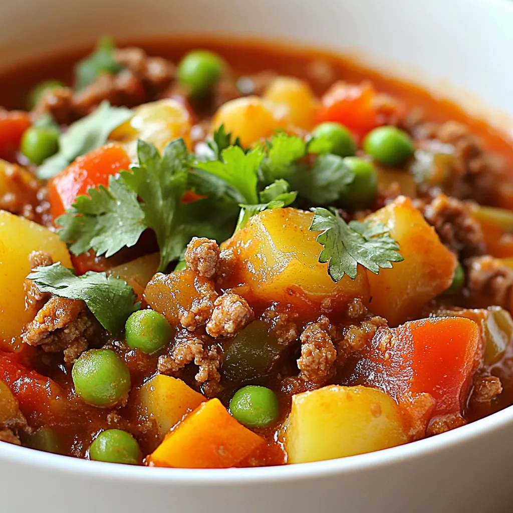 To make Mexican Picadillo with Potatoes, you need: - 1 lb ground beef - 1 medium onion, finely chopped - 2 cloves garlic, minced - 1 medium red bell pepper, chopped - 1 medium green bell pepper, chopped - 2 medium potatoes, diced - 1 cup diced tomatoes (canned or fresh) - 1 cup beef or vegetable broth - 1 teaspoon ground cumin - 1 teaspoon dried oregano - 1 bay leaf - 1 cup frozen peas - Salt and pepper to taste - 2 tablespoons vegetable oil - Fresh cilantro for garnish (optional) You can add more flavor to your picadillo. Some options include: - Chopped carrots for sweetness - Corn for extra texture - Black olives for a briny taste - Jalapeños for heat If you have allergies, here are some swaps: - Use ground turkey or chicken instead of beef. - For a vegetarian option, try lentils or mushrooms. - Use low-sodium broth to cut back on salt. - Choose a gluten-free broth to avoid gluten. {{ingredient_image_1}} First, gather all your ingredients. You need ground beef, onions, garlic, bell peppers, potatoes, and more. Chop the onions and bell peppers finely. Dice the potatoes into small cubes. This helps them cook evenly. 1. Heat the oil: In a large skillet, heat the vegetable oil over medium heat. 2. Sauté onions and garlic: Add the chopped onions and minced garlic. Cook for about 3 minutes until they soften. 3. Cook ground beef: Add the ground beef. Break it up with a spatula. Cook this for 5-7 minutes until it’s brown. Drain any excess fat if needed. 4. Add veggies: Stir in the diced tomatoes, red and green bell peppers. Cook for 5 minutes until the peppers begin to soften. 5. Mix in potatoes and spices: Add the diced potatoes, broth, cumin, oregano, and bay leaf. Season with salt and pepper. 6. Simmer: Bring the mixture to a boil. Then, lower the heat. Cover the skillet and simmer for 20-25 minutes. Stir occasionally until the potatoes are tender. 7. Add peas: Finally, stir in the frozen peas. Cook for another 5 minutes until they are heated through. 8. Finish: Remove the bay leaf before serving. Adjust seasoning if needed. - Cut the potatoes into small, even cubes. This ensures they cook at the same rate. - Stir the mixture occasionally while it cooks. This helps prevent sticking and promotes even cooking. - Let the dish sit for a few minutes after cooking. This allows the flavors to meld together better. Enjoy your Mexican Picadillo with Potatoes! Serve it warm for a hearty meal. When making Mexican Picadillo, avoid overcooking the beef. Cook it just until it's brown. Don't skip the salt and pepper; they enhance the flavor. If you add too much liquid, the dish can become soupy. Be careful with the amount of broth you use. Lastly, remember to remove the bay leaf before serving. It adds flavor but isn’t meant to be eaten. To boost flavor, try adding a splash of lime juice. This brightens the dish. Fresh herbs can also lift the taste. Consider adding fresh cilantro or parsley at the end. If you like heat, add some diced jalapeños. For a smoky flavor, a dash of chipotle powder works well. You can also mix in olives or raisins for a sweet twist. You will need a large skillet for cooking. A spatula helps to break up the meat. Use a sharp knife and cutting board for chopping vegetables. A measuring cup is handy for broth and tomatoes. If you have one, a lid is great for simmering. Finally, a serving spoon helps you dish it out nicely. Pro Tips Use Fresh Ingredients: Whenever possible, opt for fresh vegetables and herbs to enhance the flavor and nutritional value of your picadillo. Adjust Spice Levels: Feel free to add a pinch of chili powder or cayenne pepper if you prefer a spicier dish. Adjust according to your taste. Let It Rest: Allow the picadillo to rest for a few minutes after cooking. This helps the flavors meld together for a more delicious result. Bulk It Up: For a heartier meal, consider adding additional veggies like carrots or zucchini. They complement the dish well and add more texture. {{image_2}} You can make a great vegetarian picadillo. Instead of ground beef, use lentils or mushrooms. Cook them until they are soft and flavorful. Replace the beef broth with vegetable broth. This keeps the taste rich and hearty. You can add more veggies like carrots or zucchini for extra nutrition. Picadillo changes by region in Mexico. In some areas, they add raisins or olives for sweetness and depth. Others might use different spices, like cinnamon or cloves, to change the flavor. You may find that some regions favor more tomatoes or potatoes. Each variation tells a story of the local culture and tastes. Picadillo pairs well with many sides. Serve it with warm tortillas for a classic touch. You can also enjoy it with fluffy rice to soak up the sauce. A fresh salad with lime vinaigrette can brighten the meal. For a heartier option, add refried beans or guacamole on the side. These sides will enhance your dining experience and make it more satisfying. To keep your Mexican Picadillo fresh, store it in an airtight container. Let it cool down before sealing. Place it in the fridge for up to three days. This dish tastes even better the next day, as the flavors meld together. You can freeze Mexican Picadillo for later. Use freezer-safe bags or containers. Make sure to label them with the date. It can last up to three months in the freezer. Thaw in the fridge overnight before reheating. Reheat your Picadillo on the stove for best results. Add a splash of broth or water to keep it moist. Heat it over low to medium heat, stirring often. You can also microwave it in short bursts, stirring in between. Enjoy it warm with tortillas or rice! Yes, you can use chicken or turkey in place of beef. Both options work well. Ground chicken or turkey will add a lighter taste. You may need to adjust cooking times. Make sure the meat is cooked through. The spices and flavors will still shine through. To add heat, use chopped jalapeños or serrano peppers. You can also add a pinch of cayenne pepper. If you like, include crushed red pepper flakes. Adjust the amount based on your taste. Spicy adds a fun kick to the dish. Just remember to balance the heat with other flavors. Picadillo has roots in Spanish and Latin cuisines. It combines ground meat with spices and vegetables. Many countries have their own take on Picadillo. In Mexico, it's often served with rice or tortillas. It is a comfort food for many families. Each region adds its own local twist. You learned about making delicious Picadillo. We covered ingredients, cooking steps, and common tips. Customizing flavors and avoiding mistakes will help you succeed. Remember to store leftovers properly for the best taste. Picadillo can adapt to many diets and preferences. Now, you can impress your family and friends with this classic dish. Enjoy your cooking journey and explore all the tasty variations!