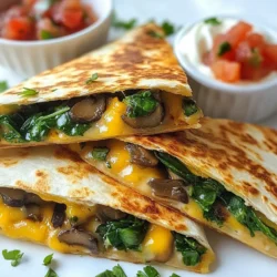 - 2 cups fresh spinach, chopped - 1 cup mushrooms, sliced (shiitake or button) - 1 cup shredded mozzarella cheese These main ingredients create a tasty filling. Fresh spinach adds color and nutrients. Mushrooms bring umami flavor and texture. Mozzarella cheese melts well, giving you that gooey goodness. - 4 large flour tortillas - 4 large whole wheat tortillas You can choose between flour and whole wheat tortillas. Flour tortillas are soft and chewy. Whole wheat ones offer a nutty taste and more fiber. - 2 tablespoons olive oil - 1 teaspoon garlic powder - 1 teaspoon onion powder - Salt and pepper to taste Seasoning is key to flavor. Olive oil helps with cooking and adds richness. Garlic powder and onion powder give depth to the dish. Salt and pepper round out the taste perfectly. {{ingredient_image_1}} First, we need to sauté the mushrooms. Heat 1 tablespoon of olive oil in a large skillet over medium heat. Add 1 cup of sliced mushrooms. Cook them for about 5 minutes. Watch for them to caramelize. This step brings out their flavor. Next, add 2 cups of chopped fresh spinach to the skillet. It's time to spice things up! Add 1 teaspoon of garlic powder, 1 teaspoon of onion powder, and salt and pepper to taste. Stir this mix until the spinach wilts, which takes about 2-3 minutes. Remove the skillet from the heat and let it cool slightly. Now, let’s layer our quesadilla. Place two large tortillas on a clean surface. Sprinkle half of 1 cup of shredded mozzarella cheese evenly over each tortilla. Divide the spinach and mushroom mixture between the tortillas. Spread it evenly over the cheese. Top with the rest of the mozzarella cheese. Finally, cover with the other two tortillas. It’s cooking time! In a clean skillet, heat the remaining tablespoon of olive oil over medium heat. Carefully place one quesadilla in the skillet. Cook it for about 3-4 minutes. You want the bottom to be golden brown and crispy. Now, it’s time to flip the quesadilla. Use a large spatula to do this. Cook for another 3-4 minutes until the other side is golden and the cheese has melted. Repeat these steps for the second quesadilla. Once cooked, take them out of the skillet. Let them cool for a minute before cutting into wedges. Enjoy your crispy spinach mushroom quesadilla! To get that perfect crispy texture, oil and cooking time matter a lot. Use just enough oil to coat the skillet. This helps the quesadilla brown nicely without soaking through. I recommend using two tablespoons of olive oil in total. Cook the quesadilla for about 3-4 minutes on each side. This gives it that golden-brown look and crunch. Set your skillet to medium heat. Too high, and you'll burn the quesadilla. Too low, and it won’t crisp up well. A medium heat allows the cheese to melt while the tortilla gets crispy. Pair your quesadilla with salsa and sour cream. The cool sour cream balances the heat from the salsa. This makes every bite tasty! For garnishing, try fresh cilantro or lime wedges. They add a bright color and flavor. A little squeeze of lime boosts the taste. When cooking, I suggest using a non-stick skillet. It helps prevent sticking and makes flipping easier. A cast-iron skillet can also work well for that nice crisp. For flipping, use a large spatula. It should be wide enough to support the whole quesadilla. This helps you flip without spilling the filling. Pro Tips Use Fresh Ingredients: Fresh spinach and mushrooms will enhance the flavor and texture of your quesadilla, making it more vibrant and delicious. Experiment with Cheese: While mozzarella is great for melting, you can also mix in other cheeses like cheddar or pepper jack for an extra flavor kick. Keep it Crispy: Ensure your skillet is hot enough before adding the quesadilla to achieve that perfect golden-brown crust. Customize Your Fillings: Feel free to add other ingredients like bell peppers, onions, or even cooked chicken for a heartier meal. {{image_2}} You can add more veggies to your quesadilla for extra flavor and nutrition. Try bell peppers or onions for a sweet crunch. These veggies cook well and blend nicely with spinach and mushrooms. You might also enjoy other greens like kale or Swiss chard. These greens add a hearty taste and boost the health factor. If you want to change up the cheese, consider using pepper jack or cheddar cheese. These options give a different taste and melt beautifully. For those who prefer dairy-free, there are great cheese options available. Look for brands that offer plant-based mozzarella or cheddar. This way, everyone can enjoy a tasty quesadilla. Want to make your quesadilla more filling? Adding protein is a great idea. You can include black beans or shredded cooked chicken for a hearty bite. If you prefer a meat-free option, tofu or tempeh works well. Both add protein and soak up flavors from the filling. This makes your quesadilla satisfying and delicious. To keep your crispy spinach mushroom quesadillas fresh, store them properly. Place leftovers in an airtight container. You can stack them with parchment paper between each quesadilla. This prevents sticking. Refrigerate them within two hours of cooking. They will stay good for up to three days. You can reheat quesadillas in the oven or microwave. For the oven, preheat it to 350°F. Place the quesadilla on a baking sheet. Heat for about 10-15 minutes until warm. This method keeps them crispy. If using a microwave, place the quesadilla on a microwave-safe plate. Heat for 1-2 minutes. This method is faster but may make them soft. To maintain crispiness, you can place a paper towel under the quesadilla while microwaving. Freezing quesadillas is easy. Prepare them as usual, but don’t cook them. Once assembled, wrap each quesadilla tightly in plastic wrap. Then place them in a freezer-safe bag or container. They can last up to three months in the freezer. When ready to eat, take one out and thaw it in the fridge overnight. Then cook as directed. This way, you can enjoy a quick meal anytime! Yes, you can use frozen spinach. First, make sure to thaw it. Squeeze out any extra water. This step helps avoid a soggy quesadilla. Use about 1 cup of thawed spinach in place of fresh. Just add it to the skillet with the mushrooms, just as you would fresh spinach. This keeps the flavor strong. Cutting a quesadilla into wedges is easy. After cooking, let it cool for a minute. Place it on a cutting board. Use a sharp knife or pizza cutter. Cut it into four or six wedges for even pieces. This way, everyone gets a nice share. You can make it as spicy as you like. Add sliced jalapeños to the filling. You can also sprinkle some chili powder or cayenne pepper in the mix. If you want a milder taste, skip the spicy options. Enjoy your quesadilla your way! This blog post covered how to make a tasty quesadilla using fresh ingredients. You learned about key ingredients like spinach, mushrooms, and cheese. We discussed how to prepare the filling, assemble the quesadilla, and cook it to crispy perfection. In closing, feel free to experiment with variations or serve it with tasty sides. Enjoy trying these methods and make your quesadilla unique! Happy cooking!