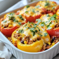 To make a flavorful Stuffed Pepper Casserole, gather these simple ingredients: - 4 large bell peppers (any color), diced - 1 cup cooked quinoa or rice - 1 lb ground turkey or beef - 1 can (15 oz) black beans, rinsed and drained - 1 can (15 oz) diced tomatoes with green chilies - 1 cup corn (fresh, frozen, or canned) - 1 medium onion, chopped - 2 cloves garlic, minced - 1 tablespoon chili powder - 1 teaspoon cumin - Salt and pepper to taste - 1 ½ cups shredded cheese (cheddar or a blend) - 2 tablespoons olive oil - 1 tablespoon fresh cilantro or parsley, chopped (for garnish) You can easily swap ingredients based on what you have. - Use brown rice instead of quinoa for a different texture. - Ground chicken is a lighter option. - Canned diced tomatoes can be replaced with fresh tomatoes. - If you want a vegetarian dish, use lentils or chickpeas instead of meat. - Try different types of cheese, like Monterey Jack or pepper jack, for a kick. This casserole is not only tasty but also nutritious. Each serving is rich in protein and fiber. - Calories: About 350 per serving. - Protein: Approximately 25 grams. - Fiber: Roughly 10 grams. - Fat: Around 15 grams, depending on the meat and cheese used. - Carbohydrates: About 40 grams, mostly from the peppers, beans, and grains. This dish gives you a balanced meal in one pot! Enjoy the flavors and the health benefits. {{ingredient_image_1}} 1. Preheat your oven. Set it to 375°F (190°C). This helps the casserole bake evenly. 2. Chop the veggies. Dice the bell peppers and chop the onion. Mince the garlic. This makes them ready to mix in. 3. Cook the quinoa or rice. If you haven't done this yet, make sure it’s ready to go. You can use leftovers too. 4. Gather your ingredients. Make sure you have everything on hand. This keeps you organized. 1. Heat the skillet. Pour olive oil into a large skillet over medium heat. This gets the oil hot and ready. 2. Cook the onion. Add the chopped onion and stir it for about 5 minutes until it turns translucent. This adds a good base flavor. 3. Add the garlic. Stir in the minced garlic for one minute. You want it to smell great. 4. Brown the meat. Add the ground turkey or beef. Break it up with a spoon. Cook it for about 6-8 minutes until it’s no longer pink. 5. Mix in the veggies and beans. Add the diced bell peppers, cooked quinoa or rice, black beans, diced tomatoes, and corn. Stir in the chili powder, cumin, salt, and pepper. This makes a colorful and tasty mix. 1. Transfer to a dish. Pour the mixture into a greased 9x13-inch casserole dish. Spread it out evenly. 2. Add cheese. Sprinkle the shredded cheese on top. This will melt and create a gooey layer. 3. Cover and bake. Use aluminum foil to cover the dish. Bake it for 25 minutes. This keeps it moist. 4. Uncover and finish baking. Remove the foil and bake for another 15-20 minutes. This browns the cheese and makes it bubbly. 5. Let it rest. Once out of the oven, let the casserole sit for 5 minutes. This helps it hold together when you serve. Garnish with chopped cilantro or parsley for a fresh touch. To make your stuffed pepper casserole shine, focus on your ingredients. Use fresh bell peppers for a vibrant taste. Choose a good quality ground turkey or beef for the best flavor. Cook the onion until soft; this adds sweetness to the dish. Don't skip the spices! Chili powder and cumin give your casserole a warm kick. Be generous with the cheese; it adds richness and a golden crust. Layer your ingredients well and don’t rush the baking time. Let it bubble in the oven for that perfect finish. You can prep your casserole in advance. Cook the meat and veggies the day before. Mix everything together and store it in the fridge. When you’re ready to eat, just bake it. This saves time on busy nights. You can also freeze the uncooked casserole. Just wrap it tightly and label it. When you want to enjoy it, thaw it overnight in the fridge. Then bake it as usual. This way, you always have a great meal ready to go! Serve your stuffed pepper casserole with a fresh side salad. A simple lettuce and tomato mix works well. You can also add some avocado slices for creaminess. For extra crunch, try tortilla chips on the side. If you like heat, serve it with hot sauce. Don't forget to sprinkle fresh cilantro or parsley on top for color. This adds a nice touch to the dish. Enjoy every bite with family and friends! Pro Tips Choose Colorful Peppers: Using a mix of bell pepper colors not only adds visual appeal but also enhances the flavor profile of the dish. Cook Grains Ahead: Preparing the quinoa or rice in advance can save time and ensure that they are perfectly cooked and fluffy for your casserole. Experiment with Proteins: Feel free to swap the ground turkey or beef for shredded chicken, tofu, or a plant-based meat alternative for a unique twist. Customize Your Cheese: Mix different types of cheese like pepper jack for a spicy kick or mozzarella for a gooey texture to elevate your casserole. {{image_2}} If you want a vegetarian or vegan dish, skip the meat. Use a mix of beans and lentils instead. This gives you protein and a hearty texture. Replace the cheese with a vegan alternative or leave it out. You can also add more veggies like zucchini or mushrooms for extra flavor. This makes the dish colorful and fun to eat. For meat lovers, you can use ground beef, turkey, or chicken. Each adds its own taste. Ground lamb brings a unique flavor twist. You can mix meats too, like half turkey and half beef. This keeps the dish juicy and packed with flavor. Just make sure to cook the meat through before mixing in the other ingredients. Want to kick up the flavor? Try adding spices like paprika or oregano. You could also stir in some hot sauce for a spicy kick. Fresh herbs like basil or thyme can brighten up the dish too. Don't forget about toppings! Add a dollop of sour cream or avocado for creaminess. Each of these changes makes the casserole even more tasty and exciting. To keep your stuffed pepper casserole fresh, let it cool first. Once cooled, place it in an airtight container. Make sure to cover it tightly. This will keep the flavors intact. You can store it in the fridge for up to 4 days. If you want to keep it longer, freezing is the best option. When you are ready to enjoy the leftovers, preheat your oven to 350°F (175°C). Transfer the casserole to an oven-safe dish. If the casserole seems dry, add a splash of water or broth. Cover it with foil. Heat for about 20 minutes, or until warm. You can also use a microwave. Just heat in short bursts, stirring in between, until hot. For freezing, put the casserole in a freezer-safe container. It’s best to freeze it without garnishes. You can freeze it for up to 3 months. When you are ready to eat, thaw it in the fridge overnight. Then, reheat as mentioned above. This way, you can enjoy a tasty meal even weeks later! Yes, you can use other grains. Some great options are farro, barley, or even couscous. Each grain brings its own taste and texture. For example, farro has a nice chewiness. Barley adds a nutty flavor. Couscous cooks quickly and is light. Just make sure to cook them before adding to the mix. This will keep your casserole from getting soggy. Stuffed Pepper Casserole is filling, but you can pair it with sides. A simple green salad works well. You could also serve some crusty bread. Cornbread is a great match, too! If you want a fresh taste, top with avocado slices or a dollop of sour cream. These add creaminess and flavor. This casserole can last up to four days in the fridge. Make sure to store it in an airtight container. When you want to reheat, simply pop it in the oven or microwave. Just check that it’s heated all the way through. Enjoy it as a quick lunch or dinner! This blog post covered all you need to know about stuffed pepper casserole. We discussed essential ingredients, easy steps for preparation, and helpful storage tips. Plus, we explored variations to make the dish suit your taste. Remember, you can customize the recipe to your liking. With some simple adjustments, this meal can be a hit for any dinner. Enjoy making your unique version of stuffed pepper casserole and delight your family with this tasty dish!