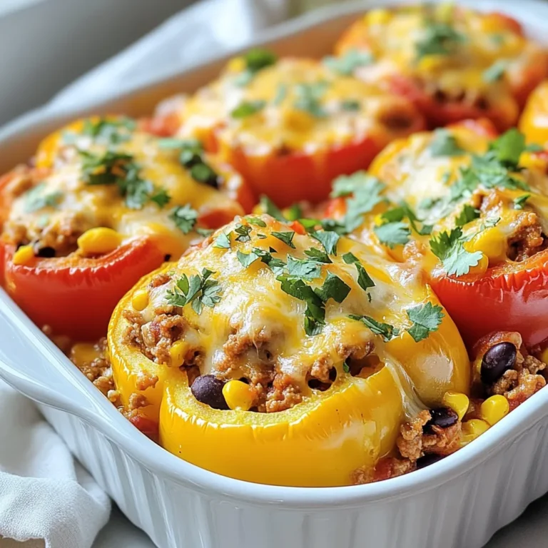 To make a flavorful Stuffed Pepper Casserole, gather these simple ingredients: - 4 large bell peppers (any color), diced - 1 cup cooked quinoa or rice - 1 lb ground turkey or beef - 1 can (15 oz) black beans, rinsed and drained - 1 can (15 oz) diced tomatoes with green chilies - 1 cup corn (fresh, frozen, or canned) - 1 medium onion, chopped - 2 cloves garlic, minced - 1 tablespoon chili powder - 1 teaspoon cumin - Salt and pepper to taste - 1 ½ cups shredded cheese (cheddar or a blend) - 2 tablespoons olive oil - 1 tablespoon fresh cilantro or parsley, chopped (for garnish) You can easily swap ingredients based on what you have. - Use brown rice instead of quinoa for a different texture. - Ground chicken is a lighter option. - Canned diced tomatoes can be replaced with fresh tomatoes. - If you want a vegetarian dish, use lentils or chickpeas instead of meat. - Try different types of cheese, like Monterey Jack or pepper jack, for a kick. This casserole is not only tasty but also nutritious. Each serving is rich in protein and fiber. - Calories: About 350 per serving. - Protein: Approximately 25 grams. - Fiber: Roughly 10 grams. - Fat: Around 15 grams, depending on the meat and cheese used. - Carbohydrates: About 40 grams, mostly from the peppers, beans, and grains. This dish gives you a balanced meal in one pot! Enjoy the flavors and the health benefits. {{ingredient_image_1}} 1. Preheat your oven. Set it to 375°F (190°C). This helps the casserole bake evenly. 2. Chop the veggies. Dice the bell peppers and chop the onion. Mince the garlic. This makes them ready to mix in. 3. Cook the quinoa or rice. If you haven't done this yet, make sure it’s ready to go. You can use leftovers too. 4. Gather your ingredients. Make sure you have everything on hand. This keeps you organized. 1. Heat the skillet. Pour olive oil into a large skillet over medium heat. This gets the oil hot and ready. 2. Cook the onion. Add the chopped onion and stir it for about 5 minutes until it turns translucent. This adds a good base flavor. 3. Add the garlic. Stir in the minced garlic for one minute. You want it to smell great. 4. Brown the meat. Add the ground turkey or beef. Break it up with a spoon. Cook it for about 6-8 minutes until it’s no longer pink. 5. Mix in the veggies and beans. Add the diced bell peppers, cooked quinoa or rice, black beans, diced tomatoes, and corn. Stir in the chili powder, cumin, salt, and pepper. This makes a colorful and tasty mix. 1. Transfer to a dish. Pour the mixture into a greased 9x13-inch casserole dish. Spread it out evenly. 2. Add cheese. Sprinkle the shredded cheese on top. This will melt and create a gooey layer. 3. Cover and bake. Use aluminum foil to cover the dish. Bake it for 25 minutes. This keeps it moist. 4. Uncover and finish baking. Remove the foil and bake for another 15-20 minutes. This browns the cheese and makes it bubbly. 5. Let it rest. Once out of the oven, let the casserole sit for 5 minutes. This helps it hold together when you serve. Garnish with chopped cilantro or parsley for a fresh touch. To make your stuffed pepper casserole shine, focus on your ingredients. Use fresh bell peppers for a vibrant taste. Choose a good quality ground turkey or beef for the best flavor. Cook the onion until soft; this adds sweetness to the dish. Don't skip the spices! Chili powder and cumin give your casserole a warm kick. Be generous with the cheese; it adds richness and a golden crust. Layer your ingredients well and don’t rush the baking time. Let it bubble in the oven for that perfect finish. You can prep your casserole in advance. Cook the meat and veggies the day before. Mix everything together and store it in the fridge. When you’re ready to eat, just bake it. This saves time on busy nights. You can also freeze the uncooked casserole. Just wrap it tightly and label it. When you want to enjoy it, thaw it overnight in the fridge. Then bake it as usual. This way, you always have a great meal ready to go! Serve your stuffed pepper casserole with a fresh side salad. A simple lettuce and tomato mix works well. You can also add some avocado slices for creaminess. For extra crunch, try tortilla chips on the side. If you like heat, serve it with hot sauce. Don't forget to sprinkle fresh cilantro or parsley on top for color. This adds a nice touch to the dish. Enjoy every bite with family and friends! Pro Tips Choose Colorful Peppers: Using a mix of bell pepper colors not only adds visual appeal but also enhances the flavor profile of the dish. Cook Grains Ahead: Preparing the quinoa or rice in advance can save time and ensure that they are perfectly cooked and fluffy for your casserole. Experiment with Proteins: Feel free to swap the ground turkey or beef for shredded chicken, tofu, or a plant-based meat alternative for a unique twist. Customize Your Cheese: Mix different types of cheese like pepper jack for a spicy kick or mozzarella for a gooey texture to elevate your casserole. {{image_2}} If you want a vegetarian or vegan dish, skip the meat. Use a mix of beans and lentils instead. This gives you protein and a hearty texture. Replace the cheese with a vegan alternative or leave it out. You can also add more veggies like zucchini or mushrooms for extra flavor. This makes the dish colorful and fun to eat. For meat lovers, you can use ground beef, turkey, or chicken. Each adds its own taste. Ground lamb brings a unique flavor twist. You can mix meats too, like half turkey and half beef. This keeps the dish juicy and packed with flavor. Just make sure to cook the meat through before mixing in the other ingredients. Want to kick up the flavor? Try adding spices like paprika or oregano. You could also stir in some hot sauce for a spicy kick. Fresh herbs like basil or thyme can brighten up the dish too. Don't forget about toppings! Add a dollop of sour cream or avocado for creaminess. Each of these changes makes the casserole even more tasty and exciting. To keep your stuffed pepper casserole fresh, let it cool first. Once cooled, place it in an airtight container. Make sure to cover it tightly. This will keep the flavors intact. You can store it in the fridge for up to 4 days. If you want to keep it longer, freezing is the best option. When you are ready to enjoy the leftovers, preheat your oven to 350°F (175°C). Transfer the casserole to an oven-safe dish. If the casserole seems dry, add a splash of water or broth. Cover it with foil. Heat for about 20 minutes, or until warm. You can also use a microwave. Just heat in short bursts, stirring in between, until hot. For freezing, put the casserole in a freezer-safe container. It’s best to freeze it without garnishes. You can freeze it for up to 3 months. When you are ready to eat, thaw it in the fridge overnight. Then, reheat as mentioned above. This way, you can enjoy a tasty meal even weeks later! Yes, you can use other grains. Some great options are farro, barley, or even couscous. Each grain brings its own taste and texture. For example, farro has a nice chewiness. Barley adds a nutty flavor. Couscous cooks quickly and is light. Just make sure to cook them before adding to the mix. This will keep your casserole from getting soggy. Stuffed Pepper Casserole is filling, but you can pair it with sides. A simple green salad works well. You could also serve some crusty bread. Cornbread is a great match, too! If you want a fresh taste, top with avocado slices or a dollop of sour cream. These add creaminess and flavor. This casserole can last up to four days in the fridge. Make sure to store it in an airtight container. When you want to reheat, simply pop it in the oven or microwave. Just check that it’s heated all the way through. Enjoy it as a quick lunch or dinner! This blog post covered all you need to know about stuffed pepper casserole. We discussed essential ingredients, easy steps for preparation, and helpful storage tips. Plus, we explored variations to make the dish suit your taste. Remember, you can customize the recipe to your liking. With some simple adjustments, this meal can be a hit for any dinner. Enjoy making your unique version of stuffed pepper casserole and delight your family with this tasty dish!