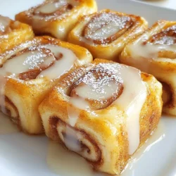 For the Cinnamon Roll French Toast Roll-Ups, you will need: - 1 loaf of white bread (about 10-12 slices) - 4 large eggs - 1 cup milk (whole or almond) - 1 teaspoon vanilla extract - 2 teaspoons ground cinnamon - 1/4 cup granulated sugar - 1/4 cup cream cheese, softened - 1/4 cup brown sugar - 1/2 cup powdered sugar (for drizzling) - A pinch of salt - Butter or cooking spray (for frying) You can swap some ingredients to match your taste or needs: - Bread: Use whole wheat or brioche for a twist. - Milk: Almond milk works well if you want a dairy-free option. - Sweeteners: Agave or honey can replace sugar for a different flavor. - Cream Cheese: Try Greek yogurt or a dairy-free cream cheese. Choosing fresh ingredients makes all the difference. Here’s what to look for: - Bread: Choose soft, fresh bread. Stale bread can ruin the roll-ups. - Eggs: Look for eggs that are clean and uncracked. Check the date on the carton. - Milk: Make sure the milk is within the expiration date. A fresh smell is key. - Cream Cheese: Pick a brand you trust. It should be smooth with no lumps. - Spices: Ground cinnamon should be fragrant. Check the date for freshness. With these tips, your Cinnamon Roll French Toast Roll-Ups will be delicious! {{ingredient_image_1}} Start by removing the crusts from each slice of bread. Use a sharp knife for this. Next, flatten each slice with a rolling pin. This makes it easier to roll them up later. Aim for a nice, thin layer. Grab a small bowl. In it, mix the softened cream cheese, brown sugar, and a pinch of cinnamon. Stir until smooth. This filling will add a sweet taste to your roll-ups. Take one slice of the flattened bread. Spread about 1 tablespoon of the cream cheese mixture on one side. Roll it tightly, starting from the cream cheese side. Make sure to roll it firmly to keep it together. Repeat this for all slices. In a shallow bowl, whisk together the eggs, milk, vanilla extract, and remaining ground cinnamon. Add a pinch of salt for flavor. Heat a large skillet over medium heat. Add a tablespoon of butter or spray with cooking spray. Take each roll-up and dip it into the egg mixture. Ensure it is well coated. Place the roll-up seam-side down in the skillet. Cook for about 2-3 minutes on each side. Look for a golden brown color before removing them. While the roll-ups cool slightly, prepare the icing. In a small bowl, mix the powdered sugar with a bit of water or milk. Stir until it reaches a drizzling consistency. This will add a sweet finish to your roll-ups. Serve these warm and fresh off the skillet. Place them on a decorative plate for a nice touch. You can sprinkle with extra cinnamon or add fresh berries on the side. A dusting of powdered sugar also looks great! To make perfect Cinnamon Roll French Toast Roll-Ups, follow these tips: - Flatten the Bread: Use a rolling pin to flatten each slice. This helps them roll easily. - Mix Well: Blend the cream cheese and sugars until smooth. This ensures even filling. - Coat Well: Dip each roll-up in the egg mixture fully. This gives a nice, rich flavor. - Medium Heat: Cook on medium heat for the best golden color. Too high heat can burn them. - Don’t Crowd the Pan: Give each roll-up space in the skillet. This helps them cook evenly. Here are some common pitfalls to watch for: - Skipping Crust Removal: Leaving crusts can make rolling hard. Always cut them off. - Overfilling: Using too much filling can cause leaks. Stick to about a tablespoon. - Not Draining: Failing to drain excess oil can make them soggy. Place on a paper towel after cooking. - Not Waiting to Drizzle: Drizzling icing too soon can make it runny. Wait until they cool a bit. Elevate your roll-ups with these ideas: - Experiment with Spices: Add nutmeg or cardamom to the egg mixture for more depth. - Use Different Sugars: Swap granulated sugar for coconut sugar for a different taste. - Add Zest: Grate a little lemon or orange zest into the egg mix for a fresh twist. - Toppings Galore: Top with nuts, chocolate chips, or fresh fruits for extra flavor. These tips can help you create a delightful treat. Enjoy your cooking! Pro Tips Use Stale Bread: For the best texture, use slightly stale bread. It absorbs the egg mixture better without becoming too soggy. Customize the Filling: Experiment with different fillings like Nutella or fruit preserves for a unique twist on the classic flavor. Control the Heat: Cook on medium-low heat to ensure the roll-ups cook evenly and don’t brown too quickly before the inside is set. Serve Immediately: These roll-ups are best served fresh and warm. Keep them in a warm oven if you need to prepare them in batches. {{image_2}} You can make these roll-ups even better. Add fun flavors to the cream cheese filling. Try mixing in chocolate chips for a sweet twist. You can also use fresh fruit like sliced strawberries or bananas. This adds a nice touch of freshness. For a spiced kick, consider adding a pinch of nutmeg or even pumpkin spice. All these options make the roll-ups more fun and tasty. While white bread works great, you can switch it up. Try using whole wheat or sourdough for a different taste. Brioche or challah adds a rich flavor, making your roll-ups extra special. Gluten-free bread is also an option if you want to avoid gluten. Each bread type gives a unique texture and taste, so feel free to experiment. If you need a gluten-free version, it’s easy to adapt. Use gluten-free bread instead of regular bread. Check the labels to ensure it fits your diet. The rest of the recipe stays the same. You won’t lose any taste or fun from the original. This way, everyone can enjoy these sweet treats! To store leftover Cinnamon Roll French Toast Roll-Ups, let them cool first. Place them in an airtight container. They will stay fresh for up to three days in the fridge. Avoid stacking them to keep their shape intact. To reheat, use a skillet over medium heat. Add a little butter to the pan. Place the roll-ups seam-side down. Cook for about 2-3 minutes per side until warm and crispy. You can also use a microwave. Heat them for about 20-30 seconds. This method is quick but may make them soft. If you want to freeze the roll-ups, wrap each one in plastic wrap. Then, place them in a freezer bag. They can last up to two months in the freezer. When you’re ready to eat, thaw them overnight in the fridge. Reheat as described above for the best texture. Yes, you can use many types of bread! White bread is soft and easy to roll. Whole wheat or brioche adds flavor and texture. Sourdough gives a nice tang. Just make sure the bread is thick enough to hold the filling. To make the filling dairy-free, swap cream cheese for a dairy-free option. Use cashew cream or almond cream cheese. You can also use a mix of maple syrup and nut butter. This keeps the sweet taste while being dairy-free. Serve these roll-ups warm for the best taste. Drizzle them with icing right before eating. You can add fresh berries or sliced bananas on top. A sprinkle of cinnamon or powdered sugar makes it look nice too. Yes, you can prepare some parts in advance. You can make the filling and roll them up the night before. Just store them in the fridge. When you are ready, dip and cook them fresh for the best taste. This article covered all the key steps for making delicious Cinnamon Roll French Toast Roll-Ups. We discussed choosing good ingredients, preparing the filling, and cooking the roll-ups. I shared tips to avoid common mistakes and enhance flavors. Also, we explored variations you can try and important storage info. Remember, cooking is fun! Experiment and find what you love. Enjoy your tasty creations!