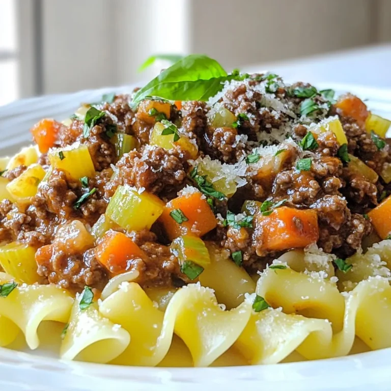- 1 lb ground beef - 1 medium onion, finely chopped - 2 cloves garlic, minced - 1 medium carrot, diced - 1 stalk celery, diced - 1 can (28 oz) crushed tomatoes - 2 tablespoons tomato paste - 1 cup beef broth - 1 teaspoon dried oregano - 1 teaspoon dried basil - ½ teaspoon red pepper flakes (optional for heat) - Salt and black pepper to taste - 2 tablespoons olive oil - Fresh basil or parsley for garnish To make a tasty beef Bolognese, you need key ingredients. Ground beef is the main protein and gives your sauce a hearty base. Fresh vegetables add flavor and texture. Onion, garlic, carrot, and celery create a strong flavor base. Crushed tomatoes and tomato paste bring richness and depth. Beef broth keeps the sauce moist and adds more beef flavor. Dried oregano and basil are classic herbs that enhance the taste. - ½ teaspoon red pepper flakes for heat - Alternative protein options like ground turkey or lentils You can adjust the spice with red pepper flakes. If you want a bit of heat, add them to the sauce. If you prefer a different protein, ground turkey works well. For a vegetarian twist, try lentils. These options let you personalize your Bolognese. {{ingredient_image_1}} First, heat the olive oil in a large pot over medium heat. Add the finely chopped onion, diced carrot, and diced celery. Sauté these vegetables for about 5-7 minutes. You want them to become soft and fragrant. Next, stir in the minced garlic. Cook for one more minute. The aroma will be amazing, and your base is now ready. Now, increase the heat to medium-high. Add the ground beef to the pot. Cook it until it is browned, about 8-10 minutes. Use a wooden spoon to break up the meat as it cooks. Make sure there are no pink bits left. This step is key for flavor and texture. Once the beef is browned, it’s time to mix in the crushed tomatoes, tomato paste, and beef broth. Stir until everything is well combined. Next, add the dried oregano, dried basil, and red pepper flakes if you like some heat. Don’t forget to season with salt and black pepper. Taste as you go; this is crucial for a delicious sauce. Bring the mixture to a gentle simmer. Then, lower the heat to low and cover the pot. Let it simmer for at least 30 minutes. If you can, simmer it for up to 2 hours. The longer it cooks, the richer the flavor will be. Stir occasionally and taste again for seasoning. Adjust as needed. This step makes your Bolognese truly hearty and flavorful. To get the best texture for your sauce, focus on simmering time. A gentle simmer for at least 30 minutes is key. This allows the flavors to mix well. If you have more time, you can simmer for up to 2 hours. The longer it cooks, the richer the taste. If your sauce feels too thick, add a splash of beef broth. This helps loosen it up. If it is too thin, let it simmer uncovered for a bit. This will help it thicken naturally. For flavor adjustments, taste your sauce as it cooks. You can add more salt, pepper, or herbs based on your preference. If you want more depth, try adding a splash of soy sauce or Worcestershire sauce. These ingredients boost the umami flavor. Also, consider adding grated Parmesan cheese while cooking. It melts in and adds a creamy touch. Fresh herbs like basil or parsley can add brightness right before serving. These small tweaks make a big difference in flavor. Pro Tips Use Quality Meat: Opt for lean ground beef for a healthier option and better flavor, or consider mixing in some ground pork for added richness. Layer Your Flavors: For a deeper flavor, add a splash of red wine after browning the meat and let it reduce before adding the tomatoes. Let it Simmer: Allow the sauce to simmer longer than the minimum time for the best flavor development; a slow simmer for up to 2 hours makes a big difference. Finish with Fresh Herbs: Add fresh basil or parsley at the end of cooking for a burst of freshness that brightens the dish. {{image_2}} You can make a tasty vegetarian Bolognese. Use lentils or mushrooms instead of beef. Lentils give a hearty texture. They soak up flavors well. Use cooked green or brown lentils. They add protein and fiber. Mushrooms add umami and richness. Finely chop them and sauté with the vegetables. This swap keeps the dish filling and satisfying. Want to mix things up? You can use ground turkey or chicken. They are leaner than beef. This change makes the dish lighter. If you like red meat, try pork. Ground pork adds a nice flavor. It’s a bit sweeter than beef. Each meat brings a unique taste to your sauce. You can easily play with flavors in your Bolognese. Want it spicy? Add more red pepper flakes. This gives heat and depth. For an Italian twist, use more herbs. Rosemary or thyme work great. You can even add a splash of red wine. It enhances the sauce's richness. Customize it to fit your taste! To keep your beef Bolognese fresh, use airtight containers. Glass containers work well. They do not stain and seal tightly. Plastic containers are great too, just ensure they are BPA-free. Store the sauce in the fridge for up to four days. If you want to keep it longer, freezing is the way to go. Freezing is easy and keeps the sauce tasty. First, let the Bolognese cool completely. Then, divide it into portions. Use freezer bags or containers, leaving space for expansion. Label the bags with the date. You can freeze the sauce for up to three months. When ready to use, thaw it overnight in the fridge. Reheating is simple and can be done on the stove or in the microwave. For the stove, add the sauce to a pot over low heat. Stir often to prevent burning. If using the microwave, place the sauce in a microwave-safe bowl. Heat in short bursts, stirring in between. This way, you keep all the flavors intact. Enjoy it warm over your favorite pasta! Yes, you can! Making Hearty Beef Bolognese Sauce in advance is a great idea. The flavors get better as they sit. After cooking, let the sauce cool. Store it in an airtight container in the fridge. You can make it up to three days before you plan to serve it. This way, you save time on busy days. Just reheat it before serving. The taste will be rich and deep, perfect for your pasta. Bolognese sauce pairs well with many types of pasta. Some popular choices are: - Spaghetti - Fettuccine - Pappardelle - Tagliatelle These pasta types hold the sauce well. Their shapes capture the hearty beef and rich flavors. You can also use gluten-free pasta if needed. Choose a pasta that you enjoy for the best meal. You can store Bolognese sauce in the fridge for about three days. Make sure you keep it in an airtight container. This helps to keep the sauce fresh. If you want to keep it longer, consider freezing it. Bolognese sauce can last for up to three months in the freezer. When ready to eat, just thaw it overnight in the fridge and reheat. Enjoy the same tasty flavor as when it was first made! In this article, we explored the making of a hearty beef Bolognese sauce. We discussed essential ingredients like ground beef and fresh vegetables, plus optional items for your personal touch. You learned step-by-step instructions, like sautéing veggies and browning beef. We also covered tips for perfect texture and flavor. Remember to store leftovers safely and reheat carefully. With these insights, you can create a delicious sauce that suits your taste. Enjoy your cooking journey and the flavors you make!