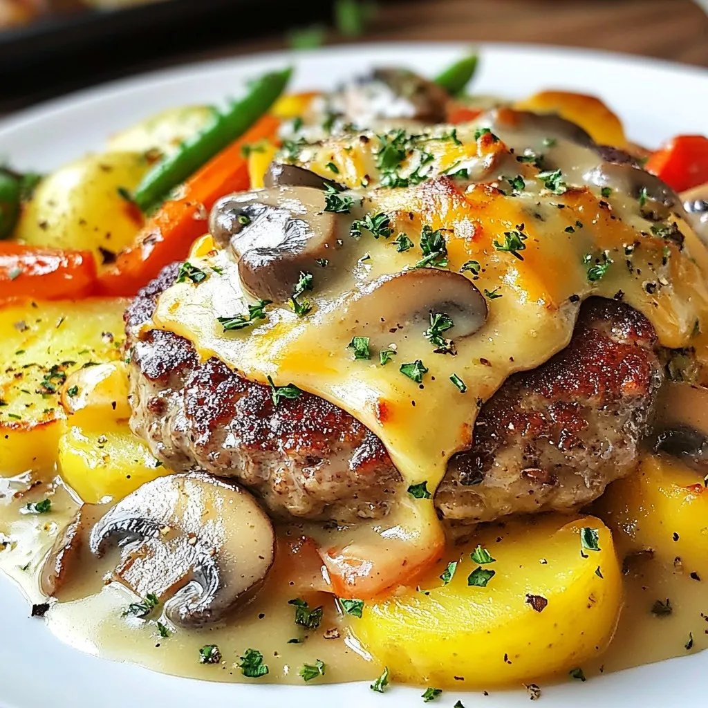 - 1 lb ground beef - 1/2 cup breadcrumbs - 1/4 cup finely chopped onion - 1/4 cup chopped green bell pepper - 1 egg - 1 tsp garlic powder - 1 tsp Worcestershire sauce - Salt and pepper to taste - 1 can (10.5 oz) cream of mushroom soup - 1 cup beef broth - 1 cup frozen mixed vegetables (carrots, peas, corn) - 4 medium potatoes, thinly sliced - 1 cup shredded cheddar cheese Gathering the right ingredients is key to making Amish Hamburger Steak Bake. Start with one pound of ground beef. This meat gives the dish a rich flavor. Next, grab half a cup of breadcrumbs. They help bind the beef mixture. You also need a quarter cup of finely chopped onion and a quarter cup of chopped green bell pepper. These add taste and texture. You’ll need one egg to hold everything together and one teaspoon of garlic powder for some extra zing. Don’t forget one teaspoon of Worcestershire sauce, along with salt and pepper to taste. For the sauce, use one can of cream of mushroom soup and one cup of beef broth. These ingredients create a creamy base. Add one cup of frozen mixed vegetables. A mix of carrots, peas, and corn works well. Finally, you will need four medium potatoes, thinly sliced. They will bake nicely on top. Finish with one cup of shredded cheddar cheese for a delicious topping. With these ingredients, you set the stage for a comforting meal that warms the heart and the belly. {{ingredient_image_1}} 1. Preheating the oven First, preheat your oven to 350°F (175°C). This step ensures even cooking. 2. Combining the beef mixture In a large bowl, mix 1 pound of ground beef with 1/2 cup of breadcrumbs. Add 1/4 cup of finely chopped onion and 1/4 cup of chopped green bell pepper. Crack in 1 egg and season with 1 teaspoon of garlic powder and 1 teaspoon of Worcestershire sauce. Sprinkle in salt and pepper to taste. Mix it well until all ingredients blend together. 3. Shaping the patties Now, shape the beef mixture into 4 patties. Make them even and flat for better cooking. Set these aside for later. 1. Browning the patties Heat a large skillet over medium heat. Add the patties and brown them for about 3-4 minutes on each side. This step adds great flavor. Once browned, transfer the patties to a 9x13 inch baking dish. 2. Preparing the soup mixture In the same skillet, pour in 1 can (10.5 oz) of cream of mushroom soup and 1 cup of beef broth. Stir it well and bring it to a simmer. This mixture will keep the bake moist and tasty. 3. Layering the bake Pour the soup mixture evenly over the patties in the baking dish. Next, sprinkle 1 cup of frozen mixed vegetables on top. Finally, arrange 4 medium potatoes, thinly sliced, over the mixture. Overlap the slices slightly for even coverage. Sprinkle 1 cup of shredded cheddar cheese on top of the potatoes. 1. Covering and baking Cover the baking dish with aluminum foil. Place it in the preheated oven and bake for 45 minutes. This step helps the flavors meld together. 2. Final touches and serving After 45 minutes, remove the foil. Bake for another 15-20 minutes, or until the potatoes are tender and the cheese is bubbly and lightly golden. Let it cool for a few minutes before serving. Enjoy this comforting meal with family or friends! To make your Amish Hamburger Steak Bake even better, follow these tips: - Cooking Tips for Better Flavor: Start by browning the patties well. This step adds a nice crust and deep flavor. Use a mix of butter and oil in the skillet for added richness. - Alternative Ingredients to Enhance Taste: You can swap ground beef for ground turkey or chicken for a leaner option. Add spices like paprika or smoked paprika for extra flavor. Fresh herbs like thyme or parsley can brighten the dish. Garnishing and serving can make your meal feel special: - Garnishing Ideas: After baking, sprinkle fresh parsley on top for color and taste. It makes the dish look fresh and inviting. You can also add sliced green onions for a bit of crunch. - Serving Suggestions for a Complete Meal: Serve the bake hot from the oven with crusty bread. A side salad with mixed greens and a light dressing pairs well. This adds freshness to the hearty bake and makes for a complete meal. Pro Tips Use Lean Meat: Opt for lean ground beef to reduce excess grease in the dish while still keeping it juicy and flavorful. Customize Vegetables: Feel free to swap out the frozen mixed vegetables for your favorites, such as green beans or broccoli, to suit your taste. Cheese Variations: Experiment with different types of cheese, like mozzarella or pepper jack, for a unique flavor twist. Make Ahead: Prepare the dish a day in advance and refrigerate it. Just bake it when you're ready to serve for a quick and easy meal. {{image_2}} You can swap ground beef for ground turkey or chicken. This change makes the dish lighter but just as tasty. Use the same amount of meat for best results. You can also add flavor by using herbs and spices. For a vegan version, replace the meat with lentils or mushrooms. Use breadcrumbs made from whole grains. Substitute the cream of mushroom soup with a vegan cream sauce or coconut milk. This keeps the texture creamy while being plant-based. Amish cooking has many hearty bakes. You might find variations that include other meats or veggies. Some people like to add corn or green beans for extra flavor and color. Feel free to make it your own! Add spices, herbs, or even a different cheese. You could use Swiss cheese instead of cheddar for a unique twist. To keep your Amish Hamburger Steak Bake fresh, use airtight containers. This helps prevent moisture loss. If you put it in the fridge, it will last for about three to four days. You can also freeze it for longer storage. In the freezer, it stays good for up to three months. When you reheat leftovers, use the oven if you can. Set it to 350°F (175°C) and cover the dish with foil. This keeps the bake moist. Heat for about 20 to 25 minutes. If you prefer the microwave, use a microwave-safe dish. Heat it in short bursts, stirring in between, to keep flavor and texture. You can serve this dish with a few simple sides. Fresh crusty bread adds a nice touch. A side salad brings some crunch. You might also enjoy steamed green beans or corn. These sides pair well with the rich flavors of the bake. Yes, you can prepare Amish Hamburger Steak Bake ahead of time. Simply follow the steps and assemble the dish. Cover it well and refrigerate. When you’re ready to eat, bake it straight from the fridge. Just add a little extra time to the cooking. You can make this dish healthier with a few swaps. Use lean ground turkey instead of beef. Swap the cream of mushroom soup for a low-fat option. You can also add more veggies. Try adding spinach, zucchini, or even mushrooms for added nutrition. To make Amish Hamburger Steak Bake, you'll need a few simple items. Here is what you should gather: - 1 lb ground beef - 1/2 cup breadcrumbs - 1/4 cup finely chopped onion - 1/4 cup chopped green bell pepper - 1 egg - 1 tsp garlic powder - 1 tsp Worcestershire sauce - Salt and pepper to taste - 1 can (10.5 oz) cream of mushroom soup - 1 cup beef broth - 1 cup frozen mixed vegetables (carrots, peas, corn) - 4 medium potatoes, thinly sliced - 1 cup shredded cheddar cheese These ingredients come together to create a hearty meal that warms the soul. You can find most of them at your local grocery store. If you want to add a personal touch, feel free to swap in your favorite veggies or herbs. This dish is all about comfort and ease. The ground beef and veggies blend well with the creamy mushroom soup. The layers of potatoes and cheese add a delightful crunch and richness. It’s a meal that is sure to please everyone at the table. We covered the essentials for making a tasty Amish Hamburger Steak Bake. You learned about key ingredients, step-by-step cooking, and tips for perfecting your dish. Remember, you can swap ingredients and adjust for your taste. Store leftovers properly to enjoy them later. This meal warms hearts and is easy to share with loved ones. Now, gather your ingredients and start cooking. You'll impress everyone with this hearty dish!