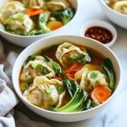 - 1 package of frozen dumplings (chicken, vegetable, or pork) - 6 cups chicken or vegetable broth - 1 tablespoon sesame oil - 1 tablespoon ginger, minced - 2 garlic cloves, minced - 1 cup bok choy, chopped - 1 cup shiitake mushrooms, sliced - 1 carrot, julienned - 1 tablespoon soy sauce - Salt and pepper to taste - 2 green onions, sliced - Fresh cilantro for garnish (optional) - Chili oil for serving (optional) You need these ingredients to make a tasty Asian dumpling potsticker soup. Start with frozen dumplings. You can choose chicken, vegetable, or pork. The broth is key. Use chicken or vegetable broth for rich flavor. Sesame oil adds a nice touch. Next, gather your aromatics. Minced ginger and garlic create a great base. For veggies, get bok choy, shiitake mushrooms, and carrots. These add color and nutrients to your soup. Finally, think about seasoning. Soy sauce gives depth. Salt and pepper boost flavor. For garnishes, slice green onions and cilantro. They add freshness. A drizzle of chili oil adds heat if you like spice. {{ingredient_image_1}} Start by heating 1 tablespoon of sesame oil in a large pot over medium heat. Once the oil is hot, add 2 minced garlic cloves and 1 tablespoon of minced ginger. Sauté these for about 1 to 2 minutes. This step fills the kitchen with a wonderful aroma. The garlic and ginger add great flavor to your soup. Next, pour in 6 cups of chicken or vegetable broth. Bring the broth to a gentle boil. Once it starts to bubble, it's time to add the frozen dumplings. You can use chicken, vegetable, or pork dumplings. Cook them according to the package instructions, which usually takes about 5 to 7 minutes. The dumplings will soak up the broth's flavor. After the dumplings are nearly done, it's time to add some veggies. Toss in 1 cup of chopped bok choy, 1 cup of sliced shiitake mushrooms, and 1 julienned carrot. Continue cooking for an extra 3 to 5 minutes. The veggies should be tender but still bright in color. Then, stir in 1 tablespoon of soy sauce. Season with salt and pepper to taste. This will enhance the soup's rich flavors. Ladle the soup into bowls and top with sliced green onions and fresh cilantro if you like. Enjoy! To cook the dumplings just right, follow the package instructions closely. Each type of dumpling may vary in cooking time. Usually, it takes about 5-7 minutes in boiling broth. Check them for doneness by cutting one open. Make sure the filling is hot and cooked through. This ensures you enjoy a tasty bite every time. You can switch up the veggies in your soup for variety. Bok choy is a great choice, but feel free to add spinach or kale. Shiitake mushrooms offer rich flavor, but button mushrooms work too. Carrots add crunch, but you can also use zucchini or bell peppers. Experiment with whatever you have on hand! Serve the soup in deep bowls for an inviting look. Garnish each bowl with fresh green onions for color and taste. If you like spice, add a small dish of chili oil on the side. You can also sprinkle fresh cilantro on top for a bright finish. This makes your meal not just tasty, but also beautiful! Pro Tips Fresh Ingredients: Use fresh vegetables whenever possible to enhance the flavor and texture of your soup. Broth Matters: Choose a high-quality broth for a richer and more flavorful soup base. Adjust Spice Level: Modify the amount of chili oil based on your preference for heat. Garnish for Appeal: Add extra garnishes like sesame seeds or sliced chilies for a pop of color and flavor. {{image_2}} For a tasty vegetarian soup, use vegetable dumplings. They are easy to find in stores. Choose a vegetable broth for the base. This keeps the dish light and fresh. Add in more veggies like bell peppers or snap peas. These ingredients add color and crunch. You can also use tofu for extra protein. This option is great for those who want a meat-free meal. Broth makes a big difference in flavor. You can try miso broth for a rich and savory taste. Miso adds umami and depth. Ramen broth is another option. It brings a hearty flavor that pairs well with dumplings. If you want something lighter, use a simple vegetable broth. This keeps the dish clean and bright. You can mix and match different broths to find your favorite. If you like heat, add chili oil to your soup. Start with a little and taste as you go. You can also use fresh chili peppers for a kick. Sliced jalapeños or bird's eye chilies work well. For a different twist, try sriracha or hot sauce. These can enhance the flavor without overwhelming the dish. Adjust the spice level to your liking for the perfect balance. After enjoying your soup, let it cool. Transfer it to an airtight container. I recommend using glass or BPA-free plastic. Seal the container tightly. This helps keep the soup fresh. Store it in the fridge. It will last for about three days. If you want to keep it longer, consider freezing it. Always label the container with the date. When you're ready to eat, take the soup out of the fridge. Pour it into a pot. Heat over medium heat. Stir the soup often. This helps it heat evenly. Once it's hot, serve it right away. If the soup is too thick, add a bit of broth or water. This will make it nice and soupy again. You can also use a microwave. Just heat in a microwave-safe bowl. Cover it loosely to avoid splatters. Heat in short bursts, stirring in between. If you want to freeze your soup, follow these steps: 1. Let the soup cool completely. 2. Use freezer-safe containers or bags. 3. Pour the soup into the containers, leaving some space for expansion. 4. Seal the containers tightly. 5. Label with the date and type of soup. To thaw, move the soup to the fridge the night before. When ready to eat, reheat it on the stove or in the microwave. Enjoy your tasty dumpling soup even after a few weeks! Yes, you can make this soup ahead of time. Prepare the broth and cook the dumplings. Then, store them in the fridge. When you are ready to eat, heat the soup in a pot. Add fresh veggies right before serving. This keeps them bright and crunchy. You can use many proteins in your dumplings. Some great options are shrimp, beef, or tofu. For a vegetarian choice, try mushrooms or lentils. Each protein adds a unique taste to the soup. Making dumplings from scratch is easy! Start with flour and water to make the dough. Roll it out and cut small circles. Fill each circle with your choice of meat or veggies. Pinch them closed to seal. You can find many detailed recipes online for help. This blog post showed how to make a delicious dumpling soup. We covered key ingredients like frozen dumplings, broth, and tasty veggies. You learned step-by-step instructions for cooking, plus pro tips for perfect results. We also explored tasty variations, storage tips, and common questions. In the end, this soup is simple and fun to make. With the right ingredients, you'll create a warm dish that everyone loves. Enjoy your cooking adventure!