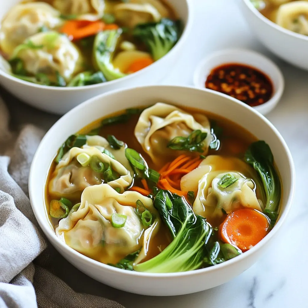 - 1 package of frozen dumplings (chicken, vegetable, or pork) - 6 cups chicken or vegetable broth - 1 tablespoon sesame oil - 1 tablespoon ginger, minced - 2 garlic cloves, minced - 1 cup bok choy, chopped - 1 cup shiitake mushrooms, sliced - 1 carrot, julienned - 1 tablespoon soy sauce - Salt and pepper to taste - 2 green onions, sliced - Fresh cilantro for garnish (optional) - Chili oil for serving (optional) You need these ingredients to make a tasty Asian dumpling potsticker soup. Start with frozen dumplings. You can choose chicken, vegetable, or pork. The broth is key. Use chicken or vegetable broth for rich flavor. Sesame oil adds a nice touch. Next, gather your aromatics. Minced ginger and garlic create a great base. For veggies, get bok choy, shiitake mushrooms, and carrots. These add color and nutrients to your soup. Finally, think about seasoning. Soy sauce gives depth. Salt and pepper boost flavor. For garnishes, slice green onions and cilantro. They add freshness. A drizzle of chili oil adds heat if you like spice. {{ingredient_image_1}} Start by heating 1 tablespoon of sesame oil in a large pot over medium heat. Once the oil is hot, add 2 minced garlic cloves and 1 tablespoon of minced ginger. Sauté these for about 1 to 2 minutes. This step fills the kitchen with a wonderful aroma. The garlic and ginger add great flavor to your soup. Next, pour in 6 cups of chicken or vegetable broth. Bring the broth to a gentle boil. Once it starts to bubble, it's time to add the frozen dumplings. You can use chicken, vegetable, or pork dumplings. Cook them according to the package instructions, which usually takes about 5 to 7 minutes. The dumplings will soak up the broth's flavor. After the dumplings are nearly done, it's time to add some veggies. Toss in 1 cup of chopped bok choy, 1 cup of sliced shiitake mushrooms, and 1 julienned carrot. Continue cooking for an extra 3 to 5 minutes. The veggies should be tender but still bright in color. Then, stir in 1 tablespoon of soy sauce. Season with salt and pepper to taste. This will enhance the soup's rich flavors. Ladle the soup into bowls and top with sliced green onions and fresh cilantro if you like. Enjoy! To cook the dumplings just right, follow the package instructions closely. Each type of dumpling may vary in cooking time. Usually, it takes about 5-7 minutes in boiling broth. Check them for doneness by cutting one open. Make sure the filling is hot and cooked through. This ensures you enjoy a tasty bite every time. You can switch up the veggies in your soup for variety. Bok choy is a great choice, but feel free to add spinach or kale. Shiitake mushrooms offer rich flavor, but button mushrooms work too. Carrots add crunch, but you can also use zucchini or bell peppers. Experiment with whatever you have on hand! Serve the soup in deep bowls for an inviting look. Garnish each bowl with fresh green onions for color and taste. If you like spice, add a small dish of chili oil on the side. You can also sprinkle fresh cilantro on top for a bright finish. This makes your meal not just tasty, but also beautiful! Pro Tips Fresh Ingredients: Use fresh vegetables whenever possible to enhance the flavor and texture of your soup. Broth Matters: Choose a high-quality broth for a richer and more flavorful soup base. Adjust Spice Level: Modify the amount of chili oil based on your preference for heat. Garnish for Appeal: Add extra garnishes like sesame seeds or sliced chilies for a pop of color and flavor. {{image_2}} For a tasty vegetarian soup, use vegetable dumplings. They are easy to find in stores. Choose a vegetable broth for the base. This keeps the dish light and fresh. Add in more veggies like bell peppers or snap peas. These ingredients add color and crunch. You can also use tofu for extra protein. This option is great for those who want a meat-free meal. Broth makes a big difference in flavor. You can try miso broth for a rich and savory taste. Miso adds umami and depth. Ramen broth is another option. It brings a hearty flavor that pairs well with dumplings. If you want something lighter, use a simple vegetable broth. This keeps the dish clean and bright. You can mix and match different broths to find your favorite. If you like heat, add chili oil to your soup. Start with a little and taste as you go. You can also use fresh chili peppers for a kick. Sliced jalapeños or bird's eye chilies work well. For a different twist, try sriracha or hot sauce. These can enhance the flavor without overwhelming the dish. Adjust the spice level to your liking for the perfect balance. After enjoying your soup, let it cool. Transfer it to an airtight container. I recommend using glass or BPA-free plastic. Seal the container tightly. This helps keep the soup fresh. Store it in the fridge. It will last for about three days. If you want to keep it longer, consider freezing it. Always label the container with the date. When you're ready to eat, take the soup out of the fridge. Pour it into a pot. Heat over medium heat. Stir the soup often. This helps it heat evenly. Once it's hot, serve it right away. If the soup is too thick, add a bit of broth or water. This will make it nice and soupy again. You can also use a microwave. Just heat in a microwave-safe bowl. Cover it loosely to avoid splatters. Heat in short bursts, stirring in between. If you want to freeze your soup, follow these steps: 1. Let the soup cool completely. 2. Use freezer-safe containers or bags. 3. Pour the soup into the containers, leaving some space for expansion. 4. Seal the containers tightly. 5. Label with the date and type of soup. To thaw, move the soup to the fridge the night before. When ready to eat, reheat it on the stove or in the microwave. Enjoy your tasty dumpling soup even after a few weeks! Yes, you can make this soup ahead of time. Prepare the broth and cook the dumplings. Then, store them in the fridge. When you are ready to eat, heat the soup in a pot. Add fresh veggies right before serving. This keeps them bright and crunchy. You can use many proteins in your dumplings. Some great options are shrimp, beef, or tofu. For a vegetarian choice, try mushrooms or lentils. Each protein adds a unique taste to the soup. Making dumplings from scratch is easy! Start with flour and water to make the dough. Roll it out and cut small circles. Fill each circle with your choice of meat or veggies. Pinch them closed to seal. You can find many detailed recipes online for help. This blog post showed how to make a delicious dumpling soup. We covered key ingredients like frozen dumplings, broth, and tasty veggies. You learned step-by-step instructions for cooking, plus pro tips for perfect results. We also explored tasty variations, storage tips, and common questions. In the end, this soup is simple and fun to make. With the right ingredients, you'll create a warm dish that everyone loves. Enjoy your cooking adventure!
