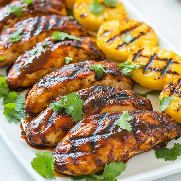 For a tasty Hawaiian BBQ Chicken, you need some key ingredients. Here’s what you will need: - 4 boneless, skinless chicken breasts - 1 cup pineapple juice - 1/2 cup soy sauce - 1/4 cup brown sugar - 1/4 cup ketchup - 2 tablespoons apple cider vinegar - 2 cloves garlic, minced - 1 tablespoon fresh ginger, grated - 1 teaspoon black pepper - 1 teaspoon sesame oil - 1 tablespoon cornstarch mixed with 2 tablespoons water (for thickening) - Fresh cilantro, chopped (for garnish) - Grilled pineapple rings (for serving, optional) These ingredients create a sweet and tangy marinade that makes the chicken juicy and full of flavor. The pineapple juice adds a tropical touch. The soy sauce gives it a nice umami kick. Brown sugar and ketchup balance the flavors perfectly. Garlic and ginger bring warmth, while cilantro adds freshness. Grilled pineapple rings are a fun touch to serve on the side. Gather all these ingredients for a delicious meal that will impress your family and friends! {{ingredient_image_1}} To start, you need to make the marinade. In a medium bowl, whisk together these ingredients: - 1 cup pineapple juice - 1/2 cup soy sauce - 1/4 cup brown sugar - 1/4 cup ketchup - 2 tablespoons apple cider vinegar - 2 cloves garlic, minced - 1 tablespoon fresh ginger, grated - 1 teaspoon black pepper - 1 teaspoon sesame oil Mix well until the sugar dissolves. This marinade is the heart of Hawaiian BBQ chicken. It adds sweetness and tang, making your chicken juicy and full of flavor. After you prepare the marinade, it’s time to marinate the chicken. Take 4 boneless, skinless chicken breasts and place them in a large resealable bag or a shallow dish. Pour the marinade over the chicken. Seal the bag or cover the dish tightly. Refrigerate for at least 2 hours or overnight for the best taste. Marinating allows the chicken to absorb all those lovely flavors. Now, let’s get grilling! Preheat your grill to medium-high heat. Remove the chicken from the marinade, but save the marinade for later. Grill the chicken for about 6-7 minutes on each side. You want the internal temperature to reach 165°F (75°C). While the chicken cooks, pour the reserved marinade into a saucepan and bring it to a boil. Once it boils, reduce the heat and let it simmer for about 5 minutes. Then, stir in 1 tablespoon of cornstarch mixed with 2 tablespoons of water. This will thicken the sauce. Cook for another 2-3 minutes until it looks nice and thick. Once the chicken is fully cooked, brush it with the thickened BBQ sauce. Let it rest for a few minutes before slicing. Serve it on a platter, drizzling any remaining sauce over the top. Garnish with fresh cilantro and grilled pineapple rings if you like. Enjoy your delicious Hawaiian BBQ chicken! To make a tasty marinade, mix pineapple juice, soy sauce, brown sugar, ketchup, apple cider vinegar, minced garlic, grated ginger, black pepper, and sesame oil. Whisk until smooth. The pineapple juice adds sweetness and a fruity kick. Let the chicken soak in this mix for at least two hours. More time means more flavor. For best results, marinate overnight. Preheat your grill to medium-high heat. This step is key for good grilling. Remove the chicken from the marinade and let it drain. Grill the chicken for about 6-7 minutes on each side. Use a meat thermometer to check that the inside reaches 165°F (75°C). This ensures it is safe to eat. Let the chicken rest for a few minutes after grilling. This helps keep it juicy. Slice the grilled chicken and arrange it on a platter. Drizzle the thickened BBQ sauce over the chicken. Garnish with chopped fresh cilantro for a pop of color. Grilled pineapple rings make a fun side. They add sweetness and pair well with the chicken. Serve with rice or a fresh salad for a complete meal. Enjoy your Hawaiian BBQ feast! Pro Tips Marinate Longer for Flavor: For the best flavor, marinate the chicken overnight. This allows the flavors to penetrate the meat thoroughly. Check Grill Temperature: Ensure your grill is preheated to medium-high heat before cooking. This helps to sear the chicken and lock in moisture. Rest the Chicken: After grilling, let the chicken rest for a few minutes before slicing. This helps retain juices, keeping the chicken moist. Use Fresh Ingredients: Whenever possible, use fresh garlic and ginger instead of powdered versions for a more vibrant flavor in your marinade. {{image_2}} To spice things up, add hot sauce to the marinade. You can use your favorite type. Start with a teaspoon and taste. Increase it to your liking. This adds a nice kick. The sweet flavor of the pineapple balances the heat well. Make sure to serve it with cooling sides like coleslaw or rice. Enhance your dish by adding grilled fruits. Pineapple is a classic but try mango or peach too. Slice them thick and place them on the grill. Grill them until they are caramelized and soft. You can serve these fruits on the side or right on top of your chicken. This adds great texture and flavor. If you want a meatless option, tofu works great. Use firm tofu for the best results. Press the tofu to remove excess water. Then, cut it into thick slices. Marinate it just like you would chicken. Grill the tofu for about 5-6 minutes on each side. Brush it with the thickened BBQ sauce for a tasty treat. Serve with rice or a fresh salad. To store your Hawaiian BBQ chicken, let it cool first. Then, place it in an airtight container. Keep the container in the fridge for up to three days. If you have extra sauce, store it in a separate container. This helps keep the chicken juicy when you reheat it. When you're ready to eat your leftovers, reheat them gently. The best way is to use the oven or grill. Preheat your oven to 350°F (175°C). Place the chicken on a baking sheet and cover it with foil. Heat for about 15-20 minutes until warm. If you use a grill, heat it on low. Turn the chicken often to avoid burning. You can also use a microwave for a quick option. Just heat in short bursts to keep it tender. If you want to freeze Hawaiian BBQ chicken, wrap it tightly in plastic wrap. Then, place it in a freezer-safe bag or container. It will last for about three months in the freezer. When you’re ready to eat, move it to the fridge for a night to thaw. You can also thaw it in cold water for faster results. After thawing, reheat it as mentioned above. Hawaiian BBQ Chicken comes from Hawaii. The dish blends Asian and American flavors. It features sweet and tangy tastes, thanks to ingredients like pineapple and soy sauce. The chicken is marinated in this mix, which adds depth to its flavor. Locals often serve it at luaus and family gatherings. The use of fresh tropical fruits is a key part of Hawaiian cuisine. Yes, you can make Hawaiian BBQ Chicken in the oven. Preheat your oven to 375°F (190°C). Place the marinated chicken in a baking dish. Bake it for about 25 to 30 minutes. Make sure the internal temperature hits 165°F (75°C). You can baste the chicken with the thickened sauce during cooking. This will keep it juicy and add more flavor. When serving Hawaiian BBQ Chicken, you have many tasty side options. Here are some great choices: - Coconut rice - Grilled vegetables - Coleslaw - Macaroni salad - Fresh fruit salad These sides balance the sweet and savory notes of the chicken. They also add color and texture to your meal, making it more appealing. This blog post covered the key aspects of making Hawaiian BBQ chicken. We explored the essential ingredients, from chicken breasts to marinade components. I shared step-by-step grilling instructions and helpful tips for the best results. We also discussed tasty variations, including spicy options and a vegetarian choice. In conclusion, following these steps will give you great BBQ chicken. Enjoy experimenting with flavors and serving suggestions. Your next meal will impress everyone at the table. Happy grilling!