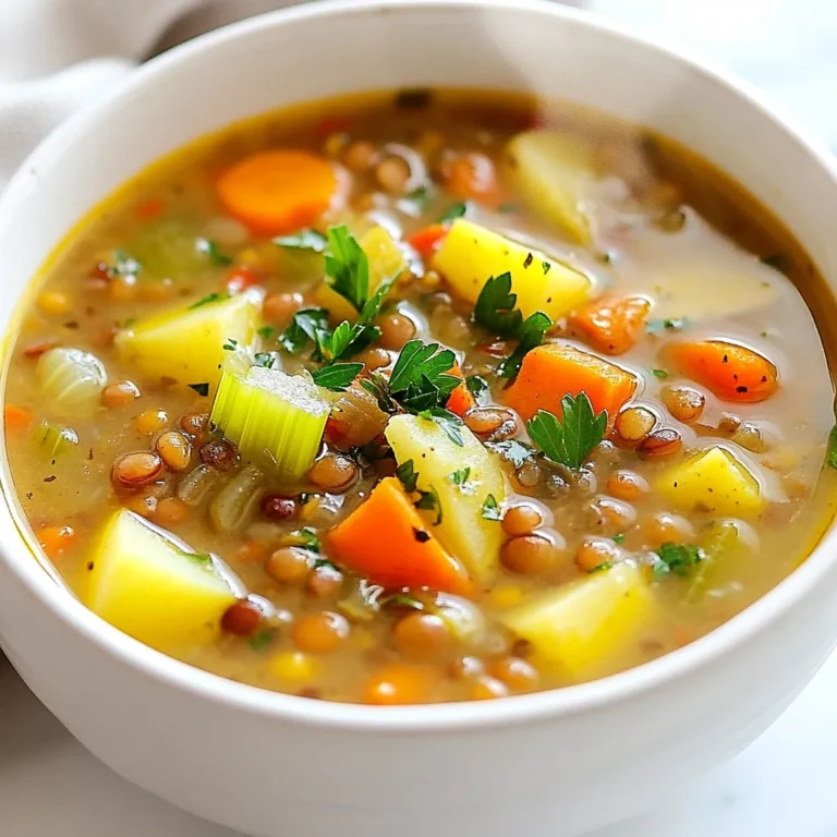 - 1 cup green or brown lentils, rinsed - 2 large potatoes, peeled and diced - 1 medium onion, chopped - 2 cloves garlic, minced - 2 carrots, diced - 2 celery stalks, diced - 4 cups vegetable broth Lentils are the star of this soup. They bring protein and fiber. I love using green or brown lentils because they hold their shape well. Potatoes add creaminess and heartiness. Always peel and dice them into small cubes. They cook evenly and blend well. Onions and garlic give a nice base flavor. Chop the onion finely and mince the garlic. Carrots and celery add sweetness and crunch. Dice them up small for quick cooking. Vegetable broth adds depth. Use a good quality broth for the best taste. - 1 teaspoon ground cumin - 1 teaspoon dried thyme - 1/2 teaspoon smoked paprika - Salt and pepper to taste - 2 tablespoons olive oil Seasonings play a huge role in flavor. Ground cumin adds warmth. Dried thyme gives a fresh, earthy taste. Smoked paprika adds a hint of smokiness. Always adjust salt and pepper to your liking. Olive oil is perfect for sautéing. It adds richness to the soup. - 2 tablespoons fresh parsley, chopped Fresh parsley is a simple yet bright garnish. It adds color and a fresh taste. Just chop it finely and sprinkle on top before serving. This tiny touch makes the dish look more inviting. {{ingredient_image_1}} First, heat 2 tablespoons of olive oil in a large pot over medium heat. You want the oil warm, not smoking. Next, add 1 medium chopped onion. Sauté for 3-4 minutes until it turns translucent. This step builds a strong flavor base for your soup. Then, stir in 2 minced cloves of garlic, 2 diced carrots, and 2 diced celery stalks. Cook these veggies for about 4-5 minutes. They should soften nicely and release their wonderful aroma. After the base is ready, it's time for the stars of the show. Add 2 large peeled and diced potatoes and 1 cup of rinsed green or brown lentils to the pot. Stir everything together to mix well. Now, pour in 4 cups of vegetable broth. This is where the magic begins. The broth will bring all the flavors together and create a comforting soup. Bring the mixture to a boil over high heat. Once it bubbles, reduce the heat to low. Add 1 teaspoon of ground cumin, 1 teaspoon of dried thyme, and 1/2 teaspoon of smoked paprika. Season with salt and pepper to taste. Cover the pot and let the soup simmer for about 30-35 minutes. This allows the lentils and potatoes to become tender. If you want a creamier texture, use an immersion blender to puree part of the soup. Otherwise, serve it chunky for a heartier bite. Enjoy your warm bowl of comfort! To make your lentil potato soup taste great, adjust the seasonings to fit your taste. Start with salt and pepper. You can add more cumin or thyme if you like. Fresh herbs, like parsley, can enhance the flavor. Toss them in right before serving for a burst of freshness. For a creamier soup, puree a portion with an immersion blender. If you want a chunkier soup, leave it as is. Cooking time affects the softness of the lentils. For softer lentils, simmer longer. Keep an eye on them so they don’t turn mushy. Sautéing the onion, garlic, carrots, and celery builds flavor. Cook them until soft and fragrant. Rinsing the lentils is important. It removes dirt and helps with cooking. This small step makes a big difference in your soup's taste. Pro Tips Rinse Lentils: Always rinse lentils before cooking to remove any debris or dust, ensuring a cleaner and more pleasant soup. Adjust Consistency: If you prefer a creamier texture, blend a portion of the soup with an immersion blender, but leave some chunks for a hearty feel. Herb Variations: Feel free to experiment with different herbs like rosemary or basil to customize the flavor profile of your soup. Make it a Meal: Add cooked sausage or additional vegetables for a more filling dish that can serve as a complete meal. {{image_2}} You can swap out regular potatoes for sweet potatoes. Sweet potatoes add a nice sweetness and extra nutrients. You can also try different lentil types like red or yellow lentils. Each type has its own flavor and texture. If you want more protein, try adding diced ham or bacon. This adds a smoky flavor that works well with the soup. You can also use beans like kidney or black beans. Beans are a great plant-based protein option. Want to spice things up? Experiment with curry powder or chili flakes for heat. These spices will change the soup's flavor and make it more exciting. You can also add fresh herbs like basil or cilantro. Fresh herbs will brighten the dish and add freshness. Store leftovers in airtight containers. Glass or plastic containers work well. Make sure the soup cools down before sealing. This helps keep the soup fresh longer. When stored properly, lentil potato soup lasts up to five days in the fridge. To freeze the soup, let it cool completely first. Then, pour it into freezer-safe bags or containers. Leave some space at the top for expansion. When you want to eat it, take it out and thaw it in the fridge overnight. For quick thawing, you can place the bag in cold water. Reheat it in a pot over low heat or in the microwave until hot. Lentil potato soup can last up to five days in the fridge. If you notice any off smells or unusual colors, it's best to toss it out. Also, if the soup separates or looks curdled, these are signs of spoilage. Always trust your senses when it comes to food safety. Yes, this soup is inherently vegan-friendly. It uses vegetables and lentils as main ingredients. You don’t need any animal products to enjoy its rich flavor. This makes it a great choice for everyone. Use certified gluten-free vegetable broth. This ensures you avoid gluten-related issues. Always check labels to be safe. You can enjoy a tasty meal without worry. I recommend serving it with warm bread or a fresh salad. A crusty loaf complements the soup well. A light salad adds crunch and freshness. Both options enhance your meal experience. Yes, many vegetables work well in this soup. You can add spinach, kale, or bell peppers. Zucchini and green beans also fit nicely. Feel free to mix it up based on what you have at home. This blog post covered how to make a tasty Lentil Potato Soup. We discussed the main ingredients, useful tips, and fun variations. You can tweak the recipe to fit your tastes. Remember, fresh herbs and the right cooking methods can make a big difference. Store any leftovers properly to enjoy later. Feel free to experiment with flavors, making the soup your own. With this guide, you can create a comforting meal that's easy and satisfying. Enjoy the cooking process and the delicious soup that follows!