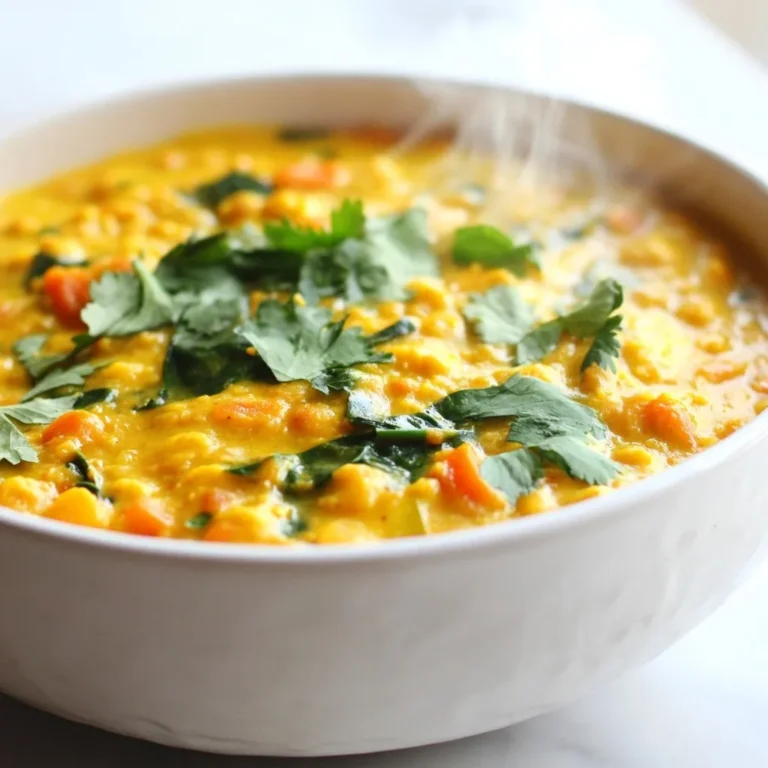 - 1 cup red lentils, rinsed - 1 medium onion, finely chopped - 2 cloves garlic, minced - 1-inch piece fresh ginger, minced - 1 medium carrot, diced - 1 can (14 oz) coconut milk - 1 can (14 oz) diced tomatoes - 2 tablespoons curry powder - 1 teaspoon ground cumin - 1 teaspoon turmeric - 1 cup vegetable broth - 2 tablespoons olive oil - 1 cup spinach, chopped - Salt and pepper to taste - Fresh cilantro for garnish Red lentils are packed with protein and fiber. They help keep you full and satisfied. Coconut milk adds creaminess and healthy fats. It also brings a rich flavor to the dish. Spinach is a great source of vitamins and minerals. It boosts the nutritional value of your meal. Curry powder contains spices like turmeric and cumin. These spices add flavor and have health benefits. Turmeric has anti-inflammatory properties. Cumin aids digestion. Using fresh garlic and ginger adds antioxidants to the dish. They also enhance the taste with their zest. When buying red lentils, look for a vibrant color. They should be dry and free from moisture. Check onions for firmness and a dry outer layer. Choose garlic bulbs that are plump and firm. Fresh ginger should feel smooth and have a strong aroma. For carrots, pick ones that are bright and firm without spots. Always choose coconut milk with a good fat content. This helps create a rich and creamy texture. Check canned tomatoes for low sodium to keep the dish healthy. Lastly, buy fresh spinach that looks bright green without wilting. These tips will ensure your curry is tasty and nutritious. {{ingredient_image_1}} 1. Start by heating 2 tablespoons of olive oil in a large pot over medium heat. 2. Add 1 finely chopped onion. Sauté it until it turns translucent, which takes about 5 minutes. 3. Next, stir in 2 minced garlic cloves and 1-inch piece of minced ginger. Cook for 1-2 minutes until you smell their aroma. 4. Add 1 diced medium carrot to the pot. Sauté for another 3-4 minutes until it softens. 5. Now, sprinkle in 2 tablespoons of curry powder, 1 teaspoon of ground cumin, and 1 teaspoon of turmeric. Stir well for 1 minute to coat the veggies. 6. Pour in 1 cup of rinsed red lentils, 1 can of diced tomatoes, and 1 can of coconut milk. Mix everything until it’s combined. 7. Add 1 cup of vegetable broth and bring the mix to a boil. Once it bubbles, reduce the heat to low. 8. Let it simmer uncovered for 20-25 minutes. Stir occasionally until the lentils become tender. 9. After cooking, fold in 1 cup of chopped spinach and cook for 5 more minutes until it wilts. 10. Finally, season with salt and pepper to your liking. Remove the pot from heat. Serve warm and top with fresh cilantro. - Don’t skip rinsing the lentils. This helps remove any debris. - Avoid cooking on high heat. It can burn the bottom and ruin the flavor. - Stir regularly to prevent sticking. This keeps the lentils from burning. - Don’t forget to taste. Adjust the seasoning to your liking. - When the onion is soft and translucent, that’s a cue to add garlic and ginger. - After adding spices, you should smell their strong aroma. This means they are ready. - When the lentils are tender and creamy, that tells you they are properly cooked. - The spinach should turn bright green and wilted when it's fully cooked. To boost flavor, start with fresh spices. Fresh curry powder, cumin, and turmeric make a big difference. Always toast your spices in oil before adding other ingredients. This step wakes up their aromas. I love adding a splash of lime juice at the end. It adds brightness and balances the dish. Fresh cilantro as a garnish brings a lovely finish too. Using the right tools will make cooking easier. A sharp chef's knife helps with chopping the onion and carrot. A sturdy cutting board is a must. I recommend a heavy-bottomed pot for even cooking. This pot prevents burning and ensures even heat. A wooden spoon is great for stirring without scratching the pot. Lastly, a measuring cup and spoons help keep your recipe precise. To adjust the spice level, add more or less curry powder. If you want it spicier, include a pinch of cayenne pepper or red chili flakes. For milder curry, reduce the spices slightly. Always taste as you go. This way, you can find the perfect balance. Add salt at the end for the best flavor. It enhances the dish without overpowering it. Pro Tips Rinse Lentils Thoroughly: Rinsing the lentils helps remove any debris and prevents them from becoming mushy during cooking. Customize Spice Level: Adjust the amount of curry powder and spices according to your taste for a milder or spicier dish. Add Extra Veggies: Feel free to include additional vegetables like bell peppers or peas for added nutrition and flavor. Serve with a Side: This curry pairs wonderfully with rice, quinoa, or flatbreads for a complete meal experience. {{image_2}} You can switch up the flavors in your red lentil curry. Try using sweet potatoes instead of carrots. They add a nice sweetness and creaminess. You can also add a splash of lime juice for a zesty kick. If you want more heat, add diced jalapeños or red pepper flakes. For a smoky flavor, mix in some smoked paprika. You can play with spices too. Try garam masala or coriander for a different twist. To make your curry heartier, add protein-rich foods. Chickpeas are a great choice. They add a nice texture and soak up the curry flavors well. Tofu is another good option. Just cube it and toss it in during the cooking process. For veggies, consider bell peppers or zucchini. They add color and crunch. You can also use kale instead of spinach for a stronger taste. Serving your red lentil curry can be fun! Try it over fluffy rice or quinoa for a filling meal. You can also serve it with warm naan bread. It’s perfect for scooping up the curry. For a lighter meal, serve it with a fresh salad. A cucumber salad with mint pairs wonderfully. Don’t forget to top with fresh cilantro for a pop of color and flavor! To freeze vegan red lentil curry, let it cool completely. Use airtight containers or freezer bags. Portion the curry for easy meals later. When ready to eat, thaw it in the fridge overnight. Reheat it gently on the stove or in the microwave. Stir it well to avoid hot spots. You can store the curry in the fridge for up to five days. Keep it in a sealed container to maintain freshness. If you notice any off smells, it’s best to discard it. For longer storage, freeze it. It can last for up to three months in the freezer. Leftover curry is versatile! You can use it as a filling for wraps or tacos. Serve it over rice or quinoa for a hearty meal. Add it to soups for extra flavor. You can also blend it into a creamy dip for veggies. The options are endless! You can use almond milk or soy milk instead of coconut milk. These options will change the flavor slightly, but they still work well. You can also try cashew cream for a richer texture. If you want a creamier taste, blend soaked cashews with water. This gives a nice base for the curry. Vegan red lentil curry lasts about 4 to 5 days in the fridge. Store it in an airtight container to keep it fresh. If you want to keep it longer, consider freezing it. It can last up to 3 months in the freezer. Just thaw it in the fridge before reheating. Yes, you can use other types of lentils, but they may cook differently. Green and brown lentils are great options. They take longer to cook but add a nice texture. Black lentils also work, but they may change the look of the dish. Adjust the cooking time based on the lentils you choose. You now have everything you need to make the best vegan red lentil curry. We discussed key ingredients and their nutrition. You learned cooking steps and how to avoid common mistakes. Flavor tips and suggested tools will make your meal even better. Variations allow you to try new tastes, while storage tips help you keep leftovers fresh. With these insights, you can cook a delicious curry that suits your style and taste. Enjoy your cooking adventure!