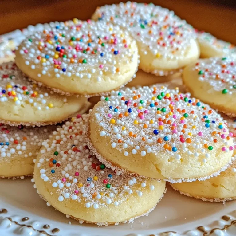 To make perfect sugar cookies, gather these simple ingredients: - 2 ¾ cups all-purpose flour - 1 cup unsalted butter, softened - 1 ½ cups white sugar - 1 egg - 1 teaspoon vanilla extract - 1 teaspoon almond extract - 1 teaspoon baking soda - ½ teaspoon baking powder - ¾ teaspoon salt - 3 tablespoons granulated sugar (for rolling) - Optional: colored sprinkles or edible glitter for decoration Each ingredient plays a key role in creating the right texture and flavor. All-purpose flour gives structure to the cookies. It helps them hold their shape as they bake. Unsalted butter adds richness and moisture. Use it softened so it blends well with sugar. White sugar sweetens the dough and helps with browning. The egg binds the ingredients together and adds a nice chew. Vanilla and almond extracts bring depth to the flavor. They make every cookie taste special. Baking soda and baking powder are leavening agents. They help the cookies rise and become fluffy. Salt enhances the sweetness of the cookies. Rolling the dough in extra granulated sugar adds a lovely crunch and sparkle. Feel free to use colored sprinkles or edible glitter for fun decorations. They make your cookies pop! Now that you have your ingredients, you’re ready to start baking these delicious treats. Enjoy the process! {{ingredient_image_1}} First, set your oven to 375°F (190°C). This step helps the cookies bake evenly. While it warms up, line your baking sheets with parchment paper. This will keep the cookies from sticking. Next, take a medium bowl. In this bowl, whisk together 2 ¾ cups of all-purpose flour, 1 teaspoon of baking soda, ½ teaspoon of baking powder, and ¾ teaspoon of salt. Mix well and set the bowl aside. Now, grab a large bowl and an electric mixer. Add 1 cup of softened unsalted butter and 1 ½ cups of white sugar. Beat them together until the mixture is smooth and creamy. This step adds air and makes your cookies light. Add 1 egg into the creamy mixture. Then, pour in 1 teaspoon of vanilla extract and 1 teaspoon of almond extract. Beat everything together until it looks well mixed. These extracts give your cookies a lovely flavor. Take the dry mixture you set aside. Gradually add it to the creamed mixture. Mix until everything is fully combined. This helps your cookies stay soft and not too tough. Now, scoop tablespoon-sized portions of dough. Roll each portion into a ball. Then, roll each ball in 3 tablespoons of granulated sugar. This gives a nice sweet crust when baked. Place the dough balls on the baking sheets, spacing them about 2 inches apart. If you want, flatten them slightly with a fork or a glass. Bake the cookies for 8 to 10 minutes, or until the edges turn golden brown. Once baked, let the cookies cool on the baking sheet for a few minutes. Then, transfer them to wire racks to cool completely. This cooling time allows the cookies to set and become perfect for eating! To get the right texture in your sugar cookies, use room temperature butter. It should be soft but not melted. Cream the butter well with the sugar. This step adds air, making the cookies fluffy. Mix your dry and wet ingredients separately first. Gradually blend them together. Don’t over-mix the dough; just combine until smooth. One common mistake is using cold butter. It will not cream well, and your cookies may turn out flat. Another mistake is skipping the chilling step for the dough. Chilling helps the cookies hold their shape. Also, watch your bake time. Remove the cookies when edges are golden, not brown. Overbaking makes them hard, not soft. Get creative by using colored icing or sprinkles. You can pipe icing on top for designs. Use cookie cutters to make fun shapes. Try seasonal themes for holidays. Place edible glitter on top before baking for sparkle. Dust with powdered sugar after baking for a classic touch. To use edible glitter and sprinkles, add them just before baking. Roll your dough balls in granulated sugar first. Then, add a sprinkle of glitter or sprinkles on top. This gives a nice crunch and look. Be sure to use products labeled "edible." Regular glitter is not safe to eat. Pro Tips Chill the Dough: For thicker cookies, chill the dough in the refrigerator for at least 30 minutes before baking. This helps the cookies maintain their shape and prevents spreading. Experiment with Flavors: Feel free to customize the flavor by adding citrus zest, or substituting different extracts like coconut or peppermint for a unique twist! Check for Doneness: Cookies will appear soft in the center when they are done. They will continue to firm up as they cool, so don't overbake them! Storage Tips: Store cookies in an airtight container at room temperature for up to a week, or freeze them for longer-lasting freshness. {{image_2}} You can easily change the flavor of your sugar cookies. Here are some ideas: - Lemon: Add the zest of one lemon to the dough. This gives a bright, fresh taste. - Chocolate Chip: Fold in 1 cup of chocolate chips to the dough. This adds a rich, sweet flavor. - Almond: Use more almond extract, up to 2 teaspoons. It gives a stronger nutty taste. - Spices: Mix in 1 teaspoon of cinnamon or nutmeg for a warm flavor. Each variation offers a unique twist on the classic sugar cookie. Get creative and try your favorite flavors! Making gluten-free sugar cookies is simple. Just swap the all-purpose flour for a gluten-free blend. Here’s what you need to do: - Use a 1:1 gluten-free flour blend. This works well in most recipes. - Ensure your baking soda and baking powder are gluten-free. - Check all other ingredients for gluten-free labeling. You won't lose any taste or texture. Your gluten-free friends will love these cookies! Sugar cookies are perfect for any holiday or event. Here are some fun ideas: - Christmas: Use cookie cutters to make stars, trees, or ornaments. Decorate with colored icing and sprinkles. - Valentine’s Day: Cut out hearts and decorate with pink icing and red sprinkles. - Halloween: Make spooky shapes like ghosts and pumpkins. Use black and orange icing for a festive touch. - Birthdays: Create fun shapes like balloons or cakes. Add bright icing and colorful sprinkles. These themed cookies add joy to every celebration. You can personalize them to fit any theme! To keep your sugar cookies fresh, store them in an airtight container. Place a piece of parchment paper between layers to avoid sticking. This helps the cookies stay soft and tasty. You can also add a slice of bread to keep them moist. Bread absorbs moisture and helps keep your cookies from drying out. Freezing sugar cookie dough is simple and smart. First, scoop the dough into balls and place them on a baking sheet. Freeze the balls for about an hour. Once firm, transfer the dough balls to a freezer-safe bag. Label the bag with the date and type of cookie. When you are ready to bake, just take out the dough and let it thaw for about 10 minutes before baking. Baked sugar cookies can last about one week when stored properly. Keep them in an airtight container at room temperature. If you want to keep them longer, you can freeze them. Baked cookies can last up to three months in the freezer. Just remember to wrap them well to prevent freezer burn. Sugar cookies get their soft and chewy texture from a few key ingredients. First, using unsalted butter adds moisture. The right balance of baking soda and baking powder helps the cookies rise but keeps them tender. Also, don’t overmix the dough. This keeps the cookies light and airy. For the best results, bake them until the edges are just golden. This will give you that perfect soft center. To stop cookies from spreading, chill your dough for about 30 minutes before baking. This firms up the butter, making it less likely to melt too fast in the oven. Another tip is to use parchment paper on your baking sheets. It acts as a barrier and helps keep the shape. Make sure you measure your flour correctly. Too little flour can lead to spreading as well. Yes, you can use brown sugar instead of white sugar. Brown sugar adds a hint of caramel flavor and moisture, making cookies chewier. If you want a mix, try using half brown sugar and half white sugar. This will give you a nice balance of flavor and texture. You can add flavor by using extracts or zests. Vanilla and almond extracts are great options. Just a teaspoon each will work well. For a fresh twist, add a bit of lemon or orange zest. Be careful not to add too much liquid. This could alter the dough’s texture. All-purpose flour is the best choice for sugar cookies. It gives the cookies a good structure while keeping them tender. You can also use cake flour for a lighter texture. Just remember, if you switch flours, you may need to adjust the amount slightly. You learned how to make sugar cookies from scratch. We covered key ingredients, step-by-step instructions, and helpful tips. Baking cookies can be a fun and rewarding experience. Practice makes perfect, so don't worry if they aren't flawless the first time. Explore flavor variations and creative decorations to make them unique. Store your cookies properly for lasting freshness. Enjoy baking and sharing these treats, as they bring smiles to everyone. Happy baking!