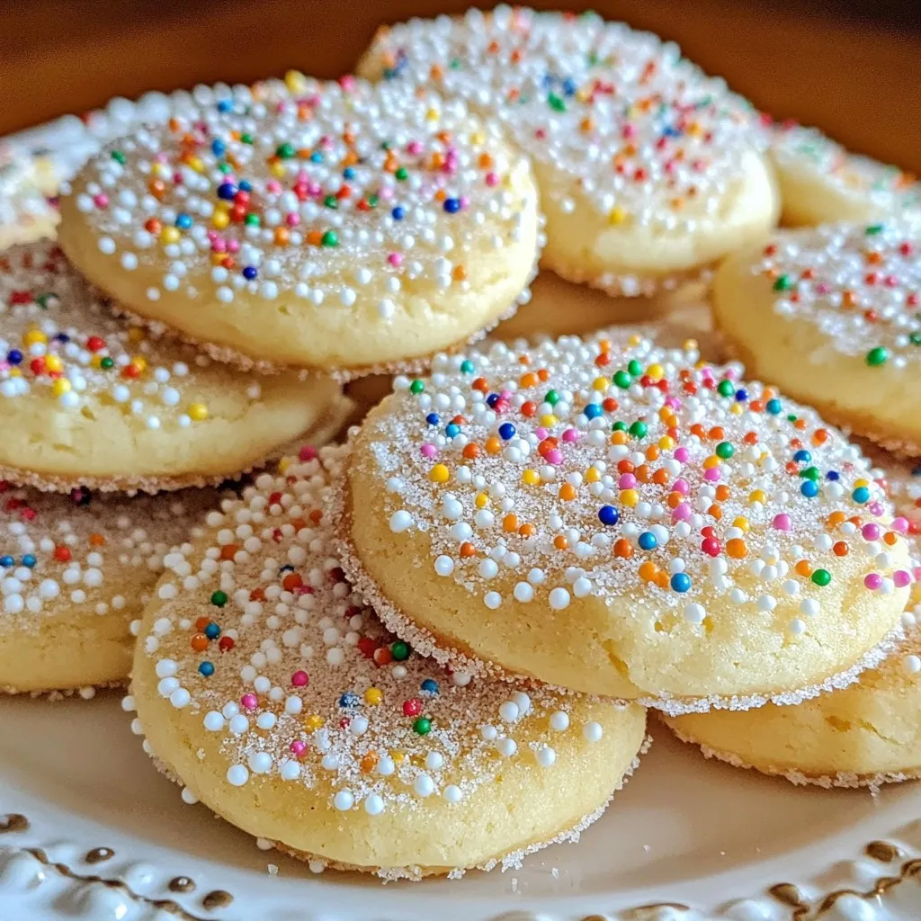To make perfect sugar cookies, gather these simple ingredients: - 2 ¾ cups all-purpose flour - 1 cup unsalted butter, softened - 1 ½ cups white sugar - 1 egg - 1 teaspoon vanilla extract - 1 teaspoon almond extract - 1 teaspoon baking soda - ½ teaspoon baking powder - ¾ teaspoon salt - 3 tablespoons granulated sugar (for rolling) - Optional: colored sprinkles or edible glitter for decoration Each ingredient plays a key role in creating the right texture and flavor. All-purpose flour gives structure to the cookies. It helps them hold their shape as they bake. Unsalted butter adds richness and moisture. Use it softened so it blends well with sugar. White sugar sweetens the dough and helps with browning. The egg binds the ingredients together and adds a nice chew. Vanilla and almond extracts bring depth to the flavor. They make every cookie taste special. Baking soda and baking powder are leavening agents. They help the cookies rise and become fluffy. Salt enhances the sweetness of the cookies. Rolling the dough in extra granulated sugar adds a lovely crunch and sparkle. Feel free to use colored sprinkles or edible glitter for fun decorations. They make your cookies pop! Now that you have your ingredients, you’re ready to start baking these delicious treats. Enjoy the process! {{ingredient_image_1}} First, set your oven to 375°F (190°C). This step helps the cookies bake evenly. While it warms up, line your baking sheets with parchment paper. This will keep the cookies from sticking. Next, take a medium bowl. In this bowl, whisk together 2 ¾ cups of all-purpose flour, 1 teaspoon of baking soda, ½ teaspoon of baking powder, and ¾ teaspoon of salt. Mix well and set the bowl aside. Now, grab a large bowl and an electric mixer. Add 1 cup of softened unsalted butter and 1 ½ cups of white sugar. Beat them together until the mixture is smooth and creamy. This step adds air and makes your cookies light. Add 1 egg into the creamy mixture. Then, pour in 1 teaspoon of vanilla extract and 1 teaspoon of almond extract. Beat everything together until it looks well mixed. These extracts give your cookies a lovely flavor. Take the dry mixture you set aside. Gradually add it to the creamed mixture. Mix until everything is fully combined. This helps your cookies stay soft and not too tough. Now, scoop tablespoon-sized portions of dough. Roll each portion into a ball. Then, roll each ball in 3 tablespoons of granulated sugar. This gives a nice sweet crust when baked. Place the dough balls on the baking sheets, spacing them about 2 inches apart. If you want, flatten them slightly with a fork or a glass. Bake the cookies for 8 to 10 minutes, or until the edges turn golden brown. Once baked, let the cookies cool on the baking sheet for a few minutes. Then, transfer them to wire racks to cool completely. This cooling time allows the cookies to set and become perfect for eating! To get the right texture in your sugar cookies, use room temperature butter. It should be soft but not melted. Cream the butter well with the sugar. This step adds air, making the cookies fluffy. Mix your dry and wet ingredients separately first. Gradually blend them together. Don’t over-mix the dough; just combine until smooth. One common mistake is using cold butter. It will not cream well, and your cookies may turn out flat. Another mistake is skipping the chilling step for the dough. Chilling helps the cookies hold their shape. Also, watch your bake time. Remove the cookies when edges are golden, not brown. Overbaking makes them hard, not soft. Get creative by using colored icing or sprinkles. You can pipe icing on top for designs. Use cookie cutters to make fun shapes. Try seasonal themes for holidays. Place edible glitter on top before baking for sparkle. Dust with powdered sugar after baking for a classic touch. To use edible glitter and sprinkles, add them just before baking. Roll your dough balls in granulated sugar first. Then, add a sprinkle of glitter or sprinkles on top. This gives a nice crunch and look. Be sure to use products labeled "edible." Regular glitter is not safe to eat. Pro Tips Chill the Dough: For thicker cookies, chill the dough in the refrigerator for at least 30 minutes before baking. This helps the cookies maintain their shape and prevents spreading. Experiment with Flavors: Feel free to customize the flavor by adding citrus zest, or substituting different extracts like coconut or peppermint for a unique twist! Check for Doneness: Cookies will appear soft in the center when they are done. They will continue to firm up as they cool, so don't overbake them! Storage Tips: Store cookies in an airtight container at room temperature for up to a week, or freeze them for longer-lasting freshness. {{image_2}} You can easily change the flavor of your sugar cookies. Here are some ideas: - Lemon: Add the zest of one lemon to the dough. This gives a bright, fresh taste. - Chocolate Chip: Fold in 1 cup of chocolate chips to the dough. This adds a rich, sweet flavor. - Almond: Use more almond extract, up to 2 teaspoons. It gives a stronger nutty taste. - Spices: Mix in 1 teaspoon of cinnamon or nutmeg for a warm flavor. Each variation offers a unique twist on the classic sugar cookie. Get creative and try your favorite flavors! Making gluten-free sugar cookies is simple. Just swap the all-purpose flour for a gluten-free blend. Here’s what you need to do: - Use a 1:1 gluten-free flour blend. This works well in most recipes. - Ensure your baking soda and baking powder are gluten-free. - Check all other ingredients for gluten-free labeling. You won't lose any taste or texture. Your gluten-free friends will love these cookies! Sugar cookies are perfect for any holiday or event. Here are some fun ideas: - Christmas: Use cookie cutters to make stars, trees, or ornaments. Decorate with colored icing and sprinkles. - Valentine’s Day: Cut out hearts and decorate with pink icing and red sprinkles. - Halloween: Make spooky shapes like ghosts and pumpkins. Use black and orange icing for a festive touch. - Birthdays: Create fun shapes like balloons or cakes. Add bright icing and colorful sprinkles. These themed cookies add joy to every celebration. You can personalize them to fit any theme! To keep your sugar cookies fresh, store them in an airtight container. Place a piece of parchment paper between layers to avoid sticking. This helps the cookies stay soft and tasty. You can also add a slice of bread to keep them moist. Bread absorbs moisture and helps keep your cookies from drying out. Freezing sugar cookie dough is simple and smart. First, scoop the dough into balls and place them on a baking sheet. Freeze the balls for about an hour. Once firm, transfer the dough balls to a freezer-safe bag. Label the bag with the date and type of cookie. When you are ready to bake, just take out the dough and let it thaw for about 10 minutes before baking. Baked sugar cookies can last about one week when stored properly. Keep them in an airtight container at room temperature. If you want to keep them longer, you can freeze them. Baked cookies can last up to three months in the freezer. Just remember to wrap them well to prevent freezer burn. Sugar cookies get their soft and chewy texture from a few key ingredients. First, using unsalted butter adds moisture. The right balance of baking soda and baking powder helps the cookies rise but keeps them tender. Also, don’t overmix the dough. This keeps the cookies light and airy. For the best results, bake them until the edges are just golden. This will give you that perfect soft center. To stop cookies from spreading, chill your dough for about 30 minutes before baking. This firms up the butter, making it less likely to melt too fast in the oven. Another tip is to use parchment paper on your baking sheets. It acts as a barrier and helps keep the shape. Make sure you measure your flour correctly. Too little flour can lead to spreading as well. Yes, you can use brown sugar instead of white sugar. Brown sugar adds a hint of caramel flavor and moisture, making cookies chewier. If you want a mix, try using half brown sugar and half white sugar. This will give you a nice balance of flavor and texture. You can add flavor by using extracts or zests. Vanilla and almond extracts are great options. Just a teaspoon each will work well. For a fresh twist, add a bit of lemon or orange zest. Be careful not to add too much liquid. This could alter the dough’s texture. All-purpose flour is the best choice for sugar cookies. It gives the cookies a good structure while keeping them tender. You can also use cake flour for a lighter texture. Just remember, if you switch flours, you may need to adjust the amount slightly. You learned how to make sugar cookies from scratch. We covered key ingredients, step-by-step instructions, and helpful tips. Baking cookies can be a fun and rewarding experience. Practice makes perfect, so don't worry if they aren't flawless the first time. Explore flavor variations and creative decorations to make them unique. Store your cookies properly for lasting freshness. Enjoy baking and sharing these treats, as they bring smiles to everyone. Happy baking!