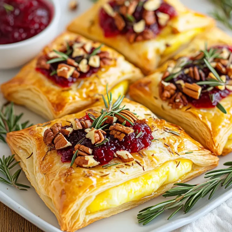 - 1 sheet of puff pastry, thawed - 8 oz Brie cheese, cut into wedges - 1 cup cranberry sauce (store-bought or homemade) - 1/4 cup pecans, chopped - 1 tablespoon fresh rosemary, finely chopped - 1 egg, beaten (for egg wash) - Salt and pepper to taste - Honey for drizzling before serving Puff pastry acts as a light, flaky shell. It puffs up beautifully when baked. Brie cheese melts well and adds rich creaminess. You can use store-bought or homemade cranberry sauce. Homemade sauce is easy and fresh. Pecans add a crunchy texture and nutty flavor. Fresh rosemary brings a lovely aroma and taste. The egg wash gives the pastry a shiny, golden finish. You can drizzle honey on top for extra sweetness. {{ingredient_image_1}} 1. Preheat your oven to 400°F (200°C). This helps the pastry rise well. 2. Line a baking sheet with parchment paper. This prevents sticking and makes cleanup easy. 3. Roll out the thawed puff pastry. Use a lightly floured surface to smooth it out. This step helps the pastry get bigger. 4. Place the Brie wedges in the center of the pastry. Leave space around the edges for folding. 5. Spoon cranberry sauce over the Brie. Make it generous so every bite has flavor. 6. Sprinkle chopped pecans and fresh rosemary on top. This adds crunch and aroma. 7. Season lightly with salt and pepper. This enhances the taste of the filling. 8. Fold the pastry edges over the filling. Pinch and pleat the edges to keep everything inside. 9. Brush the surface with the beaten egg. This gives the pastry a lovely golden color. 10. Make small slits on top of the pastry. This allows steam to escape while baking. 1. Place the pastry on the prepared baking sheet. Ensure it sits flat. 2. Bake in the preheated oven for 20-25 minutes. Watch for a puffed and golden brown look. 3. Remove from the oven once baked. Let it cool for a few minutes before slicing. 1. Slice the pastry into wedges. This makes it easy to serve. 2. Arrange on a platter and garnish with fresh rosemary sprigs. This adds a nice touch. 3. Include a small bowl of extra cranberry sauce for dipping. This boosts flavor and fun! 4. Drizzle with honey if desired, just before serving. This adds sweetness that balances the cheese. To make great puff pastry, keep it cold. Warm pastry can lose its flakiness. Always thaw it in the fridge. When you roll it out, use a light touch. Too much pressure can flatten the layers. Dust your surface and rolling pin with flour to prevent sticking. This will help the pastry puff up nicely. For that lovely golden color, brush the pastry with a beaten egg. The egg wash gives a shiny finish. Make sure to cover all areas evenly. If you want extra shine, you can add a pinch of salt to the egg before brushing. This small step makes your pastry look more appealing. Want to boost the flavor? You can mix spices into the cranberry sauce, like cinnamon or nutmeg. Add a splash of orange juice for a zesty twist. Chopped herbs like thyme or sage can bring depth to the dish. For those who love sweet, a drizzle of honey before serving adds a nice touch. These enhancements can make your Cranberry Brie Puff Pastry even more special. Pro Tips Chill the Brie: For easier handling, chill the Brie cheese in the refrigerator for about 30 minutes before using. This will help it maintain its shape during baking. Use Fresh Ingredients: Opt for fresh rosemary and homemade cranberry sauce if possible; they enhance the flavor and freshness of the dish. Puff Pastry Handling: When working with puff pastry, handle it gently and avoid overworking it to ensure it puffs up beautifully in the oven. Serving Suggestions: Serve the pastry with a side of crackers or toasted baguette slices for added texture and to soak up the delicious fillings. {{image_2}} You can swap ingredients easily to fit your taste. If you can't find Brie, use Camembert or goat cheese. Both melt well and taste great. Instead of pecans, try walnuts or almonds for a different crunch. You can also replace cranberry sauce with fig jam for a sweet twist. Mix it up with flavors that excite you. Add a slice of pear or apple with the cheese for extra sweetness. If you want a savory touch, try adding caramelized onions. For a hint of spice, mix in a pinch of red pepper flakes. These options bring fresh flavors to your dish. For a lighter option, use a low-fat Brie or a plant-based cheese. You can make this dish gluten-free by using gluten-free puff pastry. If you need a nut-free version, skip the pecans and add sunflower seeds instead. These changes help everyone enjoy this treat, no matter their diet. To store leftover cranberry brie puff pastry, let it cool first. Place the pieces in an airtight container. Keep it in the fridge for up to three days. This helps keep the flavors fresh. If you need to store it longer, consider freezing it. When you want to eat your leftovers, preheat the oven to 350°F (175°C). Place the pastry on a baking sheet. Heat it for about 10-15 minutes. This warms the pastry and keeps it crispy. You can also microwave it, but the pastry may get soft. To freeze cranberry brie puff pastry, wrap it tightly in plastic wrap. Then, place it in a freezer bag. It can last up to three months in the freezer. When you want to enjoy it, let it thaw in the fridge overnight. Then, reheat it in the oven for the best results. Yes, you can! Cream cheese, goat cheese, or cheddar work well. Each cheese gives a unique taste. Cream cheese adds creaminess. Goat cheese is tangy. Cheddar gives a sharp bite. Just remember to adjust the flavors in your dish. You can prepare it a few hours in advance. Assemble the puff pastry with cheese and toppings. Cover it with plastic wrap and store it in the fridge. Bake it when you're ready. If you want, you can also freeze it. Just make sure to thaw it in the fridge before baking. This dish pairs great with fresh fruit, nuts, and crackers. You can serve it with apple slices or grapes. A side of mixed nuts adds a nice crunch. For a fun twist, try some toasted baguette slices. They all enhance the flavors and make a great spread! This blog post covered all the steps to make a great Cranberry Brie Puff Pastry. We explored the key ingredients, detailed preparation steps, and baking instructions. I shared tips for perfecting the pastry and delicious variations to try. Storage tips ensure your leftovers stay fresh. Enjoy getting creative in the kitchen and impressing your friends with this tasty dish! You now have all the tools to succeed. Happy baking!