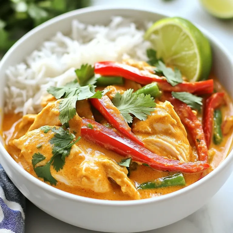 - 1.5 lbs boneless, skinless chicken thighs - 1 can (14 oz) coconut milk - 1 cup chicken broth - 2 tablespoons red curry paste - 1 tablespoon fresh ginger, grated - 2 cloves garlic, minced - 1 red bell pepper, sliced - 1 cup green beans, trimmed and cut - 1 medium onion, sliced - 2 tablespoons soy sauce (or tamari for gluten-free) - 1 teaspoon turmeric - Salt and pepper to taste - Fresh cilantro, for garnish - Lime wedges, for serving This dish uses simple and fresh ingredients. The chicken thighs give a tender bite. Coconut milk adds creaminess and a hint of sweetness. Red curry paste brings heat and depth. Fresh ginger and garlic are key to the flavor. They add warmth and fragrance. The red bell pepper and green beans provide crunch and color. Onion rounds out the dish with its sweetness. Soy sauce or tamari enhances the umami taste. Turmeric adds a golden color and earthiness. Salt and pepper balance all the flavors. Cilantro and lime juice brighten the dish when served. These ingredients come together in a way that makes each bite exciting. They create a comforting meal that you and your family will love. {{ingredient_image_1}} First, we need to prepare the chicken thighs. Pat them dry with a paper towel. Then, season them with salt and pepper. Place the seasoned chicken at the bottom of the crockpot. This step ensures the chicken absorbs all the flavors from the sauce and veggies. Next, we will make the coconut curry sauce. In a mixing bowl, combine the coconut milk, chicken broth, red curry paste, grated ginger, minced garlic, soy sauce, and turmeric. Whisk these ingredients until they blend well. This sauce is the heart of the dish. Pour the coconut curry mixture over the chicken in the crockpot. The chicken will soak up this rich and tasty sauce. Now, let’s incorporate the veggies. Add the sliced red bell pepper, green beans, and onion on top of the chicken. Stir gently to mix everything. Make sure the vegetables are coated in the curry sauce. Cover the crockpot and set it to cook. For low heat, cook for 6-8 hours. If you use high heat, cook for 3-4 hours. The chicken should be tender and well-cooked. Once the chicken is done, it’s time to shred it. Use two forks to shred the chicken in the pot. Mix everything well, so the flavors combine. Taste the dish and adjust seasoning if needed. Serve the coconut curry hot over rice or quinoa. Don’t forget to garnish with fresh cilantro and a squeeze of lime juice. This adds a fresh touch to your meal. Enjoy! To make your dish pop, taste it after cooking. You might need to add more salt or pepper. If you like heat, add chili flakes to spice things up. It gives a nice kick. You want your chicken to be tender and juicy. Cook it on low for 6-8 hours. If you're short on time, use the high setting for 3-4 hours. Check if it's done by shredding it with a fork. If it pulls apart easily, it's ready! For a beautiful finish, garnish with fresh cilantro. It adds a nice green touch and fresh flavor. Serve with lime wedges on the side. A squeeze of lime brightens the dish and makes it even better. Pro Tips Use Fresh Ingredients: Always opt for fresh vegetables and herbs for the best flavor. Fresh cilantro and ginger can elevate the dish significantly. Adjust Spice Level: If you prefer a milder curry, reduce the amount of red curry paste. You can always add more later if you want extra heat. Thicken the Sauce: For a thicker curry, you can add a tablespoon of cornstarch mixed with water during the last 30 minutes of cooking. Leftover Magic: This curry tastes even better the next day! Store leftovers in the fridge and reheat for a quick meal. {{image_2}} You can switch chicken thighs for chicken breast. Chicken breast is leaner, but it can dry out faster. Cook it on low for the best results. If you want a vegetarian option, you can use tofu. Firm tofu works best. Just press it first to remove extra water. Cut it into cubes and add it like you would chicken. Feel free to add other vegetables. Carrots add sweetness and color, while peas add a nice pop of green. You can also try different bell pepper colors. Yellow or orange bell peppers can brighten the dish visually and taste-wise. Mix and match based on what you have at home. You can make a peanut curry sauce for a new twist. Simply add peanut butter to the coconut milk mixture. It adds creaminess and a nutty flavor. If you want a richer taste, add coconut cream. This makes the curry even more decadent and smooth. To store leftovers in the fridge, let the curry cool first. Place the curry in an airtight container. You can keep it in the fridge for up to three days. Be sure to cover it well to keep it fresh. When ready to eat, just open the container and enjoy. Best practices for freezing curry include using a freezer-safe container. Divide the curry into portions for easy use. Make sure to leave some space at the top of the container. This allows for expansion as the curry freezes. You can freeze it for up to three months. Label the container with the date, so you remember when you made it. To reheat without losing flavor or texture, you can use a few methods. The best way is to thaw it overnight in the fridge. Then, warm it in a pot over low heat. Stir often to keep it from sticking. You can also microwave it in a bowl, covered with a paper towel. This helps keep the moisture in. Make sure it’s heated all the way through before serving. It takes about 6 to 8 hours on low heat. If you are short on time, you can cook it on high for 3 to 4 hours. Your chicken should be tender and cooked through when ready. Yes, you can make this dish gluten-free. Just use tamari instead of regular soy sauce. Tamari is a gluten-free soy sauce that works great in this recipe. You can serve this dish with rice or quinoa. Both options soak up the curry flavor well. You can also add a side salad or steamed vegetables for extra nutrients. This blog post shared a simple and tasty way to make coconut curry chicken in a crockpot. You learned about the main ingredients, which include chicken thighs and coconut milk. We covered how to prepare the chicken and the curry sauce, plus tips to enhance flavor and texture. You can even try different proteins and veggies. Store and reheat leftovers easily for more delicious meals. Remember, cooking should be fun and enjoyable, so get creative! Your kitchen is a place for great flavors and new ideas to shine.