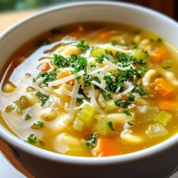 To make Classic Pastina Soup, you will need the following ingredients: - 1 cup pastina (tiny pasta) - 4 cups chicken broth (or vegetable broth for a vegetarian option) - 1 carrot, diced - 1 celery stalk, diced - 1 small onion, finely chopped - 2 cloves garlic, minced - 1 tablespoon olive oil - 1 teaspoon dried thyme - Salt and black pepper to taste Each ingredient adds a special touch to the soup. The pastina gives it a comforting feel. The broth, whether chicken or vegetable, forms the base. The diced carrot and celery add sweet and crisp notes. The onion and garlic bring depth and warmth to the flavor. While the soup is delightful on its own, adding garnishes can elevate it. Here are some tasty options: - Fresh parsley, chopped - Grated Parmesan cheese Fresh parsley adds a pop of color and freshness. Parmesan cheese brings a rich, savory taste. You can skip these garnishes if you prefer a simpler soup. You can easily swap some ingredients based on what you have or prefer. Here are some ideas: - Use quinoa or rice instead of pastina for a gluten-free option. - Swap chicken broth for vegetable broth to keep it vegetarian. - Try leeks or shallots in place of onion for a milder flavor. - Use any herbs you have, like basil or oregano, instead of thyme. These substitutions can give your soup a new twist while keeping it comforting and delicious. Feel free to get creative! {{ingredient_image_1}} First, gather all your ingredients. You will need: - 1 cup pastina (tiny pasta) - 4 cups chicken broth (or vegetable broth) - 1 carrot, diced - 1 celery stalk, diced - 1 small onion, finely chopped - 2 cloves garlic, minced - 1 tablespoon olive oil - 1 teaspoon dried thyme - Salt and black pepper to taste - Fresh parsley, chopped (for garnish) - Grated Parmesan cheese (optional) Having everything ready will make cooking easier. Chop the onion, carrot, and celery into small pieces. Mince the garlic too. This step is key to getting flavors right. Next, heat your olive oil in a large pot over medium heat. Add the chopped onion, carrot, and celery. Sauté them for about 5 minutes. You want them to soften but not brown. Stir often to make sure they cook evenly. After the vegetables soften, add the minced garlic and dried thyme. Cook for another 1-2 minutes. This will make your kitchen smell amazing. The garlic and thyme release their flavors, adding depth to your soup. Now, pour in the chicken broth. Bring the mix to a gentle boil. Once boiling, reduce the heat to low. It’s time to add the pastina. Cook the pasta for about 6-8 minutes. Stir occasionally to prevent sticking. After the pastina is tender, season the soup with salt and black pepper to taste. If you like, add a splash of lemon juice for a fresh kick. Ladle the soup into bowls. Garnish with fresh parsley and a sprinkle of grated Parmesan cheese, if you choose. Serve hot and enjoy your comforting bowl of classic pastina soup! To make your pastina soup pop, use great seasonings. Start with salt and black pepper. They add basic but needed flavor. I like to add a splash of lemon juice. It brightens the soup and wakes up your taste buds. You can also use fresh herbs like thyme and parsley. Fresh herbs taste better than dried ones. If you want more kick, add a pinch of red pepper flakes. Pastina should be soft but not mushy. Follow the cooking time on the package. I find that 6-8 minutes works best. Stir the soup often to keep the pasta from sticking. If the soup gets too thick, add more broth or water. This keeps it nice and light. A drizzle of olive oil at the end adds a silky touch too. For a creamier texture, try adding a splash of cream or milk. This makes the soup smooth and rich. You can also blend a portion of the soup. Use a blender or an immersion blender for this. Blend just half for a nice mix of creamy and chunky. Finally, don't forget cheese! Grated Parmesan on top adds flavor and creaminess. Pro Tips Use Homemade Broth: For a richer flavor, consider making your own chicken or vegetable broth. Homemade broth enhances the overall taste of the soup. Perfect Pastina Cooking: Be cautious not to overcook the pastina. It cooks quickly, so check it a minute or two before the package instructions indicate. Herb Variations: Feel free to experiment with fresh herbs like basil or dill instead of thyme for a unique flavor profile that can brighten the soup. Garnish Wisely: Adding a drizzle of good quality olive oil or a squeeze of lemon juice just before serving can elevate the dish and add a fresh finish. {{image_2}} To make a vegetarian version of classic pastina soup, swap the chicken broth for vegetable broth. This change keeps the soup rich and tasty. You can also add more vegetables. Try spinach, zucchini, or peas for extra color and crunch. These veggies cook quickly and blend well with pastina. If you need a gluten-free soup, look for gluten-free pastina. Many brands offer this option now. You can find it in stores or online. Ensure your broth is also gluten-free. This soup remains just as comforting and delicious without gluten. The key is to follow the same steps as the classic recipe. Want to boost the protein content? You have great options. Add cooked chicken, turkey, or even beans. Shredded rotisserie chicken works well. Just stir it in when you add pastina. For a vegetarian option, chickpeas or lentils are perfect. They add protein and fiber. Adjust the cooking time as needed to ensure everything is tender and warm. After enjoying your delicious Classic Pastina Soup, store any leftovers in an airtight container. Let the soup cool to room temperature. Once cooled, seal it tightly and place it in the fridge. It will stay fresh for about three days. This soup tastes even better the next day as the flavors meld together. If you want to keep the soup longer, freezing is a great option. To freeze Classic Pastina Soup, first cool it completely. Then, pour the soup into freezer-safe containers. Leave some space at the top, as liquids expand when they freeze. You can also use freezer bags. Simply lay them flat in the freezer. The soup will be good for up to three months. When you're ready to enjoy the soup again, take it out of the freezer. Thaw it overnight in the fridge. To reheat, pour the soup into a pot over medium heat. Stir it gently, and heat until it's warm. If the soup seems too thick, you can add a splash of broth or water. This will bring back its nice, comforting texture. Enjoy your warm bowl of Classic Pastina Soup! Pastina is a tiny type of pasta. It is small, star-shaped, or round. This pasta cooks quickly and is soft. Many people enjoy it in soups. It blends well with broth and veggies. Pastina makes a great comfort food. It is easy to eat, especially for kids. You can find pastina in most grocery stores. Yes, you can prepare Classic Pastina Soup ahead of time. Make the soup and cool it down. Then, store it in the fridge for up to three days. When you want to eat it, just heat it up. Add a splash of broth if it feels thick. Keep in mind that pastina may soak up some broth when stored. You can boost the soup's nutrition in a few ways. Add more vegetables like spinach or peas. You can also mix in some cooked beans for protein. They add a nice texture. Another option is to use whole grain pastina. This adds fiber and nutrients. Lastly, a sprinkle of seeds or nuts can add crunch and healthy fats. This blog post covered the key steps to making classic pastina soup. We explored essential ingredients and their substitutes, cooking methods, and ways to enhance flavor and texture. You learned about vegetarian and gluten-free options and tips for storing leftovers. Remember, pastina soup can warm your heart and belly. Try these tips to make it your own and enjoy every bowl!