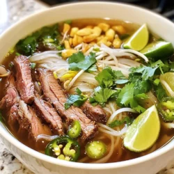 To make a great beef pho, you need key ingredients. Here’s what you will need: - 1 lb beef brisket, thinly sliced - 1 lb beef bones (preferably with marrow) - 8 cups water - 1 onion, halved - 1 ginger root (2 inches), sliced - 2 star anise - 1 teaspoon coriander seeds - 1 cinnamon stick - 2 cloves - 1 tablespoon fish sauce - 1 teaspoon salt - 1 tablespoon sugar - Rice noodles (pho noodles) for serving These ingredients form the base of your flavorful broth. The beef bones add richness, while the spices bring warmth and depth. You can enhance your pho with fresh garnishes. These add flavor and color. Consider these options: - Fresh basil leaves - Bean sprouts - Sliced jalapeños - Lime wedges Adding these fresh toppings lets you customize each bowl. You can mix and match based on your taste. Choosing the right ingredients matters. Here are some tips: - Beef Brisket: Look for bright red meat with good marbling. This gives the broth more flavor. - Beef Bones: Choose bones with marrow for a rich taste. Ask your butcher for help if needed. - Spices: Use whole spices for better flavor. They stay fresh longer and have a stronger taste. - Fresh Herbs: Select vibrant, fragrant herbs. Freshness impacts the overall dish. Quality ingredients elevate your pho. Put in the effort to find the best, and you will taste the difference. {{ingredient_image_1}} To make the broth, start with the beef bones. Place them in a large pot and add the water. Bring this to a boil over high heat. Once it boils, reduce the heat to medium-low. You will see foam rise to the top; skim this off. Let it simmer for about 30 minutes. This helps the broth become clear and rich. After 30 minutes, it’s time to add more flavor. While the broth simmers, you can char the onion and ginger. Take the halved onion and the sliced ginger root. Heat a dry skillet on medium heat. Once hot, add the onion and ginger. Cook them until they turn caramelized and smell great. This step adds depth to your broth. The charred flavors will enhance your pho. After simmering, it’s time to finish your pho. Strain the broth through a fine-mesh sieve. Discard the solid bits. Now, cook the rice noodles according to the package instructions. Drain the noodles and set them aside. To serve, place a handful of noodles in a bowl. Top with slices of raw brisket. The hot broth will cook the meat. Ladle the hot broth over the noodles and brisket. Finally, serve with fresh basil, bean sprouts, sliced jalapeños, and lime wedges. This allows everyone to customize their bowl. Enjoy the warmth of your homemade beef pho! To make the best broth, use beef bones with marrow. Marrow adds richness. Simmer the broth for at least three hours. This helps extract deep flavors. Char the onion and ginger before adding them. This step brings out their sweetness. Don’t rush the simmering process; patience is key. Keep the pot partially covered to trap flavors. Add fish sauce for umami. Adjust salt and sugar to taste. Taste often to find the right balance. One common mistake is not skimming the foam. Skimming helps keep your broth clear. Another mistake is using low-quality beef bones. Always choose bones with marrow for the best flavor. Avoid adding too many spices at once. Less is more when it comes to spices. Too much can overpower your broth. Lastly, don’t skip the resting time for the broth. Letting it sit enhances the flavors. Use a large pot for your broth. A stockpot is ideal for this recipe. A fine-mesh sieve is essential for straining. This helps keep your broth smooth. A skillet works well for charring the onion and ginger. A ladle is great for serving hot broth. Don’t forget a sharp knife for slicing the brisket. A cutting board is also important for safe prep. These tools will make your cooking experience easier and more enjoyable. Pro Tips Use Quality Ingredients: The flavor of your pho largely depends on the quality of the beef and bones you use. Opt for fresh, high-quality cuts to enhance the broth's richness. Char for Depth: Charring the onion and ginger before adding them to the broth adds a deeper flavor profile. Don’t skip this step for a more authentic taste. Adjust Seasoning: Once the broth is strained, taste it and adjust the seasoning as needed. You can add more fish sauce, salt, or sugar to suit your preferences. Customize Your Bowl: Encourage your guests to customize their bowls with fresh herbs, sprouts, and lime. This not only enhances flavor but also adds a vibrant aesthetic to the dish. {{image_2}} You can use many proteins in pho. If you want to try something new, consider chicken or pork. Thin slices of steak work well too. Even shrimp can be a tasty choice. Just remember to adjust the cooking time for each type. Chicken takes less time to cook than beef. Always ensure your protein is tender and flavorful. You can easily make pho without meat. For a vegetarian version, use vegetable broth as your base. Add mushrooms for a rich, umami flavor. Tofu is a great protein source. You can use firm tofu and sauté it for extra flavor. For a vegan option, skip fish sauce and use soy sauce or tamari instead. Load up on fresh veggies like bok choy, carrots, and bell peppers. This way, you get a colorful, satisfying bowl. Pho has many regional twists. In the North of Vietnam, the broth is clear and light. They often use simple herbs like cilantro. In the South, the broth is richer and sweeter, with more spices. You’ll find lots of fresh herbs and bean sprouts on the side. In the Central region, pho can pack a spicy punch. They add chili and extra herbs for a bold flavor. Explore these different styles to find what you love best! After enjoying your beef pho, store leftovers safely. First, cool the broth. Pour it into a container with a lid. Keep the noodles and broth separate. Place them in the fridge. Use the broth within three days. The noodles can last for up to a week. Always label your containers with dates. To reheat your pho, start with the broth. Pour it into a pot. Heat it on medium until it simmers. This helps keep the flavor strong. For noodles, put them in a bowl. Cover them with boiling water for a few minutes. This warms them up without cooking them more. Once both are hot, combine them for a delicious meal. You can freeze pho, but do it right. Freeze the broth in airtight bags. Remove as much air as possible. This keeps it fresh longer. Do not freeze the noodles. They become mushy when thawed. If you want to freeze garnishes, like basil, do it separately. When ready to eat, thaw the broth overnight and reheat. Enjoy your homemade comfort bowl! Pho stands out due to its deep, rich broth. The broth comes from simmering beef bones and spices for hours. Other soups often use quick methods, while Pho takes time. The unique spices, like star anise and cinnamon, create its distinct flavor. The rice noodles are also special; they are flat and chewy, adding a unique texture. Pho is not just a meal; it’s a warm hug in a bowl. Making Authentic Beef Pho takes about three hours in total. You start with 30 minutes of simmering the beef bones to form the broth. After that, you add spices and simmer for 2-3 hours more. While it sounds long, most of it is hands-off cooking. The wait is worth it for that flavorful broth. Plus, you can prep other ingredients during the simmering time. Yes, you can use a slow cooker for this recipe. It’s a great way to develop flavor without constant attention. Start by browning the bones and spices in a skillet, then add them to your slow cooker. Pour in the water and set it on low for 8-10 hours or high for 4-6 hours. This method will still give you a rich broth, though you may miss some depth from the stovetop method. Making authentic beef pho involves key ingredients, careful broth prep, and tasty garnishes. You learned how to pick the best ingredients, avoid common mistakes, and explore fun variations. My final thoughts? Your pho journey can be rewarding and delicious! You can create a dish that warms your soul and impresses your friends. Follow these tips, enjoy the process, and savor every bowl. Now, go on and make some pho magic!
