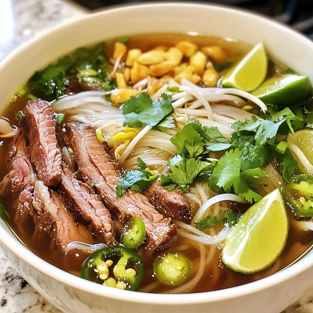 To make a great beef pho, you need key ingredients. Here’s what you will need: - 1 lb beef brisket, thinly sliced - 1 lb beef bones (preferably with marrow) - 8 cups water - 1 onion, halved - 1 ginger root (2 inches), sliced - 2 star anise - 1 teaspoon coriander seeds - 1 cinnamon stick - 2 cloves - 1 tablespoon fish sauce - 1 teaspoon salt - 1 tablespoon sugar - Rice noodles (pho noodles) for serving These ingredients form the base of your flavorful broth. The beef bones add richness, while the spices bring warmth and depth. You can enhance your pho with fresh garnishes. These add flavor and color. Consider these options: - Fresh basil leaves - Bean sprouts - Sliced jalapeños - Lime wedges Adding these fresh toppings lets you customize each bowl. You can mix and match based on your taste. Choosing the right ingredients matters. Here are some tips: - Beef Brisket: Look for bright red meat with good marbling. This gives the broth more flavor. - Beef Bones: Choose bones with marrow for a rich taste. Ask your butcher for help if needed. - Spices: Use whole spices for better flavor. They stay fresh longer and have a stronger taste. - Fresh Herbs: Select vibrant, fragrant herbs. Freshness impacts the overall dish. Quality ingredients elevate your pho. Put in the effort to find the best, and you will taste the difference. {{ingredient_image_1}} To make the broth, start with the beef bones. Place them in a large pot and add the water. Bring this to a boil over high heat. Once it boils, reduce the heat to medium-low. You will see foam rise to the top; skim this off. Let it simmer for about 30 minutes. This helps the broth become clear and rich. After 30 minutes, it’s time to add more flavor. While the broth simmers, you can char the onion and ginger. Take the halved onion and the sliced ginger root. Heat a dry skillet on medium heat. Once hot, add the onion and ginger. Cook them until they turn caramelized and smell great. This step adds depth to your broth. The charred flavors will enhance your pho. After simmering, it’s time to finish your pho. Strain the broth through a fine-mesh sieve. Discard the solid bits. Now, cook the rice noodles according to the package instructions. Drain the noodles and set them aside. To serve, place a handful of noodles in a bowl. Top with slices of raw brisket. The hot broth will cook the meat. Ladle the hot broth over the noodles and brisket. Finally, serve with fresh basil, bean sprouts, sliced jalapeños, and lime wedges. This allows everyone to customize their bowl. Enjoy the warmth of your homemade beef pho! To make the best broth, use beef bones with marrow. Marrow adds richness. Simmer the broth for at least three hours. This helps extract deep flavors. Char the onion and ginger before adding them. This step brings out their sweetness. Don’t rush the simmering process; patience is key. Keep the pot partially covered to trap flavors. Add fish sauce for umami. Adjust salt and sugar to taste. Taste often to find the right balance. One common mistake is not skimming the foam. Skimming helps keep your broth clear. Another mistake is using low-quality beef bones. Always choose bones with marrow for the best flavor. Avoid adding too many spices at once. Less is more when it comes to spices. Too much can overpower your broth. Lastly, don’t skip the resting time for the broth. Letting it sit enhances the flavors. Use a large pot for your broth. A stockpot is ideal for this recipe. A fine-mesh sieve is essential for straining. This helps keep your broth smooth. A skillet works well for charring the onion and ginger. A ladle is great for serving hot broth. Don’t forget a sharp knife for slicing the brisket. A cutting board is also important for safe prep. These tools will make your cooking experience easier and more enjoyable. Pro Tips Use Quality Ingredients: The flavor of your pho largely depends on the quality of the beef and bones you use. Opt for fresh, high-quality cuts to enhance the broth's richness. Char for Depth: Charring the onion and ginger before adding them to the broth adds a deeper flavor profile. Don’t skip this step for a more authentic taste. Adjust Seasoning: Once the broth is strained, taste it and adjust the seasoning as needed. You can add more fish sauce, salt, or sugar to suit your preferences. Customize Your Bowl: Encourage your guests to customize their bowls with fresh herbs, sprouts, and lime. This not only enhances flavor but also adds a vibrant aesthetic to the dish. {{image_2}} You can use many proteins in pho. If you want to try something new, consider chicken or pork. Thin slices of steak work well too. Even shrimp can be a tasty choice. Just remember to adjust the cooking time for each type. Chicken takes less time to cook than beef. Always ensure your protein is tender and flavorful. You can easily make pho without meat. For a vegetarian version, use vegetable broth as your base. Add mushrooms for a rich, umami flavor. Tofu is a great protein source. You can use firm tofu and sauté it for extra flavor. For a vegan option, skip fish sauce and use soy sauce or tamari instead. Load up on fresh veggies like bok choy, carrots, and bell peppers. This way, you get a colorful, satisfying bowl. Pho has many regional twists. In the North of Vietnam, the broth is clear and light. They often use simple herbs like cilantro. In the South, the broth is richer and sweeter, with more spices. You’ll find lots of fresh herbs and bean sprouts on the side. In the Central region, pho can pack a spicy punch. They add chili and extra herbs for a bold flavor. Explore these different styles to find what you love best! After enjoying your beef pho, store leftovers safely. First, cool the broth. Pour it into a container with a lid. Keep the noodles and broth separate. Place them in the fridge. Use the broth within three days. The noodles can last for up to a week. Always label your containers with dates. To reheat your pho, start with the broth. Pour it into a pot. Heat it on medium until it simmers. This helps keep the flavor strong. For noodles, put them in a bowl. Cover them with boiling water for a few minutes. This warms them up without cooking them more. Once both are hot, combine them for a delicious meal. You can freeze pho, but do it right. Freeze the broth in airtight bags. Remove as much air as possible. This keeps it fresh longer. Do not freeze the noodles. They become mushy when thawed. If you want to freeze garnishes, like basil, do it separately. When ready to eat, thaw the broth overnight and reheat. Enjoy your homemade comfort bowl! Pho stands out due to its deep, rich broth. The broth comes from simmering beef bones and spices for hours. Other soups often use quick methods, while Pho takes time. The unique spices, like star anise and cinnamon, create its distinct flavor. The rice noodles are also special; they are flat and chewy, adding a unique texture. Pho is not just a meal; it’s a warm hug in a bowl. Making Authentic Beef Pho takes about three hours in total. You start with 30 minutes of simmering the beef bones to form the broth. After that, you add spices and simmer for 2-3 hours more. While it sounds long, most of it is hands-off cooking. The wait is worth it for that flavorful broth. Plus, you can prep other ingredients during the simmering time. Yes, you can use a slow cooker for this recipe. It’s a great way to develop flavor without constant attention. Start by browning the bones and spices in a skillet, then add them to your slow cooker. Pour in the water and set it on low for 8-10 hours or high for 4-6 hours. This method will still give you a rich broth, though you may miss some depth from the stovetop method. Making authentic beef pho involves key ingredients, careful broth prep, and tasty garnishes. You learned how to pick the best ingredients, avoid common mistakes, and explore fun variations. My final thoughts? Your pho journey can be rewarding and delicious! You can create a dish that warms your soul and impresses your friends. Follow these tips, enjoy the process, and savor every bowl. Now, go on and make some pho magic!