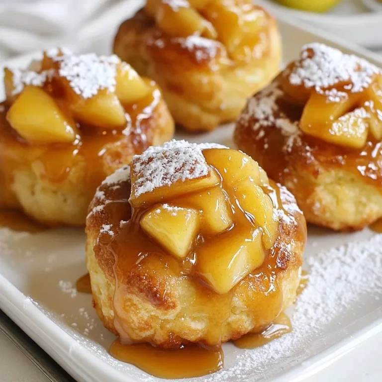 - 1 can refrigerated biscuit dough - 2 medium Granny Smith apples, peeled, cored, and diced - 1/2 cup brown sugar - 1 teaspoon cinnamon - 1/4 teaspoon nutmeg - 1/2 cup caramel sauce - 1 tablespoon butter, melted - 1/4 cup granulated sugar (for sprinkling) - 1 tablespoon flour (for dusting) The key to the perfect Caramel Apple Pie Bombs lies in these simple, fresh ingredients. The biscuit dough provides a flaky, golden crust that holds all the goodness inside. Granny Smith apples add a tart bite that balances the sweetness of the brown sugar and caramel. The spices, cinnamon and nutmeg, bring warmth and depth to the filling. - Powdered sugar for serving - Additional toppings While not necessary, powdered sugar makes these bombs look even more tempting. A light dusting adds a sweet touch and makes them perfect for serving guests. You can also add extra toppings, like nuts or whipped cream, to enhance your dessert experience. These options let you personalize your dish and make it even more special. {{ingredient_image_1}} 1. Preheat the Oven: Set your oven to 375°F (190°C). This helps the bombs bake evenly. 2. Prepare Baking Sheets: Line a baking sheet with parchment paper. This keeps the bombs from sticking. 3. Make the Apple Mixture: In a medium bowl, combine diced apples, brown sugar, cinnamon, and nutmeg. Stir until the apples are well coated. 1. Flatten the Biscuit Dough: Take each biscuit from the can and gently pull them apart. Flatten each one with your hands or a rolling pin to make a larger circle. 2. Fill the Biscuits: Place a spoonful of the apple mix in the center of each biscuit. Drizzle some caramel sauce on top of the apples. 3. Seal the Bombs: Fold the edges of the dough over the filling. Pinch the seams tightly to seal them well. 1. Bake the Bombs: Place the bombs seam-side down on the prepared baking sheet. Brush the tops with melted butter. Sprinkle granulated sugar on top for an extra sweet crunch. Bake in the oven for 15-18 minutes or until they turn golden brown. 2. Cool and Serve: After baking, let them cool for a few minutes. Drizzle with more caramel sauce and dust with powdered sugar if you like. Serve warm for the best taste! To get the best texture in your Caramel Apple Pie Bombs, use cold biscuit dough. Cold dough helps keep the bombs fluffy. Don’t overwork the dough when you flatten it. Flatten just enough to hold the filling. For seamless sealing, pinch the edges tightly. This keeps the filling inside during baking. If the dough is too sticky, sprinkle a bit of flour on your hands. This will help manage the dough without tearing it. Adding spices can boost the taste of your bombs. Try mixing in a dash of ginger or allspice for a warm kick. You can also add a touch of vanilla extract to the apple mixture for extra depth. Using different apple varieties can change the flavor profile. Granny Smith apples are tart and hold their shape well. You can mix them with sweeter apples like Fuji or Honeycrisp. This gives you the best balance of sweet and tart flavors in every bite. Pro Tips Use Cold Dough: Keeping the biscuit dough cold will help it hold its shape better while baking, resulting in a flakier texture. Apple Variety Matters: While Granny Smith apples add a nice tartness, feel free to mix in other apple varieties for added sweetness and flavor complexity. Seal Those Edges: Make sure to pinch the seams of the biscuit dough tightly to prevent any filling from leaking out during baking. Serving Suggestion: Serve warm with a scoop of vanilla ice cream for a delightful dessert experience that complements the caramel and apple flavors. {{image_2}} You can easily change the taste of your Caramel Apple Pie Bombs. Adding nuts or raisins makes a fun twist. Chopped walnuts or pecans add crunch. Raisins bring extra sweetness and chewiness. You can also switch up the caramel sauce. Use salted caramel for a sweet and salty mix. Try apple cider caramel for a seasonal flavor. Each option brings a new taste experience. For those with gluten needs, there are gluten-free biscuit options. Look for ready-made gluten-free dough. You can also make your own with gluten-free flour blends. If you follow a vegan diet, there are substitutes for caramel. Use coconut cream mixed with maple syrup. This gives a rich, sweet taste without animal products. It’s a tasty option for everyone! After you enjoy your Caramel Apple Pie Bombs, store any leftovers properly. - Refrigerating leftovers: Place the bombs in an airtight container. They stay fresh for about 3 days in the fridge. This keeps the flavors intact and prevents drying out. - Freezing options: You can freeze these bombs too. Wrap each one tightly in plastic wrap. Place them in a freezer bag. They last up to 3 months. Thaw them in the fridge before reheating. To enjoy the bombs again, you need to reheat them well. - How to properly reheat for best texture: Preheat your oven to 350°F (175°C). Place the bombs on a baking sheet. Bake for 10 to 12 minutes. This method keeps them warm and crispy. You can also use the microwave, but this may make them soft. Heat for 20-30 seconds if you choose this method. Can I make these ahead of time? Yes, you can prepare the apple mixture ahead. Store it in the fridge until you are ready to bake. You can also shape the bombs and freeze them. Just bake them straight from the freezer. Add a couple of extra minutes to the baking time. How can I adjust the sweetness? To adjust sweetness, use less brown sugar in the filling. You can also pick sweeter apples, like Honeycrisp. If you want it sweeter, drizzle more caramel on top after baking. What to do if they don’t rise? If your bombs do not rise, check the freshness of your biscuit dough. Old dough may not rise well. Ensure your oven is at the right temperature. An oven thermometer can help. How to fix a broken seal on the bombs? If a seal breaks, don’t worry! You can pinch it back together gently. If it still leaks, bake them in a dish. This keeps the filling from spilling and keeps them intact. In this blog post, we explored how to make tasty apple bombs. We went through the key and optional ingredients, like biscuit dough, apples, and spices. I shared step-by-step instructions to prepare, assemble, and bake these treats. We discussed tips to perfect the dough and added flavor options. Remember, small changes can make big flavors. Use your favorite apples and toppings, and don’t hesitate to experiment. Enjoy your baking and let your creativity shine!