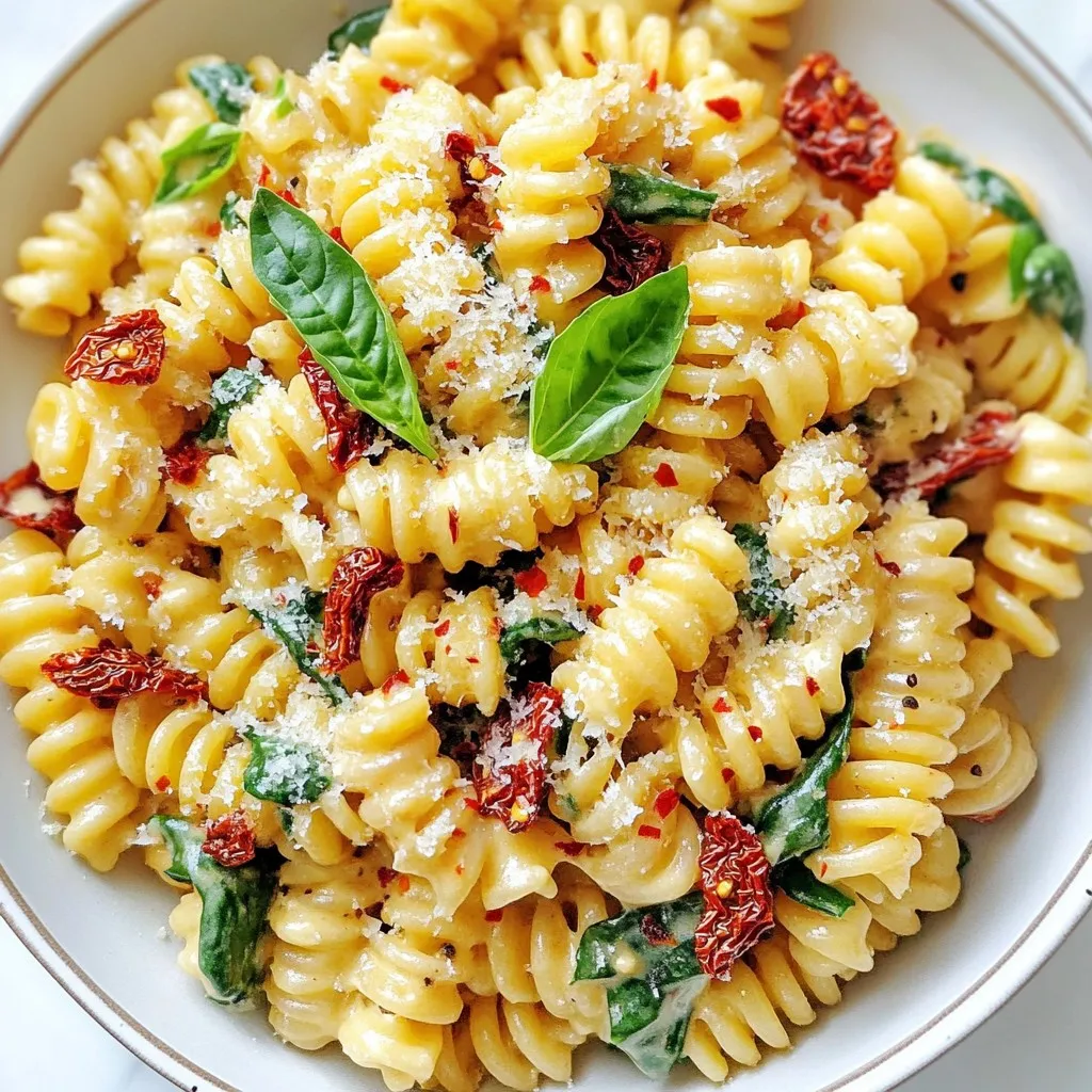 Here is what you need for No-Chop Sun-Dried Tomato Pasta. These ingredients come together to make a creamy, flavorful dish. - 8 oz pasta (your choice, such as rotini or fettuccine) - 1 cup sun-dried tomatoes in olive oil, drained and chopped (or leave whole for texture) - 1/2 cup heavy cream - 1/2 cup grated Parmesan cheese - 2 cloves garlic, minced - 1 tsp red pepper flakes (adjust according to spice preference) - 2 cups baby spinach - 2 tablespoons olive oil - Salt and pepper to taste - Fresh basil leaves for garnish (optional) This list includes rich flavors and textures, making the dish feel gourmet. Each ingredient plays a role. The sun-dried tomatoes add sweetness. The cream and cheese create the sauce's rich base. Spinach adds color and nutrients. You can mix and match the pasta type to your liking. Enjoy experimenting with this simple yet elegant meal! {{ingredient_image_1}} 1. Start by filling a large pot with water. Add a pinch of salt. 2. Bring the water to a rolling boil over high heat. 3. Once boiling, add 8 oz of your favorite pasta, like rotini or fettuccine. 4. Cook the pasta according to the package instructions, usually around 8-10 minutes. 5. When the pasta is al dente, reserve 1 cup of the pasta water. 6. Drain the pasta in a colander and set it aside. 1. In the same pot, add 2 tablespoons of olive oil over medium heat. 2. Add 2 cloves of minced garlic and sauté for about 1 minute. 3. The garlic should smell good but not brown. 4. Stir in 1 cup of sun-dried tomatoes and 1 teaspoon of red pepper flakes. 5. Cook this mix for about 2 minutes to let the flavors blend. 6. Pour in ½ cup of heavy cream and bring it to a gentle simmer. 7. Cook for another 2-3 minutes, stirring often until the sauce thickens slightly. 1. Lower the heat and add the drained pasta back into the pot. 2. Sprinkle in ½ cup of grated Parmesan cheese and toss well. 3. Gradually add the reserved pasta water until the sauce reaches your desired thickness. 4. Fold in 2 cups of baby spinach, letting it wilt into the pasta. 5. Season with salt and pepper to taste, mixing well. 6. Serve right away, garnished with fresh basil leaves if you like. Using reserved pasta water is key. It helps to create a creamy sauce. The starchy water adds smoothness. Start by adding a little at a time. Stir it in until the sauce coats the pasta. Adjust spice levels to suit your taste. If you like it spicy, add more red pepper flakes. For less heat, start with half a teaspoon. Taste as you go to find your perfect balance. You can easily make this dish dairy-free. Substitute heavy cream with coconut cream. Use nutritional yeast instead of Parmesan for a cheesy flavor. For gluten-free options, choose gluten-free pasta. Many brands offer great alternatives. Make sure to check the label for any allergens. Garnishing with basil makes your dish pop. Fresh basil adds color and flavor. Just sprinkle a few leaves on top before serving. For serving, use a large bowl. This allows everyone to help themselves. You can also pair it with a side salad for a complete meal. Pro Tips Perfect Pasta Texture: To achieve the best texture, cook the pasta until al dente, as it will continue to cook slightly when mixed with the sauce. Sun-Dried Tomato Variety: Use sun-dried tomatoes packed in oil for added flavor, but if you prefer a more intense taste, consider using dry sun-dried tomatoes that you can rehydrate. Adjusting Creaminess: If you prefer a creamier sauce, add more heavy cream or a splash of reserved pasta water to achieve your desired consistency. Fresh Spinach Substitute: If fresh spinach isn’t available, you can use kale or arugula as a delicious alternative, adding them at the same stage to wilt them into the dish. {{image_2}} You can boost the dish by adding protein. Chicken, shrimp, or tofu work great. If you choose chicken, use grilled or sautéed pieces. For shrimp, just cook them until pink and toss them in. If you prefer tofu, use firm tofu and sauté it until golden brown. Each option adds flavor and makes the meal heartier. You can add more veggies for texture and flavor. Try bell peppers for sweetness or mushrooms for earthiness. Zucchini or broccoli adds a nice crunch, too. You can also toss in peas or asparagus for a pop of color. Just make sure to cook them slightly before mixing them into the pasta. Feel free to explore different sauces. Instead of heavy cream, you might try a light tomato sauce. A basil pesto can give it a fresh twist. For a spicy kick, consider a garlic-infused olive oil. Each sauce changes the flavor, making the dish exciting and new every time! To keep your No-Chop Sun-Dried Tomato Pasta fresh, store any leftovers in an airtight container. Make sure to let the pasta cool down first. Place the container in the fridge. This method helps to keep the flavors intact. Leftovers can last up to three days in the refrigerator. When you are ready to enjoy the leftovers, reheat them gently. You can use a pan on low heat. Add a splash of water or extra cream to help keep the sauce smooth. Stir often to prevent sticking. If you prefer, you can microwave the pasta in a bowl, covering it to keep moisture in. Heat it for 1-2 minutes, then check if it’s warm enough. If you want to store the pasta for longer, freezing is a great option. Portion the pasta into freezer-safe bags or containers. Make sure to remove as much air as possible to prevent freezer burn. You can freeze it for up to three months. To thaw, place it in the fridge overnight. Reheat it gently as mentioned before. You can store No-Chop Sun-Dried Tomato Pasta in the fridge for up to 3 days. Place it in an airtight container to keep it fresh. The flavors will blend more as it sits, so it tastes even better the next day! Yes, you can make this dish ahead of time. Cook the pasta and sauce separately. Store each in different containers in the fridge. When ready to eat, simply heat the sauce and mix it with the pasta. This keeps everything fresh and tasty! Rotini and fettuccine are great choices for this dish. Rotini holds the sauce well in its twists. Fettuccine gives a nice, flat surface for the creamy sauce. Both cook quickly, making them perfect for a fast meal! In this blog post, I shared an easy recipe for No-Chop Sun-Dried Tomato Pasta. We covered the key ingredients like pasta, cream, and spices. I walked you through cooking the pasta and making a creamy sauce. You learned helpful tips for perfect flavor and texture, plus ways to modify it for dietary needs. Finally, we explored storage options and variations to keep your meals exciting. Enjoy this simple dish that’s packed with flavor and can suit anyone's taste. Happy cooking!