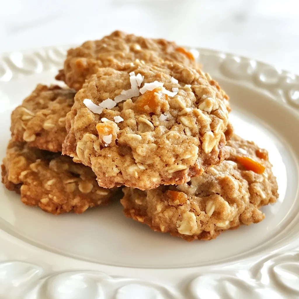 - 1 cup rolled oats - 1 cup whole wheat flour - 1 teaspoon baking soda - 1 teaspoon ground cinnamon - 1/2 teaspoon ground nutmeg - 1/4 teaspoon salt - 1/2 cup brown sugar, packed - 1/4 cup granulated sugar - 1/2 cup unsweetened applesauce - 1/3 cup vegetable oil - 1 teaspoon vanilla extract - 1 cup grated carrots (about 2 medium carrots) - 1/2 cup raisins - 1/2 cup chopped walnuts (optional) - 1/4 cup shredded coconut (optional) When I make carrot cake oatmeal cookies, I love how the flavors blend. The oats add a hearty texture. Whole wheat flour gives a nutty taste. Baking soda helps them rise, making them soft and fluffy. Cinnamon and nutmeg bring warmth, while salt enhances all the flavors. I use brown sugar for moisture and a hint of caramel. Granulated sugar helps the cookies spread just right. Applesauce keeps the cookies moist and adds sweetness. Vegetable oil makes them rich without being heavy. Vanilla extract rounds out the taste beautifully. Grated carrots give a sweet crunch. I often add raisins for a chewy bite. Chopped walnuts add a nice crunch. If you love coconut, the shredded version adds a tropical twist. Each ingredient plays a role, making these cookies a delightful treat. - Alternatives to oats and flour: Use almond flour and quinoa flakes for a gluten-free option. - Sweetener options: You can swap out sugars for maple syrup or agave nectar. - Vegan or gluten-free substitutes: Use flaxseed meal mixed with water instead of eggs, and almond milk instead of dairy. Experimenting with these substitutions can make the recipe fit your needs. Adjusting the ingredients keeps it fun and fresh! {{ingredient_image_1}} To start, preheat your oven to 350°F (175°C). This step is key for even baking. Next, grab a medium bowl. In this bowl, mix together your dry ingredients: - 1 cup rolled oats - 1 cup whole wheat flour - 1 teaspoon baking soda - 1 teaspoon ground cinnamon - 1/2 teaspoon ground nutmeg - 1/4 teaspoon salt Set this mixture aside for later. Now, take a large bowl. In this bowl, whisk together the wet ingredients: - 1/2 cup brown sugar, packed - 1/4 cup granulated sugar - 1/2 cup unsweetened applesauce - 1/3 cup vegetable oil - 1 teaspoon vanilla extract Make sure these ingredients blend well. Gradually add the dry mix to the wet mix. Stir gently until just combined. Finally, fold in the fun stuff: - 1 cup grated carrots (about 2 medium carrots) - 1/2 cup raisins - 1/2 cup chopped walnuts (optional) - 1/4 cup shredded coconut (optional) Mix until everything is evenly distributed. Now it’s time to form the cookies. Use a tablespoon to scoop the dough. Place each scoop on your lined baking sheet, spacing them about 2 inches apart. This helps them bake evenly. Bake the cookies in your preheated oven for 12-15 minutes. Keep an eye on them. They should be lightly golden at the edges when done. Once they are baked, take them out and let them cool on the baking sheet for 5 minutes. This helps them set up. After that, transfer the cookies to a wire rack to cool completely. Enjoy the warm, sweet aroma! To make the best carrot cake oatmeal cookies, focus on texture. If you want chewy cookies, use more applesauce and bake for less time. For crunchier cookies, add a few extra minutes to the bake time. Measuring ingredients correctly is key. Use a kitchen scale for precise amounts. This step helps ensure your cookies come out just right every time. Serve your cookies on a bright plate. A light dusting of powdered sugar adds a nice touch. You can also pair these cookies with a glass of milk or a hot cup of tea for a cozy treat. For spreads, consider cream cheese frosting or a simple vanilla yogurt. Both add an extra layer of flavor that pairs well with the spices in the cookies. Pro Tips Adjust Sweetness: If you prefer your cookies a bit sweeter, feel free to add an extra tablespoon of brown sugar or honey to the batter. Mix-In Variations: Experiment with different mix-ins such as dried cranberries or chocolate chips for a unique flavor twist. Storage Tips: Store any leftover cookies in an airtight container at room temperature for up to one week to keep them fresh. Perfect Baking: For perfectly baked cookies, ensure your oven is preheated fully before baking, and rotate the baking sheet halfway through to promote even cooking. {{image_2}} To make your carrot cake oatmeal cookies even better, try adding spices. Ginger adds a warm kick. Cloves bring a rich, sweet flavor. Just a pinch can change the taste. You can also mix in different nuts or dried fruits. Chopped pecans give a nice crunch. Dried cranberries add a tart, sweet bite. Experiment with what you like best! If you want a nut-free version, skip the walnuts. You can replace them with seeds like sunflower or pumpkin seeds. This keeps the cookies tasty and crunchy. For a lower sugar option, cut back on the brown and granulated sugar. You can use a sugar substitute, like stevia or monk fruit. Adjust to your taste for a healthier treat! To keep your carrot cake oatmeal cookies fresh, follow these simple tips: - Let the cookies cool completely before storing. - Use an airtight container to prevent them from drying out. - Layer the cookies with parchment paper to avoid sticking. For best results, store them at room temperature. They stay fresh for about a week. If you want to keep them longer, consider freezing. You can freeze both raw and baked cookies. Here’s how: 1. Freezing Raw Cookies: Scoop the dough onto a baking sheet. Freeze until firm, then transfer the cookie dough balls to a freezer bag. This way, you can bake fresh cookies anytime! 2. Freezing Baked Cookies: Place cooled cookies in a single layer in a container. You can also use parchment paper between layers. To thaw, simply leave the cookies at room temperature for a few hours. For a warm treat, reheat baked cookies in the oven at 350°F for about 5 minutes. Yes, you can use quick oats. Quick oats will make cookies softer. They absorb liquid faster, so you may need less liquid in your recipe. These cookies last about one week when stored properly. Keep them in an airtight container at room temperature. If you want them to last longer, store them in the fridge for up to two weeks. You can use mashed bananas or yogurt as substitutes for applesauce. Both will keep the cookies moist. If you choose yogurt, use plain, unsweetened yogurt for the best results. Yes, these cookies are great for meal prep. They pack well and make for a tasty snack or breakfast. You can bake a batch and store them in your fridge or freezer. You can reduce or omit the added sugars. The cookies may taste less sweet, but the carrots and applesauce still add natural sweetness. For a sweeter cookie, consider adding a little honey or maple syrup. You learned how to make tasty, healthy cookies with simple steps and substitutions. From the ingredients to storage tips, you now have all the tools to bake delicious treats. Remember, you can tweak these recipes to fit your taste and needs. Enjoy the process and have fun in the kitchen! Making cookies can be a joy for everyone. Happy baking!