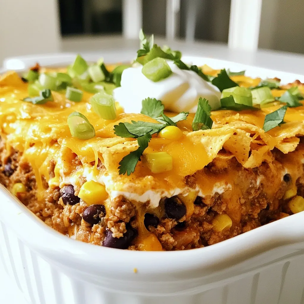To make the Family Favorite Taco Casserole, you need the following ingredients: - 1 lb ground beef or turkey - 1 can (15 oz) black beans, drained and rinsed - 1 can (15 oz) corn, drained - 1 can (10 oz) diced tomatoes with green chilies - 1 packet taco seasoning - 1 cup salsa - 2 cups tortilla chips, lightly crushed - 2 cups shredded cheddar cheese - 1 cup sour cream - 2 green onions, chopped - Fresh cilantro, for garnish (optional) These ingredients come together to create a warm, hearty dish. The ground meat gives it protein, while the black beans and corn add fiber. The diced tomatoes with green chilies bring a nice kick of flavor. Taco seasoning gives the whole dish its classic taste. Don't forget the salsa—it adds a fresh touch. The crushed tortilla chips provide a fun crunch. Finally, the cheddar cheese melts into gooey perfection. Topping it with sour cream and green onions makes it even better. Fresh cilantro can add a nice pop of color and flavor, too. {{ingredient_image_1}} First, you need to preheat your oven to 350°F (175°C). This step ensures that your casserole cooks evenly. In a large skillet, cook 1 pound of ground beef or turkey over medium heat. Use a spatula to break the meat into small pieces. Cook it until it’s fully brown. Drain any excess fat. Next, add in 1 can of black beans, 1 can of corn, and 1 can of diced tomatoes with green chilies. Sprinkle in 1 packet of taco seasoning and 1 cup of salsa. Stir the mix well. Let it simmer for about 5 minutes. This helps all the flavors blend nicely. Grab a greased 9x13 inch baking dish. Start by adding half of the crushed tortilla chips to the bottom of the dish. Then, spread half of the meat mixture over the chips. Next, sprinkle half of the shredded cheddar cheese on top. Repeat this layering with the remaining chips, meat, and cheese. Cover the baking dish with aluminum foil. Place it in the preheated oven and bake for 25 minutes. After that, remove the foil and bake for another 10 to 15 minutes. This step makes the cheese bubbly and golden. Once baked, let the casserole cool for about 5 minutes. Serve it with dollops of sour cream on top. You can also add chopped green onions and fresh cilantro if you like. Enjoy your delicious taco casserole! I love using ground beef for its rich taste. Ground turkey is a lighter choice. Both work well in taco casserole. Use lean meat to cut down on grease. Cook the meat fully before mixing it with other ingredients. It helps blend flavors better. Taco seasoning is key for good flavor. You can add more spices if you like. Consider cumin, paprika, or garlic powder. Fresh herbs also boost taste. Try adding chopped cilantro or parsley for freshness. A squeeze of lime juice brightens the dish. Don't skip the salsa; it adds moisture and zest. Let the casserole cool for five minutes before serving. This helps it set and makes it easier to slice. Top each serving with sour cream for creaminess. Add chopped green onions for crunch and color. Garnish with fresh cilantro for a pop of green. Serve with extra tortilla chips on the side for crunch. Pro Tips Use Fresh Ingredients: For the best flavor, opt for fresh produce like tomatoes and cilantro instead of canned or frozen options. Customize Your Spice Level: Adjust the amount of taco seasoning or add sliced jalapeños to enhance the heat according to your preference. Make Ahead: Prepare the casserole in advance and store it in the fridge. Just bake it when you're ready to serve for a quick meal. Garnish Creatively: Add toppings like avocado slices, diced tomatoes, or olives for extra flavor and texture. {{image_2}} You can easily make a vegetarian taco casserole. Instead of meat, use more black beans or lentils. These options add protein and fiber. You can also add veggies like bell peppers, zucchini, or mushrooms. Just sauté them with the spices before layering. This keeps the flavor strong and fresh! Cheddar cheese is great, but you can switch it up. Try Monterey Jack for a milder taste. Or go for pepper jack if you want some heat. You can also mix two types of cheese for a richer flavor. Just remember, the cheese should melt well for that gooey texture. If you like heat, add jalapeños or hot sauce to the meat mixture. You can also sprinkle some chili powder for extra spice. Want it even spicier? Try using spicy salsa. Just make sure to balance the heat with sour cream or avocado on top. This way, you get a kick without overwhelming your taste buds. After you make your taco casserole, let it cool to room temp. Then, cover it tightly with plastic wrap or aluminum foil. You can keep it in the fridge for up to three days. This way, the flavors will stay fresh. To freeze, first let the casserole cool completely. Cut it into portions for easy use later. Wrap each portion in plastic wrap, then place them in a freezer-safe bag. You can freeze it for up to three months. Just remember to label the bags with the date. When you are ready to eat, remove a portion from the freezer. Thaw it in the fridge overnight. If you need it faster, you can use the microwave. Heat it at medium power for 2-3 minutes. For oven reheating, preheat to 350°F (175°C). Bake for 20 minutes, until it is hot and the cheese is melted. Enjoy it with your favorite toppings! Yes, you can use different beans. Pinto beans and kidney beans work well. They add good taste and texture. You could even use chickpeas for a twist. Just make sure to rinse them well before adding. To make this dish gluten-free, choose gluten-free tortilla chips. Also, check your taco seasoning for any hidden gluten. Many brands offer gluten-free options. This way, everyone can enjoy the casserole without worry. Some great toppings for taco casserole include sour cream, chopped green onions, and fresh cilantro. You can also add sliced jalapeños for heat. Avocado or guacamole add creaminess. Let your family pick their favorite toppings! Leftovers can be stored in the fridge for about three to four days. Make sure to cover the casserole well. You can also freeze leftovers for up to three months. Just thaw in the fridge before reheating. Enjoy the tasty meal again! This blog post shared a tasty taco casserole recipe. You learned about the key ingredients and how to make it step by step. I also provided tips for perfecting the dish and variations to suit your taste. Remember, you can customize flavors, adjust serving ideas, and store leftovers easily. Cooking should be fun, so get creative with your ingredients. Enjoy making this casserole for friends and family, and share your delicious results!