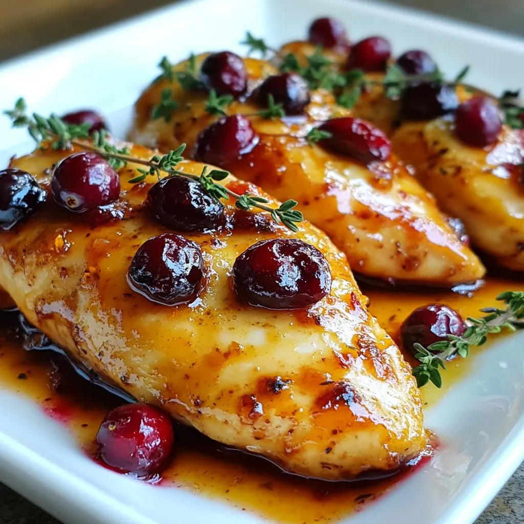 - 4 boneless, skinless chicken breasts - 1 cup fresh or frozen cranberries - 1/2 cup orange juice - 1/4 cup maple syrup - 2 tablespoons soy sauce - 1 teaspoon ginger, grated - 2 cloves garlic, minced - 1 tablespoon olive oil - Salt and pepper, to taste - Fresh thyme or parsley for garnishing You can swap ingredients based on what you have. Use chicken thighs if you prefer dark meat. If you lack fresh cranberries, frozen ones work great. You can replace orange juice with lemon juice or apple juice for a twist. Instead of maple syrup, honey can give a nice sweetness. If you want a gluten-free option, use tamari instead of soy sauce. Cranberries are rich in vitamins C and K. They help boost your immune system and support heart health. Orange juice adds vitamin C and folate, which are good for your skin and bones. Maple syrup provides antioxidants and minerals like zinc and manganese. Ginger has anti-inflammatory properties, and garlic can help lower blood pressure and cholesterol. Olive oil is a healthy fat that promotes heart health. {{ingredient_image_1}} Start by gathering all your ingredients. You need four boneless, skinless chicken breasts, one cup of cranberries, and half a cup of orange juice. Also, prepare a quarter cup of maple syrup, two tablespoons of soy sauce, and a teaspoon of grated ginger. Don’t forget two minced garlic cloves, a tablespoon of olive oil, and some salt and pepper. Next, preheat your oven to 375°F (190°C). This will get your oven ready for the chicken. While it heats, season the chicken breasts with salt and pepper on both sides. This step adds flavor to your dish. In a medium saucepan, add the cranberries, orange juice, maple syrup, soy sauce, ginger, and garlic. Heat this over medium heat. Stir the mixture until the cranberries pop. This takes about ten minutes. You want the glaze to thicken a bit. Once done, remove it from the heat and set it aside. In a large oven-safe skillet, heat the olive oil over medium-high heat. Add the chicken breasts and sear them for about three to four minutes on each side. You want the chicken to turn a nice golden brown. After that, pour the cranberry-orange mixture over the chicken in the skillet. Now, transfer the skillet to your preheated oven. Bake the chicken for 25 to 30 minutes. The chicken needs to reach an internal temperature of 165°F (75°C). After baking, remove the skillet from the oven and let the chicken rest for five minutes. Finally, slice the chicken and drizzle it with the remaining glaze. Garnish with fresh thyme or parsley to add a pop of color. Enjoy your meal! To sear chicken well, heat your skillet first. Use medium-high heat for best results. Add olive oil to the hot skillet. The oil should shimmer before adding chicken. Place the chicken breasts in the skillet without crowding. This helps them brown nicely. Sear for 3-4 minutes on each side. Look for a golden crust. This step adds flavor to your dish. To boost the taste, focus on your glaze. Use fresh or frozen cranberries for the best flavor. Mix orange juice, maple syrup, and soy sauce for a sweet and tangy blend. Ginger and garlic add depth. Let the mixture bubble until the cranberries pop. This thickens the glaze and releases juices. Pour this glaze over the chicken for a tasty finish. A few simple steps help prevent errors. First, don't skip the seasoning. Salt and pepper enhance the chicken's natural taste. Ensure your oven is fully preheated before baking. This ensures even cooking. Avoid overcooking; check the chicken's internal temperature. It should reach 165°F (75°C). Let the chicken rest after baking. This keeps it juicy and flavorful. Pro Tips Use Fresh Cranberries: If possible, opt for fresh cranberries for a brighter flavor and better texture in your glaze. Marinate for Flavor: For an even deeper flavor, consider marinating the chicken in the cranberry-orange mixture for a few hours before cooking. Check Chicken Temperature: Always use a meat thermometer to ensure your chicken reaches an internal temperature of 165°F (75°C) for safe consumption. Customize the Sweetness: Adjust the amount of maple syrup according to your taste preference; feel free to substitute with honey for a different flavor profile. {{image_2}} You can switch up the flavors in this dish easily. Try using apple juice instead of orange juice for a sweeter note. If you want to spice things up, add a dash of chili flakes to the glaze. For a tangy twist, mix in some balsamic vinegar. You can also swap cranberries for pomegranate seeds or cherries for a different taste. Both stovetop and oven cooking work well for this recipe. If you use the stovetop, sear the chicken in a skillet. After searing, add the glaze and let it simmer for about 15 minutes. This method cooks the chicken faster. The oven method gives a nice even cook and a slightly crispier texture. It also allows the chicken to soak up more of that tasty glaze. This dish pairs well with many sides. Try serving it with rice or quinoa to soak up the glaze. Roasted veggies or a fresh salad also make great choices. If you want to keep it simple, mashed potatoes are a hit. You could even add some bread to enjoy the sauce. Choose sides that balance the sweet and savory notes of the chicken for a perfect meal. To store leftover cranberry chicken, first let it cool. Place it in an airtight container. You can keep it in the fridge for up to 3 days. Make sure to add some of the glaze to keep it moist. When reheating, I suggest using an oven or stovetop. Preheat your oven to 350°F (175°C). Cover the chicken with foil to keep it from drying out. Heat for about 15 to 20 minutes. If using a stovetop, add a splash of orange juice to the pan and warm it over low heat. This keeps the flavor fresh. You can freeze cranberry chicken if you want to save it for later. Place the cooled chicken in a freezer-safe bag. Press out all the air before sealing. It will last for up to 3 months in the freezer. When ready to eat, thaw it in the fridge overnight before reheating. Yes, you can use frozen chicken breasts. Just remember to thaw them first. Defrost overnight in the fridge or use the microwave. This helps the chicken cook evenly. The best way to check chicken is to use a meat thermometer. Insert it into the thickest part. Look for a temperature of 165°F (75°C). If you don’t have a thermometer, cut into the chicken. The juices should run clear, not pink. You have many tasty options for sides. Here are some ideas: - Steamed broccoli - Rice or quinoa - Mashed potatoes - A fresh green salad - Roasted vegetables These sides complement the sweet and tangy flavors of the chicken. Enjoy your meal! This blog post covered how to make a tasty cranberry chicken dish. We discussed the key ingredients and their health benefits. I shared step-by-step cooking instructions and offered tips for perfect results. You learned variations to use different flavors and cooking methods. Finally, I explained how to store and reheat leftovers for best taste. With these insights, you can now create a delicious meal everyone will enjoy.